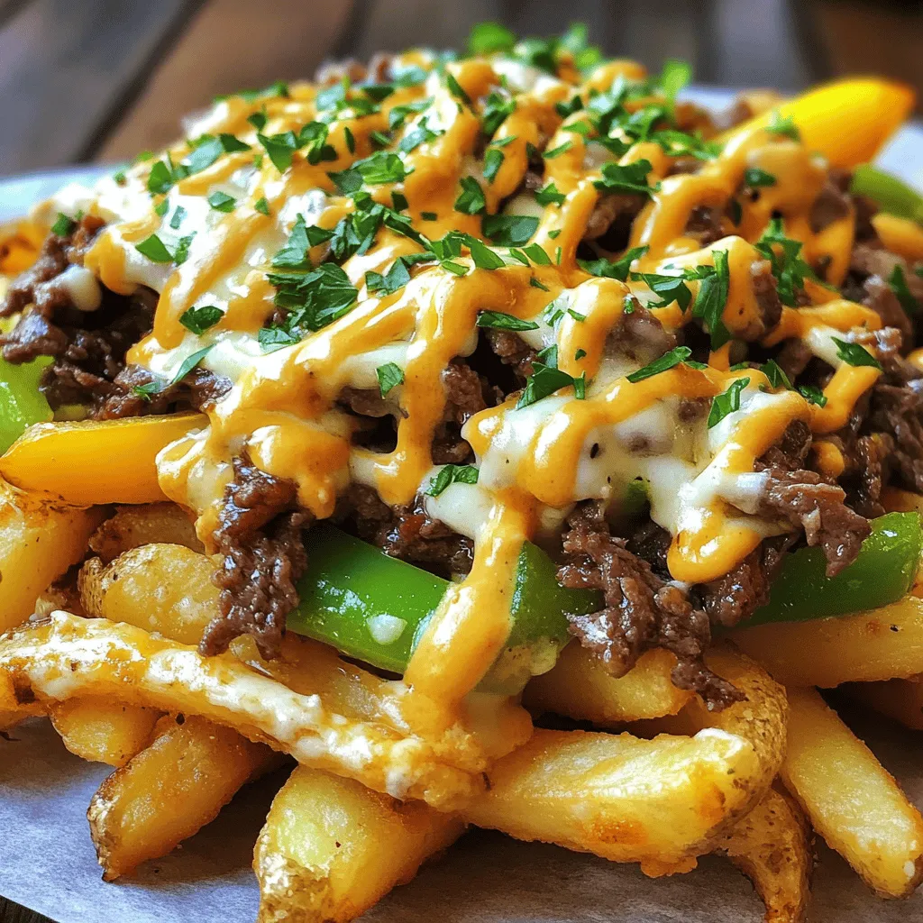 When making Loaded Philly Cheesesteak Fries, you need fresh and quality ingredients. They bring out the best flavors. Here’s what you will need: - 4 large russet potatoes - 1 lb beef steak (sirloin or ribeye), thinly sliced - 1 small onion, finely chopped - 1 green bell pepper, finely chopped - 1 cup provolone cheese, shredded - ½ cup cream cheese, softened - 1 tablespoon Worcestershire sauce - 2 tablespoons olive oil - 2 cloves garlic, minced - Salt and black pepper to taste - Fresh parsley, chopped (for garnish) Each ingredient plays a key role. The russet potatoes give you crispy fries. The beef adds rich, hearty flavor. The onion and bell pepper bring sweetness and crunch. Cheese binds everything together in a gooey layer of goodness. You can find all these ingredients at your local grocery store. Using fresh herbs like parsley at the end adds a nice touch. It makes the dish look pretty and brightens the flavors. For the full recipe, refer to the instructions to create this delightful dish. - Preheat oven to 425°F (220°C). - Wash and slice the russet potatoes into fries. - Pat fries dry to ensure crispiness. First, I preheat my oven to 425°F. This temperature makes the fries crispy and golden. I wash the russet potatoes well to remove dirt. Next, I slice them into long, thin strips. I make sure to pat the fries dry with a paper towel. This step helps them get that perfect crunch. - Combine potatoes with olive oil, salt, and pepper. - Arrange fries on a baking sheet and bake. In a large bowl, I mix the sliced potatoes with olive oil, salt, and pepper. I want every fry to have flavor. Then, I lay the fries flat on a baking sheet. I bake them for 30-35 minutes. Flipping them halfway helps them cook evenly and get crispy on all sides. - Sauté onions and bell peppers in a skillet. - Add minced garlic and cook for flavor enhancement. - Introduce beef and seasoning. While the fries bake, I heat a skillet over medium-high heat. I add a little olive oil and toss in the chopped onions and bell peppers. I sauté them for about 5 minutes until they soften. Then, I add minced garlic, which adds a great flavor. Next, I introduce the thinly sliced beef. I season it with Worcestershire sauce, salt, and pepper. I cook the beef until it turns brown, about 5-7 minutes. - Mix cream cheese and half of the provolone cheese. In a separate bowl, I blend the cream cheese with half of the provolone cheese. This mixture becomes creamy and rich. It will melt beautifully over the fries. - Layer cooked beef and veggies over baked fries. - Drizzle cheese mixture on top. - Sprinkle remaining provolone cheese. Once the fries are ready, I take them out of the oven. I layer the cooked beef and veggies evenly over the fries. Then, I drizzle the creamy cheese mixture on top. Finally, I sprinkle the rest of the provolone cheese for extra gooeyness. - Bake until cheese is melted and bubbly. I put the loaded fries back in the oven for 5-7 minutes. I watch closely until the cheese bubbles and melts. This final bake makes everything come together. The dish is now ready to enjoy! To get crispy fries, start with drying the potatoes well. Water makes fries soggy. After washing and cutting them, use a paper towel to pat them dry. This step is key for crispiness. Also, space out the fries on the baking sheet. If they are too close, they will steam instead of bake. Give each fry room to get golden and crunchy. Add some spice for extra flavor. A pinch of smoked paprika or garlic powder can elevate the taste. You can also try a dash of cayenne for heat. When it comes to cheese, provolone is a classic choice. However, you can mix it up with cheddar or even pepper jack. Each cheese brings a different taste to the dish. Timing is essential when cooking the meat. Aim for about 5-7 minutes to cook the beef until it’s brown and not pink. For the cheese, keep an eye on it during the final bake. You want it melted and bubbly but not burnt. If you see it starting to brown too much, take it out. These tips will help you create the best Loaded Philly Cheesesteak Fries. For more details, refer to the Full Recipe. {{image_4}} For a tasty vegetarian twist, you can swap out the beef. Try using hearty mushrooms instead, like portobello or shiitake. They offer rich flavor and texture. You can also use plant-based meats, such as seitan or tempeh. These options give you the same meaty bite without the meat. If you like heat, add jalapeños or a splash of hot sauce. Both add a nice kick to your dish. For cheese, consider spicy blends like pepper jack or a mix of cheddar and hot sauce. These will melt nicely and enhance the dish's flavor. Elevate your fries with gourmet touches. Sautéed mushrooms or roasted garlic add depth and richness. A drizzle of truffle oil can transform your dish into a fancy treat. These additions create a more complex flavor that impresses everyone. Don't hesitate to get creative! Check out the Full Recipe for more ideas to make your Loaded Philly Cheesesteak Fries unforgettable. To keep your Loaded Philly Cheesesteak Fries fresh, use an airtight container. This will help lock in moisture and flavors. It's best to refrigerate them right after they cool. They can last for about three days in the fridge. When you reheat your fries, aim to keep them crispy. The oven works best for this. Preheat your oven to 375°F (190°C). Place the fries on a baking sheet and heat for about 10-15 minutes. This way, they stay crunchy. If you're in a hurry, the microwave is an option, but be cautious. Microwaving can make them soggy. You can freeze the assembled loaded fries for later. To do this, let them cool down fully. Then, place them in a freezer-safe bag or container. They can stay frozen for up to two months. When you're ready to enjoy them, thaw them overnight in the fridge. Reheat them in the oven for the best texture. This method will help restore their original crispiness. Provolone cheese is the classic choice for Loaded Philly Cheesesteak Fries. It melts well and has a mild, creamy flavor. Other good options include: - Cheddar cheese: Sharp and tangy, it adds a bold flavor. - Mozzarella cheese: Mild and stretchy, it creates a gooey texture. - Pepper Jack cheese: A bit spicy, it gives a nice kick. Each cheese brings a unique taste to the dish. Mixing different cheeses can enhance the flavor profile and add depth. Yes, you can prepare Loaded Philly Cheesesteak Fries ahead of time. - Meal prep: You can cook the fries and beef mixture separately. Store them in airtight containers in the fridge. - Storage time: They can last up to three days in the fridge. Just remember to keep the cheese separate until you are ready to bake. When you’re ready to eat, just assemble and bake as directed in the Full Recipe. This makes for a quick and delicious meal! Loaded Philly Cheesesteak Fries pair well with various dipping sauces and drinks. Here are my suggestions: - Dipping sauces: - Ranch dressing - Spicy ketchup - Garlic aioli - Drink pairings: - An ice-cold beer complements the rich flavors. - A sweet soda balances the savory taste. - Lemonade adds a refreshing touch. These pairings enhance the overall experience and make your meal even more enjoyable! In this post, we explored how to make Loaded Philly Cheesesteak Fries. We detailed ingredients, step-by-step steps, and tips for the best results. You learned how to achieve crispy fries and how to customize flavors. Whether you choose to add spice or go vegetarian, there’s a version for you. Enjoy your creation as a snack or meal. Your loaded fries will impress anyone lucky enough to share them with you!