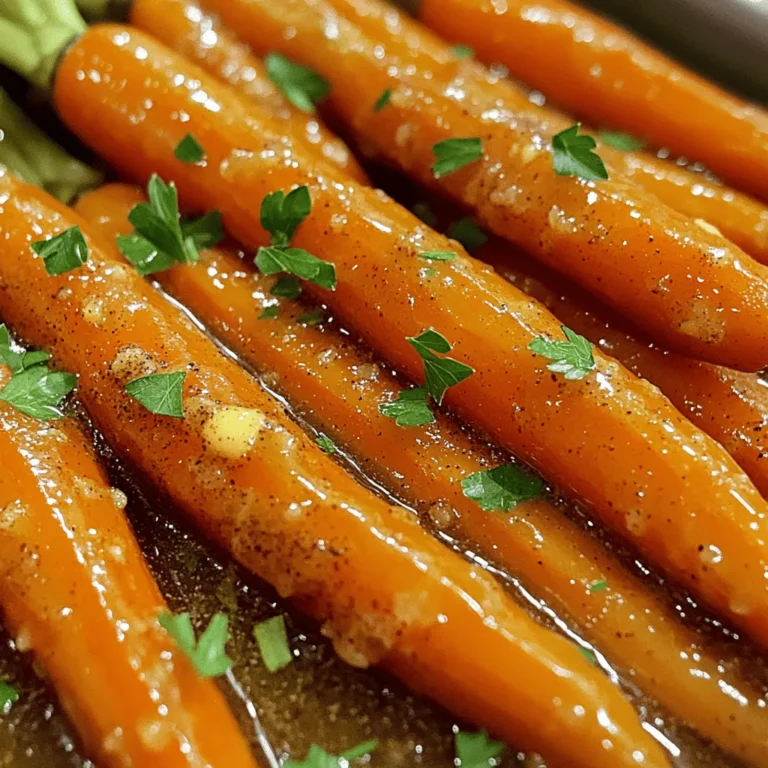 To create the best brown sugar glazed carrots, gather these fresh and simple ingredients: - 1 pound baby carrots, peeled - 1/4 cup unsalted butter - 1/4 cup brown sugar - 1/2 teaspoon ground cinnamon - 1/4 teaspoon ground nutmeg - 1/4 cup vegetable broth - Salt and pepper, to taste - Fresh parsley, finely chopped (for garnish) These ingredients bring together a perfect blend of sweetness and warmth. The baby carrots are sweet on their own, but the brown sugar adds a rich flavor. Butter gives a smooth texture, while spices like cinnamon and nutmeg enhance the taste. Using vegetable broth instead of water makes the glaze even tastier. The salt and pepper help to round out the flavors. Finally, a sprinkle of fresh parsley adds a pop of color and freshness. This dish is not only delicious but also easy to make. Check out the Full Recipe for step-by-step instructions. 1. Begin by placing the peeled baby carrots in a large pot. 2. Cover them with water and bring the pot to a rolling boil. 3. Cook the carrots for about 5 minutes until they are just tender. 4. Once cooked, drain the carrots and set them aside. 1. In the same pot, melt 1/4 cup of unsalted butter over medium heat. 2. Once the butter is fully melted and bubbly, add 1/4 cup of brown sugar. 3. Stir in 1/2 teaspoon of ground cinnamon and 1/4 teaspoon of ground nutmeg. 4. Pour in 1/4 cup of vegetable broth and season with salt and pepper. 5. Mix everything thoroughly until the brown sugar dissolves. 1. Carefully return the drained carrots to the pot with the glaze. 2. Toss the carrots gently to coat them evenly in the sweet mixture. 3. Lower the heat to a gentle simmer and let them cook for about 10 minutes. 4. Stir occasionally to help the carrots become tender and the glaze thicken slightly. 5. Remove from heat when the carrots are beautifully glazed and tender. 6. Before serving, sprinkle freshly chopped parsley on top for a pop of color. For the full recipe, you can refer to the Sweet Harmony Glazed Carrots section. To ensure your carrots are tender, start by boiling them. Boil for about 5 minutes. This softens them without losing crunch. If you overcook, they become mushy, which is not what we want. Dissolving the brown sugar properly is key. After melting the butter, add the brown sugar slowly. Stir the mixture until the sugar dissolves completely. This step gives you a smooth glaze, not a grainy one. Presentation matters when serving brown sugar glazed carrots. Sprinkle fresh parsley on top for a pop of color. It adds a nice contrast and fresh flavor. You can also serve these carrots in a shallow bowl to show off the glaze. Pair these sweet carrots with roasted chicken or grilled pork. Their sweetness balances well with savory dishes. You can even serve them with a simple salad to brighten the meal. The sweetness from brown sugar blends well with spices like cinnamon and nutmeg. This mix creates a warm flavor that feels cozy. The spices lift the sweetness and give depth to every bite. These carrots also have complementary flavors. The natural earthiness of carrots works perfectly with the glaze. This makes them a versatile side dish that enhances many meals. Enjoy the mix of sweet and savory in each bite. {{image_4}} You can use maple syrup or honey instead of brown sugar. Both add a different sweet taste. Maple syrup gives a rich flavor, while honey is floral and light. Adjust the amount based on your taste. If you need less sugar, try using just half the amount. This way, you can still enjoy the sweet glaze without the extra sugar. While baby carrots shine in this dish, you can try other root veggies too. Parsnips or sweet potatoes work well. They bring a unique taste and texture. You can also mix in green beans or peas for color and crunch. This adds more nutrients and makes your dish more fun. To give your carrots more texture, add nuts like slivered almonds or walnuts. They add a nice crunch. You can also toss in dried fruits, like cranberries or raisins, for a sweet surprise. Don't forget to experiment with herbs too. Fresh thyme or rosemary can enhance the flavor, making your dish even more special. For the complete cooking process, check the Full Recipe to get all the details! To keep your brown sugar glazed carrots fresh, follow these steps. First, let the carrots cool to room temperature. Next, place them in a resealable container. This helps keep them moist. Store them in the fridge for up to three days. If you use a glass container, it blocks odors and keeps carrots tasty. When you're ready to enjoy leftovers, reheat them carefully. The best method is to use the stovetop. Place the carrots in a pan over low heat. Add a splash of vegetable broth to prevent sticking. Stir gently as they warm up. This keeps them from becoming mushy. You can also microwave them in short bursts. Use a microwave-safe dish and cover it loosely. If you want to freeze your glazed carrots, you can do so. Just make sure they cool completely first. Place them in an airtight container or freezer bag. They can last up to three months in the freezer. When you're ready to eat them, thaw them in the fridge overnight. Reheat them using the stovetop method to keep their flavor intact. For the full recipe, check out the Sweet Harmony Glazed Carrots section. To make brown sugar glazed carrots from scratch, follow these simple steps: 1. Boil the Carrots: Start by placing 1 pound of peeled baby carrots in a pot. Cover them with water and bring to a boil. Cook for about 5 minutes until tender. Drain the carrots and set them aside. 2. Make the Glaze: In the same pot, melt 1/4 cup of unsalted butter over medium heat. Once melted, add 1/4 cup of brown sugar, 1/2 teaspoon of ground cinnamon, and 1/4 teaspoon of ground nutmeg. Stir until well mixed. 3. Combine Ingredients: Pour in 1/4 cup of vegetable broth and season with salt and pepper. Mix until the brown sugar dissolves. 4. Coat the Carrots: Add the drained carrots back into the pot. Toss them in the glaze, making sure they are well coated. 5. Simmer: Lower the heat to a gentle simmer. Cook for about 10 minutes, stirring occasionally. This allows the carrots to soak up the flavor and the glaze to thicken. 6. Garnish: Remove from heat and sprinkle with fresh parsley before serving. This adds color and brightness. These steps will help you create a delicious side dish that is sweet and savory. Yes, you can use granulated sugar instead of brown sugar. However, there are some differences. Brown sugar has molasses, which gives it a rich flavor and moisture. - Sweetness: Granulated sugar is sweeter but lacks the deep flavor of brown sugar. - Texture: Brown sugar provides a softer texture in dishes like glazed carrots. If you choose granulated sugar, you might want to add a bit of molasses or honey for a similar taste. This will enhance the flavor profile of your dish. Brown sugar glazed carrots pair well with many dishes. Here are some great options: - Roast Chicken: The sweetness of the carrots complements the savory flavors of roast chicken. - Grilled Pork Chops: The glaze adds a nice contrast to the savory pork. - Baked Ham: The sweet carrots enhance the rich taste of ham. - Quinoa Salad: For a lighter option, serve with a fresh quinoa salad. These pairings create a balanced meal that everyone will enjoy. You now have a simple recipe for brown sugar glazed carrots. It includes all the ingredients, detailed steps, tips, and storage methods. Remember, you can modify the recipe with different vegetables and sweeteners. This dish adds sweetness and color to your meals. Enjoy cooking and sharing this tasty side dish with friends and family. I hope you find joy in every bite of these delicious carrots!
