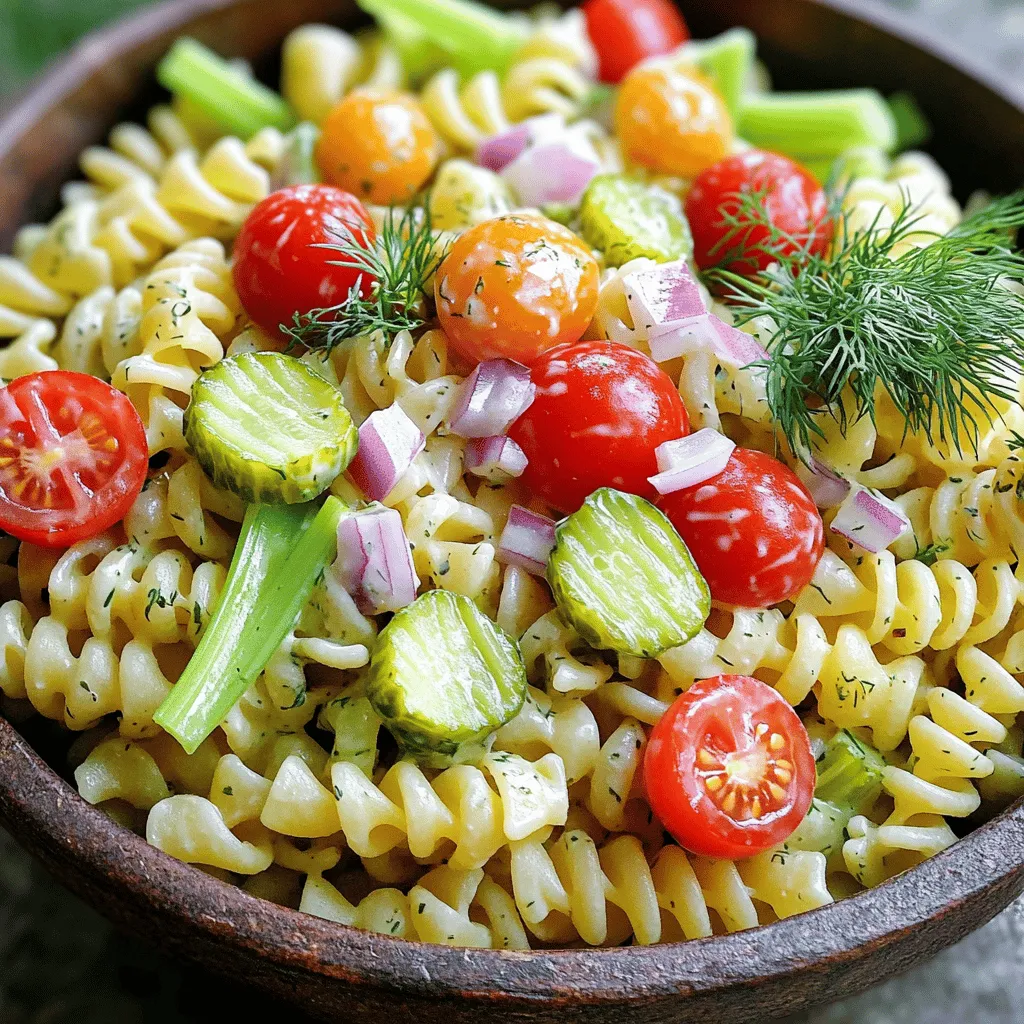 - 12 oz rotini pasta - 1 cup dill pickles, diced - 1/2 cup red onion, finely chopped - 1/2 cup cherry tomatoes, halved - 1 cup celery, diced - 1 cup mayonnaise - 1/4 cup Greek yogurt - 2 tablespoons pickle juice - 2 tablespoons fresh dill, chopped - 1 teaspoon garlic powder - Salt and freshly ground black pepper to taste Pasta selection and cooking tips I love using rotini pasta for this salad. The twists hold the creamy dressing well. Cook it until it's al dente, about 8 to 10 minutes. Drain and rinse with cold water to stop the cooking. Importance of dill pickles in flavor profile Dill pickles are the star of this dish. Their crunch and tang add a unique twist. The vinegar and spices from the pickles brighten up the whole salad. Role of creamy dressing ingredients The creamy dressing blends mayonnaise and Greek yogurt. This mix gives a rich, smooth texture. The pickle juice and fresh dill enhance the flavors. Garlic powder adds a nice depth. Together, they create a tangy and flavorful coating for the pasta and veggies. For the full recipe, check out [Full Recipe]. To cook rotini pasta, first, fill a large pot with water. Add a generous amount of salt to the water. Bring it to a rolling boil over high heat. Once boiling, add the rotini pasta. Cook it for about 8 to 10 minutes. You want the pasta to be al dente. This means it should be firm but not hard. When the pasta is done, drain it in a colander. Rinse it under cold running water. This stops the cooking and cools the pasta down. In a big mixing bowl, add the cooled rotini pasta. Next, mix in the diced dill pickles, finely chopped red onion, halved cherry tomatoes, and diced celery. Stir gently to combine all the ingredients. To chop vegetables uniformly, use a sharp knife. Cut them into similar sizes. This makes the salad look nice and makes it easier to eat. In another bowl, add the mayonnaise and Greek yogurt. Then, pour in the pickle juice. Add the chopped fresh dill and garlic powder. Use a whisk to blend the ingredients until smooth. This helps create a creamy texture. After mixing, taste the dressing. If needed, add salt and freshly ground black pepper to adjust the flavor. Now, pour the creamy dressing over the pasta and vegetable mix. Use a spatula or large spoon to fold everything together gently. Make sure the pasta and vegetables are coated evenly. This step is key to ensure every bite is full of flavor. Chilling the salad is important for the best flavor. It helps all the ingredients meld together. Cover the bowl with plastic wrap or transfer the salad to an airtight container. Let it chill in the fridge for at least 30 minutes. This waiting time allows the flavors to develop fully. Enjoy this creamy dill pickle pasta salad as a delightful side dish at your next gathering. If you want the complete details, check the Full Recipe. To make your creamy dill pickle pasta salad pop, focus on balancing flavors. You want a good mix of tangy, creamy, and fresh. Start with the seasonings. A little salt enhances taste, while black pepper adds warmth. Don't forget the star of the show: dill pickles. Their tanginess is the key. For extra flavor, consider adding more herbs. Fresh dill is a must, but you can mix in parsley or chives for a new twist. Experimenting with these herbs can bring unique notes to your dish. A beautiful presentation makes any dish more appealing. Serve your pasta salad in a large, colorful bowl. This will attract attention at any gathering. To elevate its look, garnish with extra sprigs of fresh dill. Whole cherry tomatoes can add a burst of color on top. This simple addition makes your dish pop. You can also use a clear glass bowl to show off the colorful ingredients. Layering the pasta salad can create visual interest. Each layer showcases the vibrant colors of the vegetables. Texture is just as important as flavor. To add crunch, consider mixing in some toasted nuts or seeds. Chopped walnuts or sunflower seeds work well here. They bring a delightful crunch that contrasts with the creamy dressing. To avoid mushy pasta, cook the rotini just until al dente. Rinse it under cold water right after cooking. This stops the cooking process and keeps the pasta firm. If you plan to store the salad, mix in the dressing right before serving. This keeps the pasta from soaking up too much moisture. For the full recipe, check out the [Full Recipe]. {{image_4}} You can swap out mayonnaise for sour cream or avocado. This change gives a rich flavor. Greek yogurt works well too. If you want to cut calories, use low-fat versions. For yogurt, try a dairy-free option like cashew yogurt. This keeps the dish creamy without dairy. You can also add different vegetables. Bell peppers, cucumbers, or carrots bring color and crunch. If you want protein, add diced chicken or chickpeas. Both will make your salad heartier. To add some heat, mix in jalapeños or a splash of hot sauce. This gives a fun kick to the creamy texture. If you prefer milder flavors, skip the spice. Experimenting with herbs can also change the taste. Fresh basil or parsley can bring a new twist. Dill is classic, but don’t be afraid to try something new. While rotini is a great choice, other pasta shapes work too. Try fusilli, penne, or farfalle for variety. Each pasta offers a unique texture. For those needing gluten-free options, use brown rice or chickpea pasta. These alternatives taste great and add extra nutrition. Choose based on your preference for a fun twist in every bite. You can find the full recipe in the earlier sections for more details. To keep your creamy dill pickle pasta salad fresh, store it in the fridge. Place the pasta salad in an airtight container. This helps prevent any odors from other foods. If you don't have one, use a bowl covered tightly with plastic wrap. Make sure it seals well to keep moisture in. Your creamy dill pickle pasta salad will last about three to five days in the fridge. Always check for signs of spoilage. Look for a change in color or an unusual smell. If it seems off, it’s best to throw it away. Trust your senses; they are your best guide. Yes, you can freeze creamy pasta salad, but it may change texture. If you choose to freeze it, use a freezer-safe container. Leave some space at the top for expansion. When ready to eat, thaw it in the fridge overnight. Stir well before serving. If the dressing separates, mix it back together. Creamy Dill Pickle Pasta Salad is a fun dish that mixes pasta with crunchy vegetables and a tangy dressing. The dish features rotini pasta, dill pickles, red onion, cherry tomatoes, and celery. The creamy dressing blends mayonnaise, Greek yogurt, dill, and pickle juice. This salad is both fresh and satisfying, perfect for picnics. Yes, you can make this salad ahead of time. I recommend preparing it a day before you plan to serve it. The flavors get better as they chill. Store the salad in an airtight container in the fridge. Just give it a quick stir before serving to mix everything well. This salad pairs well with various dishes. I suggest serving it with grilled chicken or burgers for a complete meal. You can also enjoy it alongside fresh fruit or a simple green salad. The tangy flavors complement many foods, making it a versatile side dish. Absolutely! To make this salad vegan, swap the mayonnaise and Greek yogurt for plant-based versions. You can use vegan mayo and a dairy-free yogurt. Also, ensure that the pickle juice and other ingredients are vegan-friendly. This way, everyone can enjoy this tasty dish. To serve more people, just scale up the ingredient amounts. You can double or triple the recipe easily. For example, use 24 oz of rotini pasta and double the amount of pickles and other veggies. This way, you can create a larger bowl of creamy dill pickle pasta salad for gatherings. You can find the Full Recipe above for exact measurements and instructions. This blog post shared a detailed recipe for Creamy Dill Pickle Pasta Salad. We covered the important ingredients, cooking steps, and helpful tips. You learned about the unique flavors of dill pickles and how they shine in this dish. Remember, chilling the salad allows the flavors to blend well. Feel free to experiment with different veggies or pasta types to make it your own. This dish is easy, tasty, and fun to share with friends and family. Enjoy creating your salad masterpiece!
