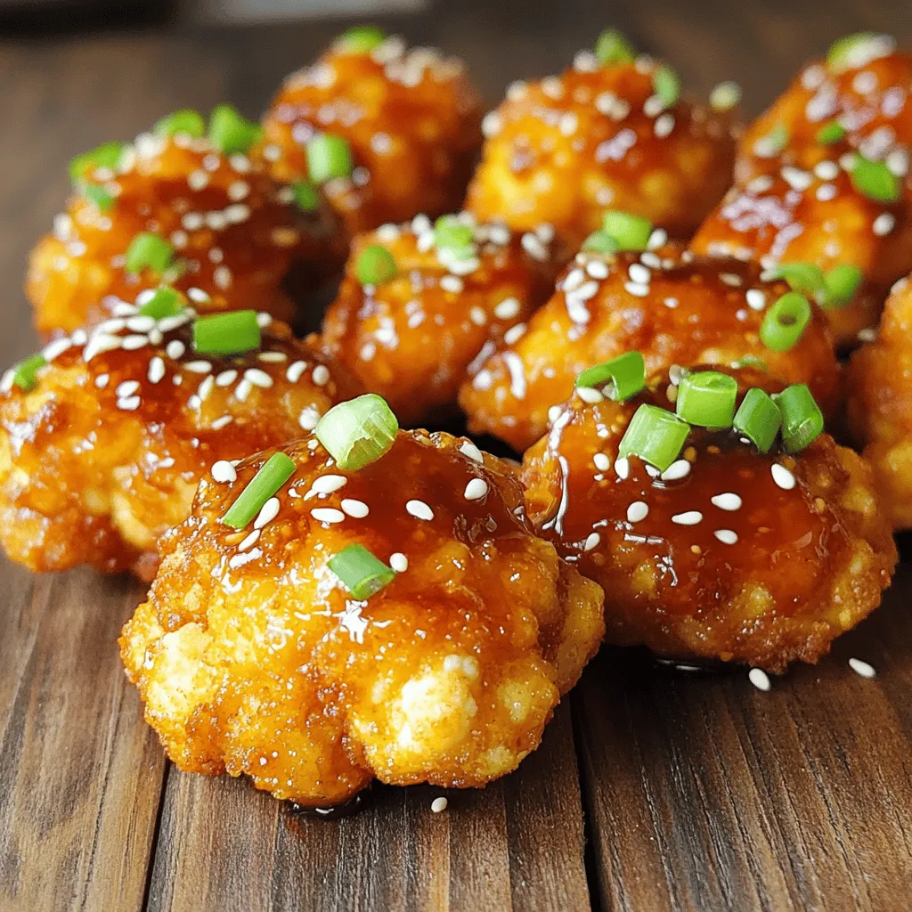 - 1 medium head cauliflower, broken into bite-sized florets - 1/2 cup all-purpose flour - 1/2 cup almond milk (or your choice of plant-based milk) - 1 teaspoon garlic powder - 1 teaspoon smoked paprika - Sea salt and freshly cracked black pepper, to taste - 1/4 cup honey - 2 tablespoons soy sauce (or tamari for a gluten-free option) - 1 teaspoon red pepper flakes (adjust based on your spice preference) - 1 tablespoon extra virgin olive oil - Finely chopped green onions and sesame seeds, for garnish - Use gluten-free flour options like almond or coconut flour. - Try alternative sweeteners such as agave or maple syrup for a different flavor. These ingredients create a delightful flavor mix for your spicy honey garlic cauliflower bites. The key is using fresh produce and quality spices. Each ingredient plays a role in achieving that perfect balance of sweet, spicy, and savory. For the complete cooking process, refer to the Full Recipe. - Preheat the oven to 425°F (220°C). - Break the cauliflower into bite-sized florets. This makes them easy to coat and eat. - In a bowl, combine the dry ingredients: all-purpose flour, garlic powder, smoked paprika, sea salt, and black pepper. - Gradually add almond milk to the dry mix. Whisk until you create a smooth batter. It should be thick but pourable. - Dip each cauliflower floret into the batter. Make sure they are well coated. - Arrange the battered florets on a baking sheet lined with parchment paper. Space them apart for even cooking. - Bake for 20-25 minutes. Flip the cauliflower halfway through for even browning. You want them crispy on the outside. - In a small saucepan, combine honey, soy sauce, red pepper flakes, and olive oil. - Heat over medium until it simmers gently. Stir occasionally. Let it cook for about 3-4 minutes until it thickens slightly. - Once the cauliflower is baked, drizzle the spicy honey garlic sauce over the florets. - Toss gently to coat every piece in the sauce. - Return the coated bites to the oven for an additional 5 minutes. This helps the sauce caramelize and stick to the cauliflower. Enjoy your Spicy Honey Garlic Cauliflower Bites as a tasty snack! For the full recipe, check out the details provided. To get that delightful crunch, I recommend using baking sheet liners. They help prevent sticking and ensure even cooking. Make sure to flip the cauliflower halfway through the baking time. This step allows both sides to brown nicely, giving you that perfect texture. You can easily adjust the spice level in this recipe. Start with the red pepper flakes. If you want more heat, add a bit more. If you prefer less spice, simply use fewer flakes. You can also modify other spices to fit your taste. To take the flavor up a notch, consider adding fresh herbs like cilantro or parsley. You can also experiment with different sauces. Try mixing in a bit of sriracha or teriyaki for a fun twist. These small changes can make a big difference in taste. {{image_4}} You can easily make these bites vegan. Swap almond milk for any plant-based milk. Instead of honey, use a vegan honey substitute like agave syrup or maple syrup. This way, you keep the sweet and spicy flavor while making it suitable for everyone. For a lighter option, try cooking the bites in an air fryer. This method uses less oil and gives you that nice crunch. If you're watching carbs, consider using cauliflower rice instead of whole florets. It makes a great base for a low-carb dish. Want to amp up the flavor? Add spices like cumin or turmeric to the batter. They add a warm, earthy taste that pairs well with the honey. You can also try different sauces. Sriracha gives a nice kick, while teriyaki adds a sweet, savory note. These small tweaks can create exciting new flavor profiles. Check out the Full Recipe for more details on making these delicious bites! To keep your spicy honey garlic cauliflower bites fresh, place them in an airtight container. This method prevents moisture and keeps them crispy. Store them in the fridge for up to three days. If you want to enjoy them later, make sure they cool down before sealing the container. You can freeze these delicious bites if you have leftovers. First, allow them to cool completely. Then, spread them out in a single layer on a baking sheet. Once frozen, transfer them to a freezer bag or container. They will last up to three months. When you're ready to eat, reheat them in the oven at 375°F (190°C) for about 15 minutes. In the fridge, you can keep the cauliflower bites for about three days. If you choose to freeze them, they will maintain their best quality for up to three months. After this time, they may still be safe to eat, but the taste and texture might change. Enjoy your tasty snack delight whenever you crave it! Yes, you can make this recipe gluten-free. Instead of all-purpose flour, use gluten-free flour. Almond flour or chickpea flour works great. These options keep the taste and texture delicious. To add more heat, increase the red pepper flakes. You can also add hot sauce to the batter or the sauce. For a bold kick, try adding chopped jalapeños or cayenne pepper. These bites pair well with various dips. Serve them with ranch, blue cheese, or a spicy aioli. Fresh veggies like carrot sticks or celery also make great sides. Yes, you can prepare the sauce ahead. Store it in an airtight container in the fridge for up to one week. When ready to use, just reheat it gently on the stove. Absolutely! These cauliflower bites work well for meal prep. Bake a big batch and store them in the fridge. Reheat them in the oven for a quick snack or meal. The total cooking time is about 40 minutes. Prep takes about 15 minutes, and baking takes around 25 minutes. This makes it a quick and easy recipe to whip up. Each serving has roughly 150 calories. You get fiber and vitamins from the cauliflower. The honey and sauce add some sugar, so enjoy in moderation. For complete details on making this dish, check the Full Recipe. This recipe for Spicy Honey Garlic Cauliflower Bites is simple and tasty. You learned about the key ingredients needed, optional substitutions, and step-by-step instructions for making this dish. I shared tips for a perfect crunch and ways to adjust spice levels. Variations like vegan options and healthy alternatives broaden the recipe's appeal. Finally, I covered storage tips for leftovers and potential meal prep use. Experiment with flavors and enjoy making this dish your own. It’s easy, fun, and sure to impress.