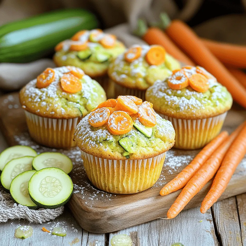 - 1 cup grated zucchini (approximately 1 medium zucchini) - 1 cup grated carrots (approximately 2 medium carrots) - 1/2 cup granulated sugar - 1/2 cup packed brown sugar - 1/2 cup vegetable oil - 2 large eggs - 1 teaspoon vanilla extract - 1 1/2 cups all-purpose flour - 1 teaspoon baking powder - 1/2 teaspoon baking soda - 1 teaspoon ground cinnamon - 1/2 teaspoon ground nutmeg - 1/2 teaspoon salt - 1/2 cup chopped walnuts or pecans - 1/4 cup raisins or dried cranberries When making zucchini carrot muffins, the right ingredients matter. Start with fresh zucchini and carrots. I like to use medium-sized ones for the best texture. The granulated and brown sugars bring sweetness and moisture. The vegetable oil keeps the muffins soft. You need two large eggs for binding. Don’t forget the vanilla extract for flavor. For the dry mix, all-purpose flour is key for structure. The baking powder and baking soda help the muffins rise. The spices like cinnamon and nutmeg add warmth and depth. If you want a crunchy texture, consider adding nuts. Walnuts or pecans work well. For a little sweetness, toss in some raisins or dried cranberries. These optional add-ins can make your muffins even more delightful. Use this list for your shopping. You can find the full recipe in the Zesty Zucchini Carrot Muffins section above. - Preheat your oven to 350°F (175°C). - Prepare muffin tin with liners or greasing. - Combine sugars, oil, eggs, and vanilla; whisk until smooth. - Fold in grated zucchini and carrots. - Sift flour, baking powder, baking soda, cinnamon, nutmeg, and salt together. - Stir dry ingredients into the wet mixture until just combined. - Spoon batter into muffin tin, filling each cup two-thirds full. - Bake for 18-20 minutes; check with a toothpick for doneness. - Let muffins cool in tin for 5 minutes, then transfer to a wire rack. - Avoid overmixing the batter; leave some lumps. - Use freshly grated vegetables for maximum moisture. To keep your muffins moist, it’s key not to overmix. When you mix the batter, stop once you see no dry flour. This helps keep the muffins light and fluffy. Freshly grated zucchini and carrots also add extra moisture. The water from these veggies helps the muffins stay soft and tender. - Toast nuts before adding for enhanced flavor. - Substitute applesauce for some oil for a healthier option. To boost flavor, toast your nuts before mixing them in. Just toss them in a dry pan over medium heat for a few minutes, watching closely. For a healthy twist, swap some oil with applesauce. This change keeps the muffins moist while cutting down on fat. - Dust with powdered sugar for a decorative touch. - Serve warm with compote or cream cheese spread. To make your muffins look great, dust them lightly with powdered sugar. It adds a sweet touch. For serving, warm muffins with a side of fruit compote or cream cheese spread taste amazing. These small steps can turn a simple muffin into a delightful treat. {{image_4}} If you need a gluten-free treat, you can easily swap the all-purpose flour. Use a gluten-free flour blend instead. This change keeps the muffins soft and tasty. Ensure the blend has xanthan gum for the best texture. Want a vegan version? Replace the eggs with flax eggs. To make a flax egg, mix one tablespoon of ground flaxseed with three tablespoons of water. Let it sit until it thickens. For oil, use applesauce instead. This makes the muffins moist and sweet without animal products. To boost flavor, consider adding spices. Try ground ginger or nutmeg for a warm kick. You can also substitute some of the zucchini or carrots with other vegetable purées, like pumpkin. This adds new tastes and keeps the muffins fun! Keep your zucchini carrot muffins in an airtight container. This helps keep them fresh. They stay tasty for up to five days at room temperature. If you want to keep them longer, use freezing tips. To freeze muffins, place them in a resealable bag. Make sure to remove as much air as possible. This keeps them from getting freezer burn. Thaw the muffins at room temperature before eating. They will taste fresh and soft. For the best texture, reheat muffins in the oven. Set it to 350°F (175°C) and warm them for a few minutes. You can also use a microwave. Heat for just a few seconds until they are warm. Enjoy them fresh and delicious! Yes, ensure they are thoroughly drained of excess water. This helps keep the muffins from getting soggy. They last 3-5 days at room temperature. You can freeze them for up to 3 months. Just wrap them well to avoid freezer burn. Coconut sugar or honey can be used as substitutes, but may affect texture. Coconut sugar is less sweet and can add a hint of caramel flavor. They can be a healthy snack as they include vegetables. You can adapt the recipe to reduce sugar and fat for a lighter option. For the detailed recipe, see the Zesty Zucchini Carrot Muffins 🥕 section above. In this post, we explored a delicious recipe for zucchini carrot muffins. We covered the key ingredients, from fresh vegetables to sugars, and detailed easy steps for baking. You learned tips for moist muffins and variations to fit your needs. Now, it’s time to try baking these muffins. Enjoy the flavors and share them with friends! You’ll impress everyone with your baking skills. Happy baking!