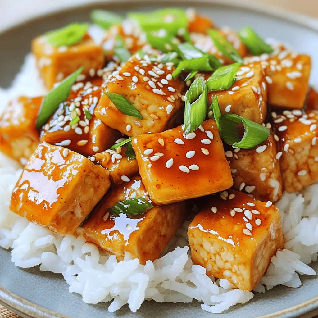 - 1 block (14 oz) firm tofu, thoroughly drained and pressed - 4 tablespoons soy sauce - 2 tablespoons maple syrup - 1 tablespoon sriracha - 3 cloves garlic, finely minced - 1 tablespoon fresh ginger, grated - 2 tablespoons cornstarch - 2 tablespoons vegetable oil - 1 teaspoon sesame oil - 1/4 cup green onions, sliced, for garnish - 1 tablespoon sesame seeds (optional) - Cooked rice or quinoa, for serving Choosing the right tofu Choose firm tofu for this recipe. It holds its shape well and crisps up nicely. Soft or silken tofu won't work as well for frying. Suggested vegan substitutions For a vegan option, use maple syrup instead of honey. Also, gluten-free soy sauce works for those avoiding gluten. Recommended sauces and seasonings Experiment with different sauces! Try tamari for a gluten-free choice. You can also mix in a bit of hoisin sauce for extra sweetness. Pressing and cutting tofu Start by pressing the tofu. Use a tofu press or wrap it in a clean towel. Place a heavy object on top. This step removes excess water. After about 15 minutes, cut the tofu into bite-sized cubes. Make sure the pieces are uniform for even cooking. Preparing the marinade In a medium bowl, combine soy sauce, maple syrup, sriracha, minced garlic, and grated ginger. Use a whisk to mix well. This marinade brings sweet and spicy flavors to the tofu. Once mixed, add the cubed tofu. Gently toss to coat every piece. Let it marinate for 15-20 minutes. Marinading and coating tofu After marinating, sprinkle cornstarch over the tofu. Toss again, ensuring each cube is coated. The cornstarch helps achieve that perfect crispy texture when cooked. Cooking the tofu for optimal crispiness Heat vegetable oil in a large skillet over medium-high heat. Once hot, add tofu cubes in a single layer. Avoid overcrowding the pan; cook in batches if needed. Let the tofu cook undisturbed for about 8-10 minutes. Flip the cubes gently until they turn golden brown and crisp. Adding flavor enhancements Once crispy, drizzle sesame oil over the tofu. Toss gently to coat. If you have leftover marinade, pour it into the skillet. Cook for another 1-2 minutes. This thickens the sauce, making it cling to the tofu. Serving suggestions Transfer the crispy tofu to a serving platter. Garnish with sliced green onions and sesame seeds if you like. Serve it over cooked rice or quinoa. This meal is not just tasty; it looks beautiful too! For the complete process, check the Full Recipe. How to get crisp tofu To get crispy tofu, start with firm tofu. Drain it well and press it to remove excess water. This step is key. Cut the tofu into even cubes. Pat them dry with a paper towel. Next, coat the tofu in cornstarch. This layer will help it crisp up nicely when cooked. Importance of marination time Marinating the tofu is vital. Let it soak in the marinade for at least 15-20 minutes. This time allows the tofu to absorb all the sweet and spicy flavors. More time means better flavor. Enhancing spice levels If you like heat, adjust the sriracha. Start small and add more to taste. You can also try adding red pepper flakes for extra spice. This will give your dish a nice kick. Additional ingredients for more flavor Consider adding fresh herbs or sesame seeds. Chopped cilantro or basil can brighten the dish. You can also toss in vegetables like bell peppers or snap peas. This adds color and crunch. Recommended cookware For this recipe, a large skillet works best. A cast-iron skillet can give great heat. Also, use a non-stick pan if you want easy cleanup. Tools for easy preparation A sharp knife makes cutting tofu easier. Use a cutting board for safety. Have a whisk ready for mixing the marinade. A spatula will help you flip the tofu while cooking. For the full recipe, refer to the Sweet and Spicy Garlic Tofu section above. {{image_4}} You can make sweet and spicy garlic tofu unique with ingredient swaps. If you want a different sweetener, try agave syrup or honey. Both add sweetness without losing flavor. For sauces, you can use tamari for a gluten-free option. If you need vegan protein alternatives, consider chickpeas or tempeh. Both can soak up flavors well. This way, you still get a tasty meal while exploring other ingredients. To change spice levels, adjust the sriracha. If you like it milder, cut back on the sriracha. To make it spicier, add a pinch of cayenne or chili flakes. Adding vegetables can also boost flavor and nutrition. Try bell peppers, broccoli, or snap peas. They add color and crunch, making your dish even more exciting! For creative plating, stack the tofu cubes in a pyramid. This adds height and looks impressive. You can also arrange the tofu on a bed of rice or quinoa for a beautiful base. Side dishes can enhance this meal. Serve it with a fresh salad or roasted veggies. These options balance the richness of the tofu and make your meal more complete. For the full recipe, check out the Sweet and Spicy Garlic Tofu details. To keep your sweet and spicy garlic tofu fresh, store it in an airtight container. This helps lock in flavors and moisture. Place the tofu in the fridge within two hours after cooking. Aim to use leftovers within three to four days for the best taste. When reheating tofu, the best method is to use a skillet. Heat some oil over medium heat. Add the tofu and cook for about five minutes, flipping it often. This helps restore its crispiness. You can also use the microwave, but it may make the tofu softer. If you're short on time, microwave it for about one minute, then check if it's warm enough. To freeze sweet and spicy garlic tofu, first cool it completely. Then, place it in a freezer-safe container. You can also use freezer bags. Make sure to remove as much air as possible. The tofu can last up to three months in the freezer. When you are ready to eat it, thaw it overnight in the fridge. Once thawed, reheat it in a skillet to bring back that delicious texture. Is this recipe vegan-friendly? Yes, this recipe is vegan. Tofu is made from soybeans and is a great plant-based protein. The other ingredients, like soy sauce and maple syrup, are also vegan. You can enjoy this delicious dish with peace of mind. Can I use soft tofu instead of firm? I recommend using firm tofu for this recipe. Firm tofu holds its shape better when cooked. Soft tofu can break apart easily, which may affect the dish’s texture and presentation. How do I adjust the spice level? You can adjust the spice level by changing the amount of sriracha. Start with less if you prefer a milder taste. You can also add more after cooking if you want extra heat. What side dishes pair well with this tofu? This tofu goes well with simple sides. Try fluffy rice or quinoa to soak up the sauce. Steamed vegetables or a fresh salad also make great choices. They balance the bold flavors and add color to your plate. Caloric content of the dish This dish has about 220 calories per serving. Most of the calories come from the tofu and the oils used in cooking. It’s a filling dish, perfect for lunch or dinner. Health benefits of tofu and related ingredients Tofu is a great source of protein and contains all nine essential amino acids. It is low in calories and high in iron and calcium. The garlic and ginger add flavor and have health benefits too, like boosting your immune system. Enjoying this dish helps you eat healthily while savoring great taste! This recipe for sweet and spicy garlic tofu offers a delicious way to enjoy plant-based meals. We discussed key ingredients, preparation, and tips for achieving that perfect crispy texture. You can customize flavors and even store leftovers for future meals. Experiment with ingredients and enjoy your cooking journey. This dish will impress your friends and family. Have fun creating your unique version, and remember, the kitchen is all about creativity!