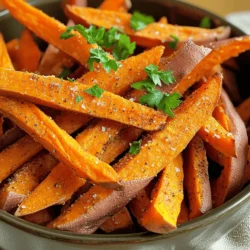 - 2 large sweet potatoes - 2 tablespoons olive oil - 1 teaspoon garlic powder - 1 teaspoon smoky paprika - 1/2 teaspoon cayenne pepper (optional) - Salt and freshly cracked black pepper to taste - Fresh parsley, for garnish (optional) Sweet potato fries are tasty and healthy. They are low in calories and high in nutrients. A typical serving has about 150 calories. You also get 7 grams of fat, 26 grams of carbohydrates, and 2 grams of protein. They are a great snack that won’t weigh you down. To make the best sweet potato fries, you need a few tools: - An air fryer (medium size works best) - A cutting board and a sharp knife - A mixing bowl for combining ingredients - Measuring spoons for precise amounts These tools help you create crispy, flavorful fries easily. Each step is simple, and with the right setup, you'll enjoy a great snack in no time. For the full recipe, check out the detailed steps above. Start by washing the sweet potatoes well. This removes dirt and germs. Next, peel the sweet potatoes with a vegetable peeler. Then, cut them into uniform 1/4 inch fries. Uniform sizes help them cook evenly. In a large mixing bowl, add the sweet potato fries. Pour in 2 tablespoons of olive oil. Toss the fries gently to coat them in oil. Next, add 1 teaspoon of garlic powder and 1 teaspoon of smoky paprika. If you like heat, include 1/2 teaspoon of cayenne pepper. Add salt and freshly cracked black pepper to taste. Toss again until all fries are evenly covered with the seasonings. Now, preheat your air fryer to 400°F (200°C). This step takes about 3-5 minutes. Once preheated, place the fries in the basket in a single layer. Avoid overcrowding, or they won’t get crispy. Cook the fries for 15-20 minutes. Shake the basket halfway through. This helps them brown evenly. They’re ready when they’re golden brown and crisp. After cooking, transfer the fries to a serving platter. Enjoy them hot for the best crunch. For extra color, sprinkle with fresh parsley. For the full recipe, check out the details provided earlier. To get that perfect crispiness, cut your sweet potatoes evenly. Aim for a thickness of about 1/4 inch. This helps them cook evenly. Next, avoid overcrowding in the air fryer. If you put too many fries in at once, they may steam instead of crisping up. Cook in batches if needed. Sweet potatoes are great on their own, but you can add more flavor. Try spices like cinnamon or cumin for a twist. For dips, I love pairing them with garlic aioli or spicy ketchup. These flavors complement sweet potatoes well and make the snack even better. A common mistake is overcooking or undercooking the fries. Keep an eye on them while they cook. You want them golden brown, not burnt. Also, don’t skip preheating the air fryer. This step sets the right temperature for crispy fries. Preheat for 3-5 minutes before adding your sweet potatoes. For the full recipe, check out the detailed steps above. {{image_4}} You can change the flavor of your sweet potato fries easily. For sweet fries, try adding cinnamon and brown sugar. This mix gives a warm and cozy taste. For a savory twist, use rosemary or cumin. These herbs add depth and aroma, making each fry exciting. If you don’t have an air fryer, you can still enjoy sweet potato fries. An oven works well too. Preheat your oven to 425°F (220°C). Spread the fries on a baking sheet in a single layer. Bake for 25-30 minutes, flipping halfway for even cooking. This method brings out their natural sweetness. To make your fries even healthier, use less oil. You can also try seasoning sprays to coat the fries lightly. Mixing in other veggies, like zucchini or carrots, gives you a colorful and tasty fry blend. These alternatives not only add nutrients but also enhance the flavor. To keep your sweet potato fries fresh, store them in an airtight container. Refrigerate them within two hours of cooking. This helps maintain their taste and texture. They will last for about 3 days in the fridge. After that, they may lose their crispiness. The best way to reheat fries is in your air fryer. Preheat the air fryer to 350°F (175°C). Place the fries in a single layer. Heat them for about 5 to 7 minutes. This method keeps them crispy. To avoid soggy fries, do not cover them while reheating. You can freeze sweet potato fries for later use. First, let them cool completely. Then, spread them in a single layer on a baking sheet. Freeze them for 1 to 2 hours. Once frozen, transfer them to a freezer bag. They can last up to 3 months in the freezer. When you want to cook them, do not thaw. Just cook them straight from the freezer in the air fryer at 400°F (200°C) for about 15-20 minutes. For best results, shake the basket halfway through. Yes, you can use frozen sweet potatoes. They work well, but the texture may be less crispy. When using frozen fries, cook them directly from the freezer. This helps keep them crispy. Adjust the cooking time to about 20-25 minutes. Check them often for doneness. To add heat, mix in more cayenne pepper. You can also try chili powder or crushed red pepper flakes. Toss the fries with these spices before cooking. For a smoky flavor, add smoked paprika. Start with a little, then taste and adjust. Sweet potato fries pair well with many dips. Here are a few ideas: - Ketchup - Spicy mayo - Garlic aioli - Honey mustard - Chipotle ranch Mix and match to find your favorite! Sweet potato fries have more vitamins than regular fries. They are high in fiber and beta-carotene. However, they still contain calories and fat. Using less oil can make them even healthier. Air-frying is a great way to cut down on fat. You can prep sweet potato fries in advance. Cut and season them, then store in the fridge for up to 24 hours. However, for the best texture, cook them fresh. If you must store cooked fries, keep them in an airtight container. Reheat in the air fryer for crispiness. For the full recipe, check out the [Full Recipe]. You learned how to make sweet potato fries step by step. We covered ingredients, tools, and cooking techniques. Remember to cut evenly for crispiness and avoid overcrowding. Experiment with spices to enhance flavor. Store any leftovers properly and reheat for the best texture. These fries can be a tasty and healthy alternative to regular ones. Whether you choose to dip or enjoy them plain, you’ll love serving these fries anytime. Try these tips and enjoy your delicious sweet potato fries!
