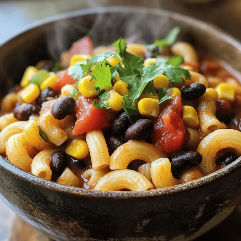 For a great Vegan Chili Mac, you need these main ingredients: - 2 cups elbow macaroni - 1 can (15 oz) black beans, rinsed and drained - 1 can (15 oz) kidney beans, rinsed and drained - 1 can (15 oz) diced tomatoes with green chilies - 1 tablespoon olive oil - 1 medium onion, finely diced - 3 cloves garlic, minced - 2 teaspoons chili powder - 1 teaspoon ground cumin - 1 teaspoon smoked paprika - Salt and freshly ground black pepper, to taste - 1 cup vegetable broth - 1 cup corn (fresh, frozen, or canned, drained if canned) - 1 cup nutritional yeast (for a creamy texture) - Chopped fresh cilantro or sliced green onions, for garnish These ingredients work well together. They create a rich, hearty dish. The beans and tomatoes add great flavor and texture. You can customize your Vegan Chili Mac with these optional ingredients: - Bell peppers (diced) - Jalapeños (for heat) - Zucchini (chopped) - Cornmeal (for extra thickness) - Avocado (sliced, for topping) These add-ins let you make the dish your own. You can adjust the spice level or add more veggies. If you have dietary needs, here are some smart swaps: - Gluten-free pasta for elbow macaroni - Canned chickpeas instead of black or kidney beans - Coconut milk for a creamier texture - Fresh herbs instead of cilantro or green onions These substitutions keep the dish tasty while meeting your needs. Check the Full Recipe for more ideas. First, grab a large pot. Fill it with water and add a good pinch of salt. Bring this water to a rolling boil over high heat. Once it boils, add 2 cups of elbow macaroni. Cook it according to the package instructions, usually around 8-10 minutes. You want it to be al dente, not mushy. After cooking, drain the macaroni and set it aside for later. In the same pot, lower the heat to medium. Pour in 1 tablespoon of olive oil. When the oil is hot, add 1 medium diced onion. Sauté it for about 5 minutes. You want the onion to become soft and slightly clear. Next, stir in 3 minced garlic cloves. Cook for an additional 1-2 minutes until you smell that lovely garlic aroma. Now it’s time to spice things up! Add 2 teaspoons of chili powder, 1 teaspoon of ground cumin, and 1 teaspoon of smoked paprika to the pot. Sprinkle in some salt and freshly ground black pepper too. Stir all this together for about 1 minute. This helps to bring out the flavors of the spices. Next, pour in a can of diced tomatoes with green chilies, juices included, and 1 cup of vegetable broth. Raise the heat to bring this mixture to a boil. When your pot reaches a boil, carefully add the black beans, kidney beans, and corn. Let it simmer on low heat for 10-15 minutes. Stir occasionally to keep it from sticking. After that, fold in the cooked elbow macaroni. Then, add 1 cup of nutritional yeast for a creamy texture. Mix everything well until heated through. Taste it and adjust the seasoning if needed. Serve hot in bowls, topped with fresh cilantro or sliced green onions for a bright finish. Enjoy your Vegan Chili Mac packed with flavor! For the complete recipe, check out the [Full Recipe]. To boost flavor, use fresh spices. Chili powder, cumin, and smoked paprika are key. These spices add depth and warmth. Always taste as you go. Adjust the spice levels to your liking. If you want more heat, add cayenne pepper. For a milder version, reduce the chili powder or skip it. Nutritional yeast is your secret weapon for creaminess. It gives a cheesy taste without dairy. Add it after mixing in the macaroni. Stir well until it blends smoothly. If you like it creamier, add more vegetable broth. You can also use vegan cream cheese for a richer texture. Serve your chili mac in deep bowls for a cozy feel. Top with fresh cilantro or green onions for color. A squeeze of lime adds brightness. Pair it with a side salad or crusty bread. This makes for a full meal and adds freshness. For a fun twist, serve it with avocado slices on top. You can find the Full Recipe for this delightful dish in the earlier sections. {{image_4}} You can boost nutrition in your Vegan Chili Mac easily. Add some chopped spinach or kale. These greens are rich in vitamins and minerals. You may also add diced bell peppers for color and crunch. If you want more protein, toss in some tofu or tempeh. Nuts and seeds can add healthy fats. Think about adding pumpkin seeds or walnuts for a nice touch. To change the flavor, try adding spices. For more heat, add jalapeños or crushed red pepper flakes. If you love smoky flavors, try adding liquid smoke or smoked paprika. You can also use chipotle in adobo sauce for a deeper taste. For a sweet note, add a bit of maple syrup or diced sweet potatoes. Mix and match spices to find your perfect blend. If you need a gluten-free option, use gluten-free elbow macaroni. Many brands offer great pasta made from rice or corn. You can also make it low-carb by using zucchini noodles instead. For a nut-free version, skip any nuts and seeds. Always check labels to ensure the ingredients fit your needs. This Vegan Chili Mac is flexible, making it easy to adapt for everyone. For the full recipe, you can refer to the earlier section where you'll find all the ingredients and steps to create this delicious dish. To keep your Vegan Chili Mac fresh, store it in an airtight container. Let it cool down to room temperature first. This will stop moisture from building up inside the container. You can store it in the fridge for up to four days. When you’re ready to enjoy your leftovers, reheat them on the stove. Add a splash of water or vegetable broth to keep it moist. Stir it over medium heat until it’s hot. If you prefer the microwave, heat it in short bursts, stirring in between. This keeps the texture nice and creamy. If you want to save some for later, freezing is a great option. Place the chili mac in a freezer-safe container. It can last up to three months in the freezer. To thaw, move it to the fridge overnight. Reheat it on the stove or in the microwave, as mentioned before. This way, you’ll have a quick meal ready to go anytime! For the full recipe, check out the details above. Making Vegan Chili Mac takes about 30 minutes. You spend 10 minutes prepping and 20 minutes cooking. It’s quick and easy for any meal. Yes, you can make this dish ahead of time. Just store it in the fridge for up to 3 days. Reheat it on the stove or in the microwave. If you don’t have nutritional yeast, try using cashew cream or tahini. These give a creamy texture, but the flavor may differ. Absolutely! Vegan Chili Mac works great for meal prep. It stores well and tastes even better the next day. Pack it in containers for easy lunches or dinners. For the full recipe, you can check out the Vegan Chili Mac details above. You can also explore more recipes and cooking tips online. Vegan Chili Mac is simple and fun to make. We covered the key ingredients, along with customizations. You can swap elements based on your taste and needs. A step-by-step guide makes cooking easy, and tips give added flavor. Also, variations let you try new tastes or meet dietary needs. Finally, proper storage keeps your meal fresh. Enjoy your cooking, and don’t hesitate to make this dish your own!