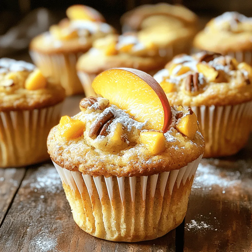 - 2 ripe peaches, diced - 1 cup chopped pecans - 2 cups all-purpose flour - 1 cup granulated sugar - 2 teaspoons baking powder - 1/2 teaspoon baking soda - 1/2 teaspoon salt - 1/2 teaspoon ground cinnamon - 1/2 cup unsalted butter, melted - 2 large eggs - 1 cup buttermilk - 1 teaspoon vanilla extract Fresh ingredients make the best Peach and Pecan Muffins. Ripe peaches bring sweetness and flavor. Choose peaches that feel soft but not mushy. Their scent should be sweet and fragrant. This ensures a juicy bite in every muffin. Pecans add crunch and a rich flavor. Look for nuts that are whole and unbroken. They should smell fresh, not stale. The right nuts enhance your muffins. Next, the flour and sugar create the base. All-purpose flour works best for texture. Granulated sugar adds just the right amount of sweetness. Baking powder and baking soda make your muffins rise perfectly. Butter gives richness and moisture. Make sure it is unsalted for balance. Eggs bind the ingredients and add structure. Use fresh, large eggs for the best results. Buttermilk adds tang and helps with rising. If you can't find buttermilk, mix regular milk with a bit of vinegar or lemon juice. This substitution works great! Vanilla extract adds warmth and depth. Use pure vanilla for the best flavor. With these ingredients, you're set to bake some delicious muffins. - Alternative fruits: Try using apples or berries instead of peaches. - Nut options: Swap pecans for walnuts or almonds if preferred. - Dairy-free alternatives: Use almond milk or oat milk in place of buttermilk. - Selecting ripe peaches: Look for soft, fragrant peaches with no bruises. - Quality of pecans: Choose whole, unbroken nuts with a fresh scent. - Importance of fresh eggs: Fresh eggs provide better texture and flavor in baking. First, preheat your oven to 350°F (175°C). While your oven warms up, prepare a muffin tin. You can use paper liners for easy cleanup, or grease each cup with butter or a non-stick spray. This step helps your muffins come out easily after baking. In a large bowl, combine the dry ingredients. Mix together the flour, sugar, baking powder, baking soda, salt, and ground cinnamon. Whisk them well until they blend smoothly. A thorough mix ensures that your muffins rise evenly. In another bowl, crack the eggs and beat them lightly. Then, add the warm melted butter, buttermilk, and vanilla extract. Whisk these wet ingredients together until they are smooth and well combined. Look for a texture that is creamy and thick, but not clumpy. Pour the wet mixture into the dry ingredients. Use a spatula to stir gently until just combined. Avoid overmixing; it's okay to have a few small lumps. This step keeps your muffins soft. Next, fold in the diced peaches and chopped pecans. Make sure they are spread evenly without breaking down the batter. Scoop the batter into your prepared muffin tin. Fill each cup about two-thirds full to give them room to rise. Place the muffin tin in the oven. Bake for 20-25 minutes. To check for doneness, insert a toothpick into the center of a muffin. If it comes out clean, they are ready! Once baked, take the muffins out of the oven. Let them cool in the pan for about 5 minutes. After that, transfer them to a wire rack to cool completely. To serve, dust them lightly with powdered sugar. You can also add a slice of fresh peach on top for a fun touch. Enjoy these treats warm with your favorite drink! To keep your peach and pecan muffins fresh, store them at room temperature. Place them in an airtight container. This method keeps them soft and tasty for about two days. If you want to keep them longer, refrigeration can dry them out. Instead, consider freezing them. Wrap each muffin in plastic wrap and put them in a freezer bag. They can last for up to three months in the freezer. When you're ready to eat, just thaw them at room temperature. Want to make your muffins even better? Add spices like nutmeg or ginger. A pinch can bring out the peach flavor. You might also try adding a little lemon zest for brightness. Extracts can also boost taste. Vanilla extract is a classic option. You could even use almond extract for a unique twist. Just remember, a little goes a long way! To make your muffins light and fluffy, start with the eggs. Beat them well before adding to the mix. This helps incorporate air. Next, don’t forget the buttermilk. It adds moisture and tenderness. The acid in buttermilk also helps the muffins rise. Follow these tips, and you'll have muffins that are soft and airy. For a full recipe, check out the detailed instructions. {{image_4}} You can change the nuts in this recipe. Walnuts or almonds are great options. They add a different flavor and texture. If you want, you can skip the nuts altogether. The muffins will still taste delicious without them. Try using other fruits too! Apples or berries can work well in the muffins. They add sweetness and moisture. You can also add citrus zest to brighten the flavor. Lemon or orange zest can make these muffins pop. If you want a vegan version, you can make simple swaps. Use plant-based butter and substitute eggs with flax eggs. Mix one tablespoon of ground flaxseed with three tablespoons of water for each egg. For gluten-free muffins, use a gluten-free flour blend. These changes keep the muffins tasty and friendly for many diets. For the full recipe, you can refer to the earlier section. To keep your peach and pecan muffins fresh, use airtight containers. This helps lock in moisture. If you want to store them for longer, freezing is a great option. Wrap each muffin in plastic wrap and put them in a freezer-safe bag. This way, they can last for up to three months! When it's time to enjoy your muffins again, you have options. You can use an oven or a microwave. For the oven, preheat it to 350°F (175°C). Heat the muffins for about 10 minutes. This keeps them warm and tasty. If you choose the microwave, heat each muffin for 15-20 seconds. This method is quick but may make them a bit softer. You should eat fresh muffins within three days if stored at room temperature. If you refrigerate them, they can last up to a week. Watch for signs of spoilage like mold or a dry, hard texture. If they look or smell off, it’s best to toss them. Enjoy your peach and pecan muffins while they're still delicious! Yes, you can use frozen peaches. However, they might change the texture. Frozen peaches can be more watery after thawing. This can make the muffins a bit soggy. If using frozen peaches, drain excess liquid before adding them to the batter. Check the muffins at 20 minutes. Insert a toothpick into the center. If it comes out clean, the muffins are ready. You can also look for a golden-brown top and a slight spring when you touch them. Serve these muffins warm. They pair great with coffee or tea. You can add a bit of butter for extra flavor. For a fun twist, try adding a scoop of vanilla ice cream on top! Yes, you can make these muffins in advance. Store them in an airtight container at room temperature. They stay fresh for up to three days. For longer storage, freeze them. Just pop them in the oven to reheat when you want to enjoy. For the full recipe, see above. These peach and pecan muffins are easy to make and delicious. You learned about the key ingredients and how to choose fresh ones. We covered step-by-step instructions for mixing, baking, and cooling. I shared tips for storing your muffins and ideas for tasty variations. You can even adapt the recipe to fit your needs. Now, get baking! The perfect peach and pecan muffin awaits you. Enjoy every bite!