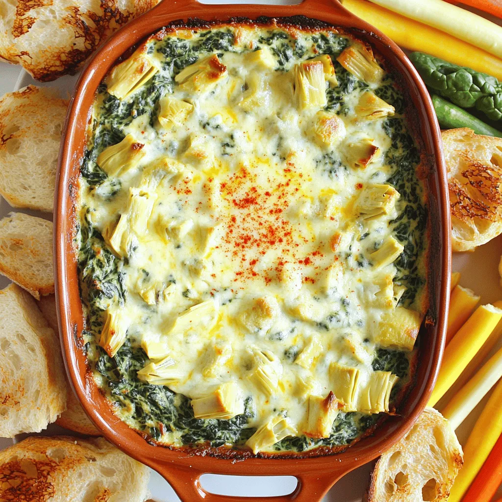 To make this creamy and tasty dip, gather these ingredients: - 1 cup fresh spinach, finely chopped - 1 can (14 oz) artichoke hearts, thoroughly drained and coarsely chopped - 1 cup cream cheese, softened to room temperature - 1/2 cup sour cream, preferably full-fat - 1/2 cup mayonnaise, for creaminess - 1 cup shredded mozzarella cheese, divided - 1/2 cup grated Parmesan cheese, plus extra for garnish - 2 cloves garlic, finely minced - 1 teaspoon freshly squeezed lemon juice - Salt and black pepper, to taste - 1/4 teaspoon red pepper flakes (optional, for some heat) Using high-quality ingredients gives your dip the best taste. Fresh spinach adds a bright flavor. Choose artichoke hearts packed in water, not oil. Softened cream cheese blends better and creates a smooth texture. Full-fat sour cream and mayonnaise make it rich and creamy. Good mozzarella and Parmesan cheese melt well, adding that gooey goodness we all love. If you need alternatives, here are some great options: - Instead of fresh spinach, you can use frozen spinach. Just thaw and drain it well. - Swap sour cream for Greek yogurt for a tangy twist. - If you're out of mayonnaise, use plain yogurt or a little more sour cream. - Try a mix of different cheeses like cheddar or gouda for unique flavors. - For a dairy-free option, use cashew cream or a vegan cream cheese. This recipe is flexible, so feel free to experiment! Check out the Full Recipe for more details. 1. Start by preheating your oven to 350°F (175°C). This gets the oven ready for baking. 2. In a large bowl, mix together the cream cheese, sour cream, and mayonnaise. Use a hand mixer or whisk to blend until smooth. 3. Add in the chopped spinach and artichoke hearts. Then, stir in the minced garlic and lemon juice. If you like heat, add the red pepper flakes. 4. Fold in 3/4 cup of the shredded mozzarella and all of the grated Parmesan. Season with salt and black pepper to taste. 5. Pour the mixture into an 8x8-inch baking dish. Spread it out evenly for even cooking. 1. Place the baking dish in the preheated oven. Bake for 25-30 minutes. 2. Look for a golden brown top and bubbling edges. This means your dip is ready! 3. Once baked, take it out and let it cool for 5-10 minutes. This resting time helps the flavors settle. - Serve the dip warm in the dish. Top it with extra grated Parmesan for a nice touch. - Pair it with toasted bread, pita chips, or fresh veggie sticks. - This combo creates a fun and tasty dipping experience. - For a little twist, sprinkle some smoked paprika on top before serving. For the full recipe, refer to Creamy Spinach Artichoke Delight. For the best texture, start with softened cream cheese. It blends well and stays smooth. Always mix the cream cheese with sour cream and mayonnaise first. This step makes a rich base. Stir slowly to avoid lumps. Adding a splash of lemon juice brightens the flavor and keeps it creamy. The key is not to overbake. Remove the dip when it’s golden brown and bubbly. This will help keep it creamy. Cheese is vital for taste and texture. I love using mozzarella for its stretchiness. Blend mozzarella with Parmesan for a nutty flavor. You can also try adding cream cheese for extra richness. If you like a bit of bite, use sharp cheddar. Mixing cheeses gives depth to your dip. Feel free to get creative and mix your favorites. You can prepare this dip ahead of time. Mix all the ingredients and store in the fridge. Cover it well to keep it fresh. When you are ready, bake it straight from the fridge. Just add a few extra minutes to the baking time. This tip helps you enjoy more time with friends. Make-ahead means less stress and more fun! If you want the full recipe, check out the details above. {{image_4}} You can mix things up to make your dip more fun. Adding different flavors can change the whole dish. Try adding cooked bacon for a smoky taste. You might also love adding sun-dried tomatoes for a hint of sweetness. For a more herbaceous flavor, mix in some fresh basil or dill. Just remember to balance these strong flavors with the creamy base. If you want a lighter dip, there are easy swaps you can make. Use Greek yogurt instead of sour cream for extra protein. You can also swap mayonnaise for avocado. This adds creaminess and healthy fats. Low-fat cream cheese can reduce calories without losing flavor. Just be careful not to sacrifice too much taste in your quest for health. Making a vegan version is simple and tasty! Replace cream cheese with cashew cream or tofu. Use nutritional yeast instead of cheese for a cheesy flavor. You can also use coconut yogurt in place of sour cream. These substitutes keep your dip creamy while staying plant-based. Trust me, your friends won't even know it's vegan! For more ideas, check out the Full Recipe. Enjoy exploring these variations! After you enjoy your dip, store leftovers in an airtight container. Make sure the dip cools down before sealing it. This helps keep it fresh. Place it in the fridge. It will stay good for about 3-5 days. If you want to enjoy it later, you can freeze it. To freeze your dip, first let it cool completely. Then put it in a freezer-safe container. Leave some space at the top, as it may expand while freezing. You can freeze it for up to 2 months. When you're ready to eat it, move it to the fridge overnight to thaw. To reheat your dip, place it in a baking dish. Preheat your oven to 350°F (175°C). Bake for about 20-25 minutes or until it's hot all the way through. You can also microwave it in short bursts. Stir in between to heat evenly. Add extra cheese on top if you want it extra gooey! Enjoy your creamy treat! You can enjoy Spinach Artichoke Dip with many tasty options. Serve it warm with: - Toasted bread slices - Crispy pita chips - Fresh vegetable sticks like carrots and celery - Tortilla chips for a crunchy bite - Crackers for a fun mix These choices will make your dip even more enjoyable! You can store Spinach Artichoke Dip in an airtight container in the fridge. It stays fresh for up to three days. Make sure to let it cool before you store it. This keeps it safe and tasty for later. Yes, you can make Spinach Artichoke Dip ahead of time! Prepare the dip and store it in the fridge. You can bake it later when you need it. Just remember to cover it well. When ready to bake, add a few extra minutes to the cooking time. - Full Recipe: Creamy Spinach Artichoke Delight 🥬 This blog post covered all you need to know about Spinach Artichoke Dip. We explored key ingredients, how to prepare and bake, plus serving ideas. You also learned tips for texture and flavor, along with variations and storage advice. Spinach Artichoke Dip is fun to make and share. Whether you stick to the basics or try new twists, enjoy every bite!