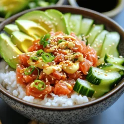 - Sushi rice - Fresh sushi-grade tuna - Kewpie mayonnaise and sriracha - Avocado and cucumber - Seasoning ingredients The main ingredients for your spicy tuna sushi bowls make a big difference. First, you need sushi rice. It is sticky and holds together well. Fresh sushi-grade tuna is a must. This tuna should be bright and firm. Next, Kewpie mayonnaise adds creaminess. Sriracha provides the heat. You can adjust this based on your spice level. Don't forget the avocado and cucumber. Avocado brings creaminess, and cucumber gives a nice crunch. For seasoning, use rice vinegar, sugar, and salt. This mix makes the rice tasty and bright. - Toasted sesame seeds - Nori sheets for serving - Additional garnishes These optional ingredients can take your bowls to the next level. Toasted sesame seeds add a nutty flavor and a bit of crunch. Nori sheets can be cut into strips for serving. They give a fun texture and taste. Additional garnishes, like green onions or radishes, can brighten your dish. They add color and flavor too. For the complete recipe, check the Full Recipe section. - Rinsing and cooking the rice: First, rinse 1 cup of sushi rice under cold water. Use a fine mesh strainer until the water runs clear. This step removes excess starch. Next, place the rinsed rice in a pot with 1 1/4 cups of water. Bring it to a boil over medium-high heat. Once it boils, lower the heat, cover, and let it simmer for 15 minutes. After 15 minutes, remove the pot from heat but keep it covered for another 10 minutes. This steaming step is key for perfect rice. - Seasoning the rice: In a small bowl, whisk together 1 tablespoon of rice vinegar, 1 teaspoon of sugar, and 1/2 teaspoon of fine sea salt. After letting the rice rest, transfer it to a large bowl. Gently fold in the vinegar mixture. This adds flavor to the rice. Let it cool to room temperature before proceeding. - Mixing tuna with mayo and sriracha: In a medium bowl, combine 8 ounces of fresh sushi-grade tuna, 2 tablespoons of Kewpie mayonnaise, and 1 tablespoon of sriracha. Mix until the tuna pieces are well coated. You can adjust the sriracha based on how spicy you like it. This mixture brings a creamy and zesty flavor to the dish. - Setting aside for flavor melding: Once mixed, set the spicy tuna aside. Let it sit for a few minutes. This allows the flavors to come together and enhance the taste. - Distributing rice and tuna: Take the cooled sushi rice and divide it evenly among four serving bowls. On top of the rice, spoon the spicy tuna mixture generously. This forms the heart of your sushi bowl. - Adding toppings and drizzling flavors: Next, arrange sliced avocado, julienned cucumber, and chopped green onions over the tuna. This adds freshness and vibrant colors. Drizzle 1 tablespoon of sesame oil and 1 tablespoon of soy sauce over each bowl. These dressings will bring additional depth to the dish. With these steps, you create a delightful and colorful spicy tuna sushi bowl. For a full recipe, check out the [Full Recipe]. Rinsing sushi rice is very important. It removes excess starch, helping the rice stay fluffy. You should rinse the rice until the water runs clear. This step makes a big difference. For the water-to-rice ratio, use 1 1/4 cups of water for each cup of rice. This ratio ensures the rice cooks just right, giving you a perfect base for your spicy tuna sushi bowls. To control the heat, adjust the amount of sriracha in your dish. If you want less spice, use less sriracha. You can also swap it for a milder sauce, like sweet chili sauce. This way, you can still enjoy the creamy mayo taste without the heat. Arranging your ingredients nicely makes a big impact. Start with a base of rice, then add spicy tuna on top. Next, artfully place avocado and cucumber around the tuna. This makes your bowl look colorful and fresh. Use garnishes like chopped green onions and toasted sesame seeds to add flair. A little sprinkle can turn a simple dish into a stunning meal. For the full recipe, check out the details above. {{image_4}} You can change up the protein in your spicy tuna sushi bowls. If you want a twist, try using salmon instead of tuna. Salmon is rich in flavor and pairs well with the spicy mayo. Shrimp is another great option. Cooked shrimp adds a sweet taste and a nice texture. For a vegetarian option, use marinated tofu or chickpeas. Both are protein-rich and will soak up the flavors well. If you need a gluten-free meal, you have options. Look for gluten-free soy sauce, which tastes great in your bowls. You can also try tamari, a fantastic wheat-free substitute. For the rice, use cauliflower rice for a low-carb option. This adds a fresh crunch and keeps the dish light. To spice things up, consider adding more heat. You can mix in extra sriracha or try chili flakes for an added kick. If you want a sweeter touch, drizzle some honey or agave over your bowl. You can also change the veggies for a new taste. Try adding shredded carrots, radishes, or even mango for a sweet and savory blend. These variations keep your spicy tuna sushi bowls exciting and cater to different tastes and diets. Explore these options and make your meal unique! For the full recipe, check out the details on how to prepare your bowls. When storing leftovers, keep each ingredient separate. This method helps maintain freshness. Use airtight containers for the sushi rice, tuna, and toppings. The rice stays good for up to 3 days. The spicy tuna mixture can last for about 1-2 days. Keep avocado and cucumber fresh by using them right away. To reheat sushi rice, add a splash of water and cover it. Heat in the microwave for 30 seconds. Stir and check if it's warm. Avoid overheating to keep the texture nice. For toppings, like spicy tuna, eat them cold or let them sit at room temperature. This keeps the flavors fresh and enjoyable. You can freeze spicy tuna sushi bowls, but with some care. Freeze the sushi rice and spicy tuna separately to maintain quality. Place them in airtight bags, squeezing out as much air as possible. For best results, use within a month. To thaw, place in the fridge overnight. Reheat the rice gently as needed. Enjoy the taste of your sushi bowl even after freezing! For more details, check the Full Recipe. For sushi bowls, always choose sushi-grade tuna. This means the fish is safe to eat raw. Look for bright color with a firm texture. It should smell fresh, not fishy. You can find sushi-grade tuna at trusted fish markets or specialty stores. Ask your fishmonger for their best selection. Yes, you can prepare some parts in advance. Cook the sushi rice a day ahead. Store it in the fridge to keep it fresh. You can mix the spicy tuna and veggies early too. Just wait to assemble the bowls until you're ready to serve. This way, everything stays fresh and tasty. Some great sides include edamame, seaweed salad, or pickled ginger. These add a nice crunch or tang. For drinks, green tea or a light sake works well. They complement the flavors of the sushi bowls perfectly. Enjoy these delicious additions to enhance your meal. In this post, we explored the essential ingredients, step-by-step instructions, tips, variations, and storage information for spicy tuna sushi bowls. You learned how to prepare the rice, mix flavors, and assemble each bowl. Remember, the key to success lies in fresh ingredients and proper technique. Feel free to experiment with proteins and spices for your liking. With practice, you can create delicious meals that impress. Enjoy your sushi-making adventure!