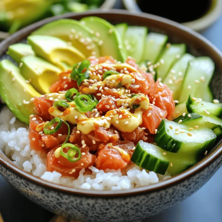 - Sushi rice - Fresh sushi-grade tuna - Kewpie mayonnaise and sriracha - Avocado and cucumber - Seasoning ingredients The main ingredients for your spicy tuna sushi bowls make a big difference. First, you need sushi rice. It is sticky and holds together well. Fresh sushi-grade tuna is a must. This tuna should be bright and firm. Next, Kewpie mayonnaise adds creaminess. Sriracha provides the heat. You can adjust this based on your spice level. Don't forget the avocado and cucumber. Avocado brings creaminess, and cucumber gives a nice crunch. For seasoning, use rice vinegar, sugar, and salt. This mix makes the rice tasty and bright. - Toasted sesame seeds - Nori sheets for serving - Additional garnishes These optional ingredients can take your bowls to the next level. Toasted sesame seeds add a nutty flavor and a bit of crunch. Nori sheets can be cut into strips for serving. They give a fun texture and taste. Additional garnishes, like green onions or radishes, can brighten your dish. They add color and flavor too. For the complete recipe, check the Full Recipe section. - Rinsing and cooking the rice: First, rinse 1 cup of sushi rice under cold water. Use a fine mesh strainer until the water runs clear. This step removes excess starch. Next, place the rinsed rice in a pot with 1 1/4 cups of water. Bring it to a boil over medium-high heat. Once it boils, lower the heat, cover, and let it simmer for 15 minutes. After 15 minutes, remove the pot from heat but keep it covered for another 10 minutes. This steaming step is key for perfect rice. - Seasoning the rice: In a small bowl, whisk together 1 tablespoon of rice vinegar, 1 teaspoon of sugar, and 1/2 teaspoon of fine sea salt. After letting the rice rest, transfer it to a large bowl. Gently fold in the vinegar mixture. This adds flavor to the rice. Let it cool to room temperature before proceeding. - Mixing tuna with mayo and sriracha: In a medium bowl, combine 8 ounces of fresh sushi-grade tuna, 2 tablespoons of Kewpie mayonnaise, and 1 tablespoon of sriracha. Mix until the tuna pieces are well coated. You can adjust the sriracha based on how spicy you like it. This mixture brings a creamy and zesty flavor to the dish. - Setting aside for flavor melding: Once mixed, set the spicy tuna aside. Let it sit for a few minutes. This allows the flavors to come together and enhance the taste. - Distributing rice and tuna: Take the cooled sushi rice and divide it evenly among four serving bowls. On top of the rice, spoon the spicy tuna mixture generously. This forms the heart of your sushi bowl. - Adding toppings and drizzling flavors: Next, arrange sliced avocado, julienned cucumber, and chopped green onions over the tuna. This adds freshness and vibrant colors. Drizzle 1 tablespoon of sesame oil and 1 tablespoon of soy sauce over each bowl. These dressings will bring additional depth to the dish. With these steps, you create a delightful and colorful spicy tuna sushi bowl. For a full recipe, check out the [Full Recipe]. Rinsing sushi rice is very important. It removes excess starch, helping the rice stay fluffy. You should rinse the rice until the water runs clear. This step makes a big difference. For the water-to-rice ratio, use 1 1/4 cups of water for each cup of rice. This ratio ensures the rice cooks just right, giving you a perfect base for your spicy tuna sushi bowls. To control the heat, adjust the amount of sriracha in your dish. If you want less spice, use less sriracha. You can also swap it for a milder sauce, like sweet chili sauce. This way, you can still enjoy the creamy mayo taste without the heat. Arranging your ingredients nicely makes a big impact. Start with a base of rice, then add spicy tuna on top. Next, artfully place avocado and cucumber around the tuna. This makes your bowl look colorful and fresh. Use garnishes like chopped green onions and toasted sesame seeds to add flair. A little sprinkle can turn a simple dish into a stunning meal. For the full recipe, check out the details above. {{image_4}} You can change up the protein in your spicy tuna sushi bowls. If you want a twist, try using salmon instead of tuna. Salmon is rich in flavor and pairs well with the spicy mayo. Shrimp is another great option. Cooked shrimp adds a sweet taste and a nice texture. For a vegetarian option, use marinated tofu or chickpeas. Both are protein-rich and will soak up the flavors well. If you need a gluten-free meal, you have options. Look for gluten-free soy sauce, which tastes great in your bowls. You can also try tamari, a fantastic wheat-free substitute. For the rice, use cauliflower rice for a low-carb option. This adds a fresh crunch and keeps the dish light. To spice things up, consider adding more heat. You can mix in extra sriracha or try chili flakes for an added kick. If you want a sweeter touch, drizzle some honey or agave over your bowl. You can also change the veggies for a new taste. Try adding shredded carrots, radishes, or even mango for a sweet and savory blend. These variations keep your spicy tuna sushi bowls exciting and cater to different tastes and diets. Explore these options and make your meal unique! For the full recipe, check out the details on how to prepare your bowls. When storing leftovers, keep each ingredient separate. This method helps maintain freshness. Use airtight containers for the sushi rice, tuna, and toppings. The rice stays good for up to 3 days. The spicy tuna mixture can last for about 1-2 days. Keep avocado and cucumber fresh by using them right away. To reheat sushi rice, add a splash of water and cover it. Heat in the microwave for 30 seconds. Stir and check if it's warm. Avoid overheating to keep the texture nice. For toppings, like spicy tuna, eat them cold or let them sit at room temperature. This keeps the flavors fresh and enjoyable. You can freeze spicy tuna sushi bowls, but with some care. Freeze the sushi rice and spicy tuna separately to maintain quality. Place them in airtight bags, squeezing out as much air as possible. For best results, use within a month. To thaw, place in the fridge overnight. Reheat the rice gently as needed. Enjoy the taste of your sushi bowl even after freezing! For more details, check the Full Recipe. For sushi bowls, always choose sushi-grade tuna. This means the fish is safe to eat raw. Look for bright color with a firm texture. It should smell fresh, not fishy. You can find sushi-grade tuna at trusted fish markets or specialty stores. Ask your fishmonger for their best selection. Yes, you can prepare some parts in advance. Cook the sushi rice a day ahead. Store it in the fridge to keep it fresh. You can mix the spicy tuna and veggies early too. Just wait to assemble the bowls until you're ready to serve. This way, everything stays fresh and tasty. Some great sides include edamame, seaweed salad, or pickled ginger. These add a nice crunch or tang. For drinks, green tea or a light sake works well. They complement the flavors of the sushi bowls perfectly. Enjoy these delicious additions to enhance your meal. In this post, we explored the essential ingredients, step-by-step instructions, tips, variations, and storage information for spicy tuna sushi bowls. You learned how to prepare the rice, mix flavors, and assemble each bowl. Remember, the key to success lies in fresh ingredients and proper technique. Feel free to experiment with proteins and spices for your liking. With practice, you can create delicious meals that impress. Enjoy your sushi-making adventure!