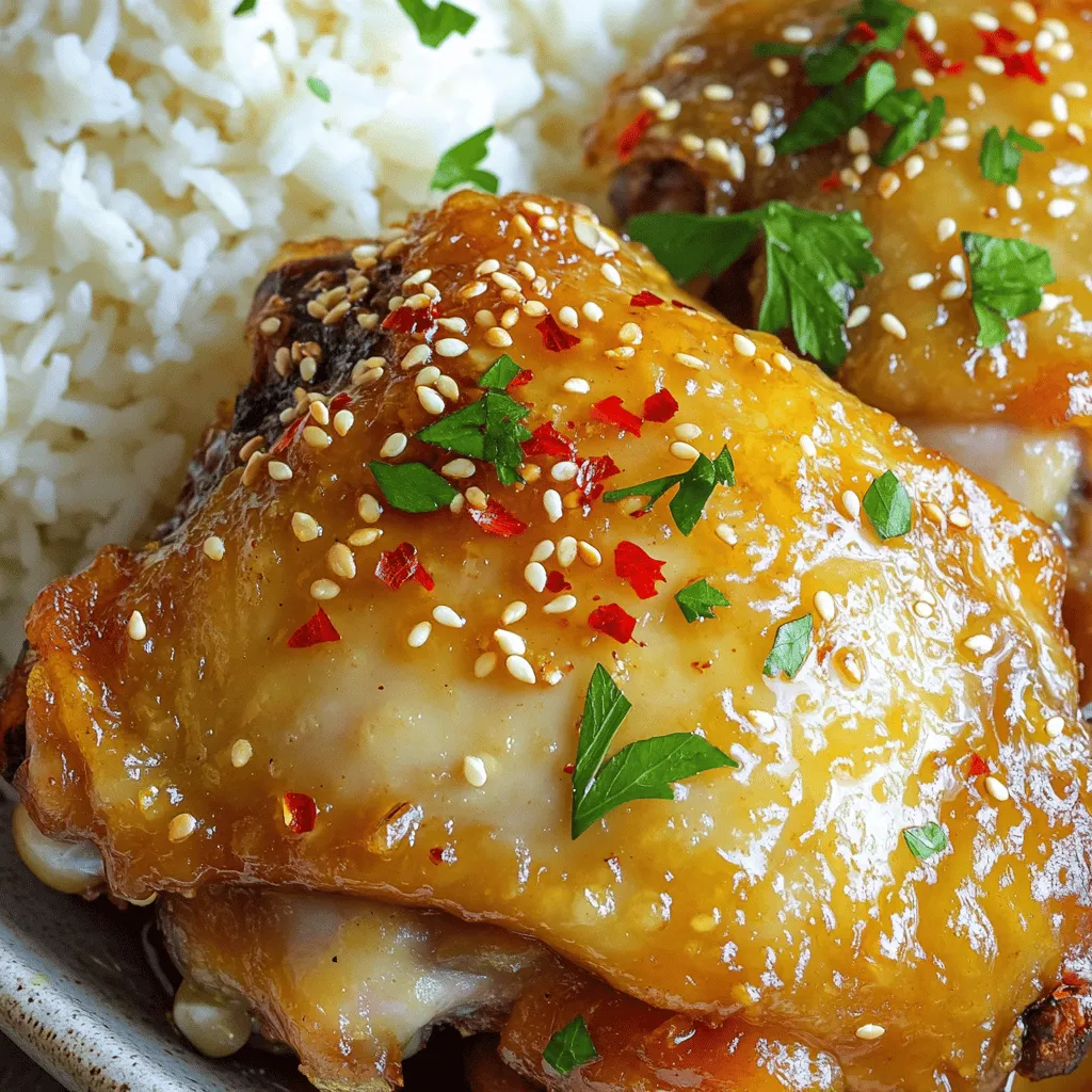 To make spicy honey garlic chicken thighs, you will need: - 4 chicken thighs, bone-in and skin-on - 4 tablespoons honey - 3 cloves garlic, finely minced - 1 tablespoon soy sauce - 1 tablespoon apple cider vinegar - 1 teaspoon red pepper flakes (adjust according to preferred spice level) - 1 teaspoon smoked paprika - Salt and black pepper, to taste - 2 tablespoons olive oil These ingredients create a mix of sweet, spicy, and savory flavors. The chicken thighs are juicy and tender. For a finishing touch, you can add: - Fresh parsley, finely chopped - Sesame seeds These garnishes add color and a fresh taste to your meal. Serve your spicy honey garlic chicken thighs with: - Steamed rice - Roasted vegetables These sides balance the bold flavors of the chicken. For a fun twist, you might include lime or lemon wedges for a zesty kick! You can find the full recipe [here]. To start, you need to make the marinade. Grab a small bowl and whisk together the honey, minced garlic, soy sauce, apple cider vinegar, red pepper flakes, smoked paprika, salt, and black pepper. Mix until everything is smooth. This marinade brings the sweet and spicy flavor to the chicken. Next, take your chicken thighs and place them in a large resealable bag or a shallow dish. Pour the marinade over the chicken. Make sure each thigh is well coated. Seal the bag or cover the dish with plastic wrap. Let it sit in the fridge for at least 30 minutes. For a richer taste, marinate for up to 2 hours. Now it’s time to cook. Preheat your oven to 400°F (200°C). While it heats up, heat olive oil in a large, oven-safe skillet over medium-high heat. Once hot, add the chicken thighs skin-side down. Sear them for about 4-5 minutes. Look for that crispy, golden skin! After searing, flip the thighs skin-side up. Pour any leftover marinade over them. Move the skillet to the oven and bake for 25-30 minutes. Check that the chicken’s internal temperature reaches 165°F (74°C) to ensure it’s safe to eat. Once done, take the skillet out and let the chicken rest for 5 minutes. This helps keep the chicken juicy. Finally, garnish with chopped parsley and sesame seeds before serving. For the full recipe, please refer to the earlier section. Enjoy your meal! Marinating chicken is key for flavor. Use a mix of wet and dry ingredients. For this dish, I use honey, soy sauce, and spices. This mix makes the chicken juicy and tasty. Let the chicken soak in the marinade for at least 30 minutes. If you have more time, go for 2 hours. This really boosts the flavor. - Use a resealable bag: It helps coat the chicken evenly. - Massage the marinade: Gently rub it into the chicken for better flavor. - Always refrigerate: Keep the chicken cool while marinating to prevent bacteria. Crispy skin makes a big difference. Start by searing the chicken in a hot pan. This gives it a nice golden color. Here’s how to get that crunch: - Use bone-in, skin-on thighs: They hold moisture and flavor. - Preheat your pan: Use medium-high heat and add olive oil until it shimmers. - Do not rush the sear: Cook skin-side down for 4-5 minutes before flipping. Cooking chicken properly is very important. Undercooked chicken can be unsafe. Use a meat thermometer to check the internal temperature. Chicken should reach 165°F (74°C). Here are some tips: - Check the juices: They should run clear, not pink. - Let it rest: After cooking, let the chicken sit for 5 minutes. This helps the juices settle. - Follow the recipe: Stick to the cooking times for best results, as in the Full Recipe. {{image_4}} You can easily change the spice level of this dish. If you like it mild, reduce the red pepper flakes. Start with half a teaspoon. For extra heat, add more flakes or a dash of hot sauce. You can also try using fresh chili peppers for a fresh kick. Adjusting spice lets you create a flavor that fits your taste. Switching to skinless chicken thighs is a great way to cut fat. Skinless thighs still stay juicy and tender when cooked right. They soak up the honey garlic sauce well. Plus, you can enjoy the same great taste with fewer calories. This option is perfect for anyone looking for a lighter meal. There are many ways to change this recipe to fit your diet. If you're gluten-free, use tamari instead of soy sauce. You can also swap honey for maple syrup if you want a vegan option. Just make sure to check that your other ingredients are also vegan. These swaps help you enjoy Spicy Honey Garlic Chicken Thighs no matter your dietary needs. For the full recipe, check out the details above. To keep your spicy honey garlic chicken thighs fresh, store them in an airtight container. This helps lock in flavor and moisture. Let the chicken cool down to room temperature before placing it in the fridge. Make sure to use it within three to four days for the best taste. When you want to enjoy the leftovers, reheating them carefully is key. Preheat your oven to 350°F (175°C). Place the chicken in an oven-safe dish and cover it with foil. Heat for about 15-20 minutes, or until it's warmed through. This method helps keep the chicken juicy and tasty. You can also use a microwave. Just cover the chicken and heat it in short bursts, checking often to avoid drying it out. If you want to save some for later, freezing is a great option. First, let the chicken cool completely. Wrap each piece tightly in plastic wrap or foil, then place them in a freezer bag. Remove as much air as possible to prevent freezer burn. You can freeze them for up to three months. When you're ready to eat, thaw it in the fridge overnight before reheating. This keeps the flavor intact and gives you a quick meal. For the full recipe, check out the cooking instructions provided earlier. You can enjoy Spicy Honey Garlic Chicken Thighs with many sides. Here are some great options: - Steamed rice - Roasted vegetables - Mashed potatoes - Quinoa salad - Garlic bread These sides balance the spicy and sweet flavors of the chicken. They also add more texture and taste to your meal. Yes, you can use boneless chicken thighs. They cook faster than bone-in thighs. Just cut the cooking time by about 10 minutes. Ensure the internal temperature reaches 165°F (74°C) for safe eating. Boneless thighs will still soak up the marinade and stay juicy. For the best flavor, marinate the chicken for at least 30 minutes. You can marinate it for up to 2 hours for a richer taste. If you have more time, marinating overnight is great too. This allows the flavors to soak deeply into the chicken. Check out the Full Recipe for more details! This blog post covered everything you need for Spicy Honey Garlic Chicken Thighs. You learned about the key ingredients, how to prepare and marinate, and cooking steps. We looked at tips for crisp skin and safe cooking. Variations let you adjust spice and make healthier choices. Storage tips help keep leftovers tasty. Try this recipe, and share it with friends. Cooking can be fun and tasty! Enjoy your meal!