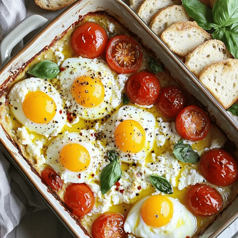 This dish combines creamy feta with eggs and tomatoes. It is simple, tasty, and fun to make. You can bake it all in one dish, making cleanup easy. To make Viral Baked Feta Eggs, you will need: - 200g feta cheese, crumbled - 4 large eggs - 1 cup cherry tomatoes, halved - 2 tablespoons olive oil - 1 teaspoon dried oregano - 1 teaspoon red pepper flakes (optional) - Salt and freshly ground black pepper, to taste - Fresh basil leaves, for garnish - Crusty bread, for serving You can swap feta with goat cheese for a tangy flavor. If you don't have cherry tomatoes, use diced regular tomatoes. Olive oil can be replaced with avocado oil. For a dairy-free option, try a plant-based feta cheese. If you want less heat, skip the red pepper flakes. Gather your ingredients first. You will need: - 200g feta cheese, crumbled - 4 large eggs - 1 cup cherry tomatoes, halved - 2 tablespoons olive oil - 1 teaspoon dried oregano - 1 teaspoon red pepper flakes (optional) - Salt and freshly ground black pepper, to taste - Fresh basil leaves, for garnish - Crusty bread, for serving Make sure your feta cheese is crumbled well. This helps it melt and mix with the eggs. Halve all the cherry tomatoes. They add sweetness and color. It’s best to use fresh ingredients for great flavor. Preheat your oven to 375°F (190°C). This step is key to cooking your dish evenly. Take a medium-sized baking dish and place the crumbled feta in the center. This is where the magic happens! Surround the feta with the halved cherry tomatoes. Drizzle olive oil over everything. This adds richness and helps the cheese melt. Next, sprinkle dried oregano, red pepper flakes, salt, and pepper. Mix it gently to coat all ingredients. Now, use a spoon to make small wells in the feta and tomatoes. Carefully crack the eggs into these wells. Be gentle to keep the yolks intact. Place the dish in the oven and bake for 20-25 minutes. You want the whites set and the yolks slightly runny. Once baked, let the dish cool for one minute. This makes it easier to serve. Garnish with fresh basil leaves for added flavor and color. Serve with crusty bread. It's perfect for dipping into the creamy feta and runny eggs. Enjoy your meal hot for the best taste! For full details, check the Full Recipe. To get great eggs, know your oven. Each oven cooks a bit differently. I recommend checking them at 20 minutes. You want the whites firm but the yolks soft. This gives a nice creamy texture. If you like firmer yolks, cook for a few more minutes. For extra flavor, try adding garlic to the mix. Minced garlic adds a nice kick. You can also switch out cherry tomatoes for sun-dried tomatoes. They give a rich taste. Fresh herbs like thyme or parsley also work well. Don’t forget about lemon zest! It brightens the dish. One mistake is not preheating your oven. This can lead to uneven cooking. Another common error is overcooking the eggs. Watch them closely to get that perfect texture. Finally, don’t skip the salt and pepper. They enhance all the flavors. Try these tips for better baked feta eggs! For the complete process, check the Full Recipe. {{image_4}} You can change the feta cheese to suit your taste. Try goat cheese for a tangy kick. Cream cheese adds a rich, smooth texture. Mozzarella brings a gooey, melty vibe that kids love. Experiment with smoked cheese for a bold flavor twist. Each cheese gives a unique taste to your dish. Mix in your favorite veggies for added flavor and nutrition. Spinach and bell peppers work great. Mushrooms add an earthy touch, while zucchini keeps it fresh. You can also use spices like garlic powder or paprika. Fresh herbs, such as thyme or parsley, can brighten up the dish. Get creative and make it your own! While crusty bread is perfect for dipping, don't stop there. Pair with avocado slices for creaminess. A light salad adds crunch and freshness. You can serve it with roasted potatoes for a heartier meal. Toasted pita chips are also fun for scooping. Enjoy these options to mix up your breakfast! To store leftover baked feta eggs, let them cool first. Place the dish in an airtight container. Keep it in the fridge for up to three days. If you want to enjoy it later, cover it tightly to keep the flavors fresh. Reheat baked feta eggs in the oven or microwave. For the oven, set it to 350°F (175°C). Bake for about 10 minutes until warm. If using a microwave, place a portion on a plate. Heat for 1-2 minutes, checking often. Be careful not to overheat, as it may dry out the eggs. You can freeze baked feta eggs, but the texture may change. Let the dish cool completely. Cut it into portions and wrap each piece tightly in plastic wrap. Place the wrapped portions in a freezer bag. They can last up to a month. To reheat, thaw overnight in the fridge before following reheating instructions. For the complete recipe, check out the Full Recipe section. Yes, you can use goat cheese instead of feta. Goat cheese has a creamy texture and a tangy flavor. It melts nicely, just like feta. The taste will change, but it can still be tasty. If you love goat cheese, give it a try! You know the eggs are cooked when the whites are firm and set. The yolks should look slightly runny for the best taste. If you prefer firmer yolks, bake them a bit longer. Keep an eye on the dish while it bakes. It usually takes about 20-25 minutes. Yes, this recipe is great for meal prep! You can bake it and store leftovers in the fridge. Just cover the dish well. When you are ready to eat, reheat it in the oven or microwave. Enjoy it throughout the week for quick breakfasts! For the full recipe, check here: [Full Recipe]. This blog post covers everything you need to make the best dish. You learned about key ingredients and substitutes to fit your taste. I shared step-by-step instructions to guide you through the baking process. Useful tips help you avoid mistakes and enhance flavors. You also found variations to keep meals exciting and fun. Finally, I provided storage tips to preserve your leftovers. Enjoy your cooking journey and make this recipe your own!