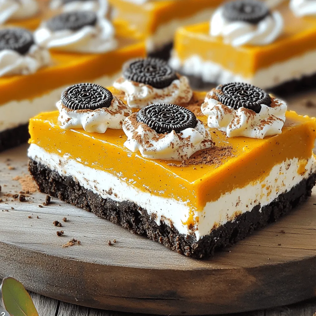 - 24 Oreo cookies, finely crushed - ½ cup unsalted butter, melted - 1 cup pumpkin puree - 1 cup cream cheese, softened to room temperature - ½ cup powdered sugar - 1 teaspoon pure vanilla extract - 1 teaspoon pumpkin spice blend - 1 cup Cool Whip or homemade whipped cream - Additional crushed Oreo cookies for topping The star of these bars is the Oreo cookies. They give the crust a rich chocolate flavor. You will mix these cookies with melted butter. This simple step creates a base that holds the entire dessert together. Next, you need pumpkin puree. This ingredient brings that fall flavor we all love. It adds moisture and richness to the filling. Cream cheese is also vital. It gives the bars a creamy texture that blends well with pumpkin. Powdered sugar sweetens the mix, and vanilla extract adds depth. Pumpkin spice blend gives that warm, cozy taste. It’s a mix of cinnamon, nutmeg, and cloves. Cool Whip or homemade whipped cream makes the filling light and fluffy. Finally, extra crushed Oreo cookies add a nice touch on top. They give you a bit of crunch with each bite. Each ingredient plays an essential role in making these bars a creamy dessert delight. For the full recipe, refer to the detailed instructions above. First, grab a medium bowl. Add 24 crushed Oreo cookies. Pour in ½ cup of melted butter. Mix it well until the crumbs are coated. Next, take a greased 9x9-inch baking pan. Press the cookie mixture firmly into the bottom. Use the back of a measuring cup to make it even. This crust holds the bars together, so make sure it's compact. Now, let’s make the filling. In a large bowl, combine 1 cup of pumpkin puree, 1 cup of softened cream cheese, and ½ cup of powdered sugar. Add 1 teaspoon of pure vanilla extract and 1 teaspoon of pumpkin spice blend. Beat everything with an electric mixer. Keep mixing until the mixture is smooth and creamy. This filling is where the magic happens! Next, it’s time to assemble the bars. Carefully fold in 1 cup of Cool Whip or homemade whipped cream. Mix gently until combined. Pour this fluffy pumpkin filling over the crust. Use a spatula to spread it evenly. For a fun touch, sprinkle additional crushed Oreo cookies on top. This adds great crunch and looks nice. Cover the pan with plastic wrap. Place it in the refrigerator. Chill the bars for at least 4 hours. This step is key for the bars to set well. When you are ready to serve, take them out. Cut the bars into squares. Serve them cold for the best taste. For a nice presentation, add a dollop of whipped cream or a sprinkle of pumpkin spice on top. Enjoy your delightful dessert! To get a smooth and creamy filling, start with cream cheese at room temperature. Cold cream cheese can make lumps. Leave it out for about 30 minutes before mixing. This helps it blend well with the other ingredients. When mixing, gently fold in the whipped cream. Use a spatula and a light touch. This keeps the filling airy. If you mix too hard, you’ll lose that fluffy texture. Make your bars look extra special when serving. Place them on a colorful platter. Top each square with a swirl of whipped cream. A light sprinkle of pumpkin spice gives a warm touch. For a festive look, add mini pumpkins around the bars. This makes your dessert pop and feel seasonal. Don’t overwork the crust mixture. If you mix too much, the crust can become tough. Just combine the crushed Oreos and butter until they stick together. Also, don’t skip the chilling step. Let the bars sit in the fridge for at least four hours. This helps them firm up. If you cut them too soon, they might fall apart. For the best results, follow the full recipe. {{image_4}} You can switch up your No-Bake Pumpkin Oreo Bars with different Oreo flavors. Try peanut butter or mint Oreos for a fun twist. Each flavor adds a unique taste to the crust. You can also change the spices. Instead of pumpkin spice, use cinnamon or nutmeg for a new flavor. Almond or maple extract also works well for a different taste. If you need gluten-free bars, use gluten-free Oreos. They give you the same great taste without gluten. For vegan options, swap cream cheese with a plant-based cream cheese. You can also use coconut whipped cream instead of Cool Whip. These changes keep the bars creamy while meeting dietary needs. You can make mini bars for smaller treats. Just use a mini muffin tin to press the crust and filling. This way, you get bite-sized delights. If you have a big crowd, scale up the recipe. Double the ingredients and use a larger pan. This makes it easy to serve everyone at gatherings. To keep your No-Bake Pumpkin Oreo Bars fresh, store them in the refrigerator. Place the bars in an airtight container. This helps prevent them from drying out or absorbing other odors. You can also cover them tightly with plastic wrap if you don’t have a container. You can freeze leftover bars for later. Cut the bars into squares, then wrap each piece in plastic wrap. Place the wrapped pieces in a freezer-safe bag or container. This will keep them fresh for about a month. These bars stay fresh in the fridge for up to five days. After that, they may start to lose their taste and texture. Look for signs of spoilage such as a sour smell or changes in color. If you see any of these, it’s best to toss them. Enjoy the creamy goodness while it’s fresh! Yes, you can make these bars ahead of time. It is great for saving time. I suggest making them a day before your event. Store the bars in the fridge. Cover them well with plastic wrap. This keeps them fresh and prevents drying out. When ready to serve, just cut and enjoy! Absolutely! You can use homemade whipped cream. Just make sure it is light and fluffy. To substitute, whip heavy cream until it holds soft peaks. This keeps the texture creamy and nice. Fold it in gently to avoid losing air. This way, your bars stay light and tasty! To spice up your bars, add more pumpkin spice blend. You can also add a pinch of cinnamon or nutmeg. For an extra kick, try adding ground ginger. Mix it well into the pumpkin filling. This will enhance the flavor and make each bite pop! In this blog post, we explored how to make No-Bake Pumpkin Oreo Bars. We covered the main ingredients like Oreo cookies and pumpkin puree, plus step-by-step instructions. I shared tips for a creamy filling and ways to avoid common mistakes. We also discussed variations and how to store leftovers. As you create these tasty bars, remember to enjoy the process. Have fun and let your creativity shine!