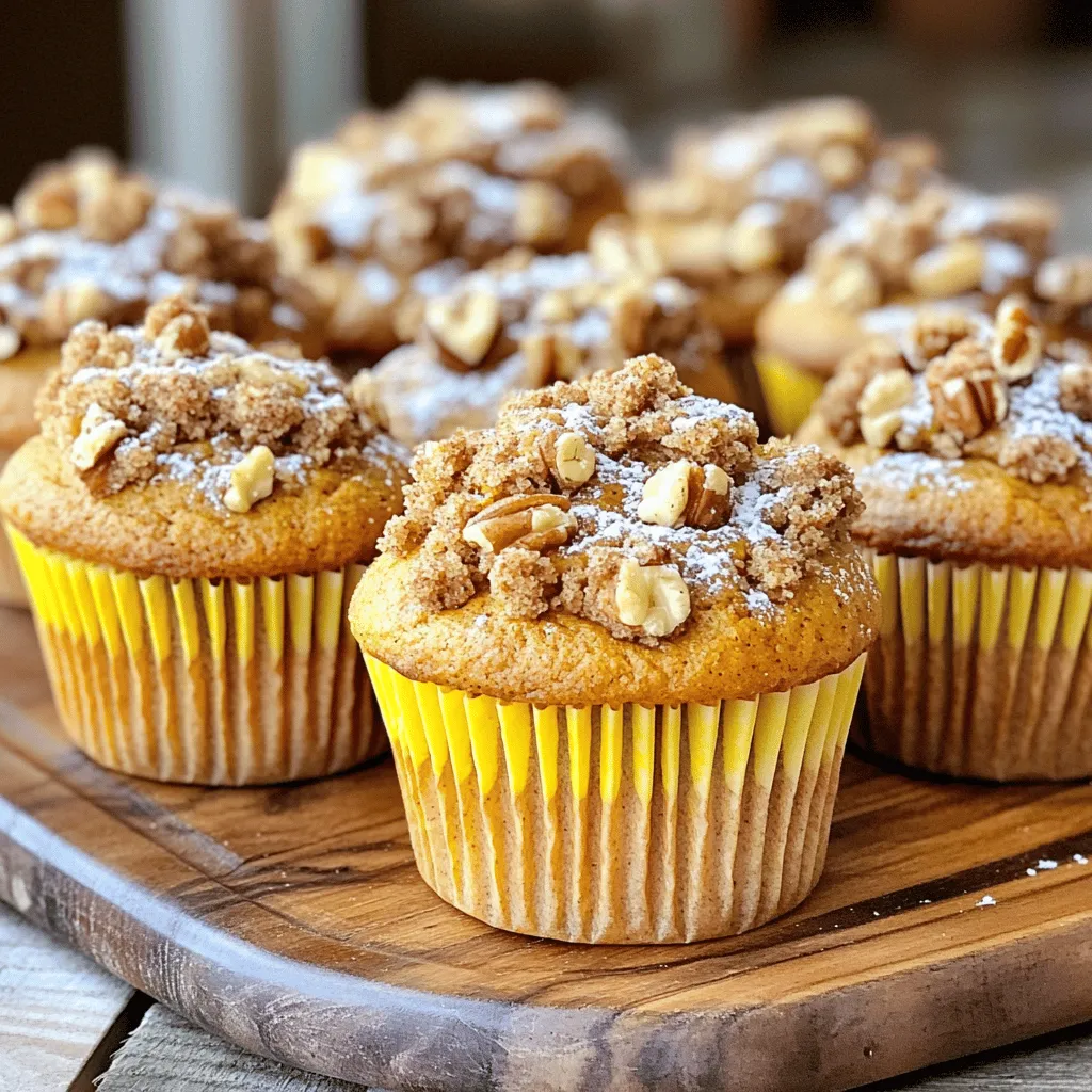 For these tasty muffins, gather the following items: - 1 ½ cups all-purpose flour - 1 teaspoon baking powder - ½ teaspoon baking soda - ½ teaspoon salt - 1 teaspoon ground cinnamon - ½ teaspoon ground nutmeg - ½ teaspoon ground ginger - ½ cup granulated sugar - ½ cup packed brown sugar - ½ cup vegetable oil - 1 cup canned pumpkin puree - 2 large eggs - 1 teaspoon vanilla extract - ½ cup chopped walnuts or pecans (optional) These ingredients create a rich, warm flavor. The pumpkin puree adds moisture and a lovely orange hue. The spices bring out that cozy fall feeling. You can make your muffins even better with some add-ins. Here are some fun options: - Chocolate chips - Dried cranberries - Sunflower seeds - Shredded coconut These add-ins can change the flavor and texture. Try mixing in different ingredients to find your favorite combination. The streusel topping adds a crunchy layer. You will need: - ½ cup all-purpose flour - ½ cup rolled oats - ¼ cup packed brown sugar - ¼ teaspoon ground cinnamon - 4 tablespoons cold butter, diced This topping gives a sweet crunch to each bite. It contrasts nicely with the soft muffin base. Don't skip this step; it's key to a perfect muffin. For the full recipe, check the earlier section. To start, heat your oven to 350°F (175°C). This temperature helps the muffins rise nicely. Line your muffin pan with paper liners or grease it well. Next, gather your dry ingredients. In a medium bowl, mix together 1 ½ cups of flour, 1 teaspoon of baking powder, ½ teaspoon of baking soda, ½ teaspoon of salt, 1 teaspoon of cinnamon, ½ teaspoon of nutmeg, and ½ teaspoon of ginger. Whisk them well and set them aside. Now, in a larger bowl, combine ½ cup of granulated sugar and ½ cup of brown sugar with ½ cup of vegetable oil. Mix until smooth. Add in 1 cup of canned pumpkin puree, 2 large eggs, and 1 teaspoon of vanilla extract. Whisk everything until it’s creamy and well blended. Gradually mix the dry ingredients into the wet mixture. Stir until just combined. Be careful not to overmix. If you like, fold in ½ cup of chopped walnuts or pecans for some extra crunch. For the streusel topping, grab a bowl and mix together ½ cup of flour, ½ cup of oats, ¼ cup of brown sugar, and ¼ teaspoon of cinnamon. This mix adds great flavor and texture. Cut in 4 tablespoons of cold butter into the mixture. Use a pastry cutter or fork to break it down until you get coarse crumbs. This should feel like sand between your fingers. Fill each muffin cup about ⅔ full with the batter. Make sure to leave space for the muffins to rise. Generously sprinkle the streusel topping over each muffin. This will create a delicious, crunchy layer on top. Bake your muffins in the preheated oven for 18 to 20 minutes. Check if they are done by inserting a toothpick into the center. It should come out clean. Once baked, cool the muffins in the pan for about 5 minutes. Then, transfer them to a wire rack to cool completely. You can find the full recipe for these delightful pumpkin streusel muffins in the main section. Enjoy your cozy fall treat! To get soft, fluffy muffins, mix well but don’t overdo it. Overmixing makes them tough. Use room temperature eggs and pumpkin puree. This helps the batter blend smoothly. Fill each muffin cup about two-thirds full. This allows room for the muffins to rise beautifully. You can adjust this recipe to fit your taste. Use whole wheat flour for more fiber. You can swap the granulated sugar for coconut sugar. It gives a nice flavor. If you like nuts, add chopped pecans or walnuts. For a dairy-free option, choose a plant-based oil. You can also use applesauce instead of oil for a lighter muffin. These muffins taste great warm or at room temperature. Dust them with powdered sugar for a pretty touch. Pair them with a warm drink like tea or coffee. You can also serve them with a dollop of cream cheese spread. They make a lovely breakfast or snack. For the full recipe, you can refer to the earlier section. {{image_4}} You can easily make these muffins gluten-free. Use a gluten-free all-purpose flour mix. Make sure it has a binder like xanthan gum. This helps hold the muffins together. The taste stays great, and the texture remains soft. To make vegan pumpkin muffins, swap eggs for flaxseed meal. Mix one tablespoon of flaxseed with three tablespoons of water. Let it sit for five minutes to thicken. Replace the oil with applesauce for moisture. This keeps the muffins light and fluffy without eggs or dairy. Want to add a twist? Toss in chocolate chips or dried fruit. Dark chocolate chips bring a rich taste. Dried cranberries or raisins add sweetness. About half a cup of either works well. Mix them into the batter before baking. This makes each bite extra special. For the full recipe, check the details above. To keep your Pumpkin Streusel Muffins fresh, store them in an airtight container. This helps keep moisture in and prevents the muffins from drying out. You can place parchment paper between layers to avoid sticking. Enjoy them within three days for the best taste. Want to save some for later? You can freeze these muffins! First, let them cool completely. Then, wrap each muffin in plastic wrap. Place them in a freezer bag or container. Make sure to label the bag with the date. They can last up to three months in the freezer. To enjoy your muffins warm, reheat them in the oven or microwave. For the oven, preheat to 350°F (175°C) and heat muffins for about 10 minutes. For the microwave, place a muffin on a plate and warm it for 15-20 seconds. Enjoy those cozy flavors again! For the full recipe, check out the detailed steps above. Yes, you can use fresh pumpkin. First, cook the pumpkin until soft. Then, mash it well. This adds a fresh taste. However, canned pumpkin gives a consistent flavor and texture. Both options work great. To check if the muffins are done, insert a toothpick in the center. If it comes out clean, they are ready. The tops should look golden brown. Also, they should spring back when lightly touched. You can use applesauce or mashed banana as egg replacements. Use 1/4 cup for each egg. This keeps the muffins moist and adds some sweetness. You can also use flaxseed meal mixed with water for a vegan option. Yes, you can make these gluten-free. Use a gluten-free flour blend instead of wheat flour. Check the blend for xanthan gum, as it helps with texture. The muffins will still taste great. Store leftover muffins in an airtight container. Keep them at room temperature for up to three days. For longer storage, place them in the fridge. They will last up to a week. Yes, you can freeze these muffins. Wrap each one in plastic wrap and place them in a freezer bag. They will stay fresh for about three months. Thaw them at room temperature before enjoying. You can add chocolate chips, dried fruit, or nuts. These add a fun twist to the muffins. Try cinnamon chips or a mix of spices for more flavor. Get creative with your additions! Baking takes about 18-20 minutes. Keep an eye on them as they bake. Ovens can vary, so check for doneness with a toothpick. Adjust the time if needed. For the full recipe, you can refer back to the earlier section. Enjoy baking these delightful Pumpkin Streusel Muffins! You now have all the steps to make delicious pumpkin streusel muffins. We covered main ingredients, how to prepare the batter, and making the topping. You learned tips for perfect texture and serving ideas. Variations like gluten-free and vegan options add fun twists to this recipe. Remember to store any leftovers properly to enjoy later. Get excited to bake these muffins and share them with friends and family! Happy baking!