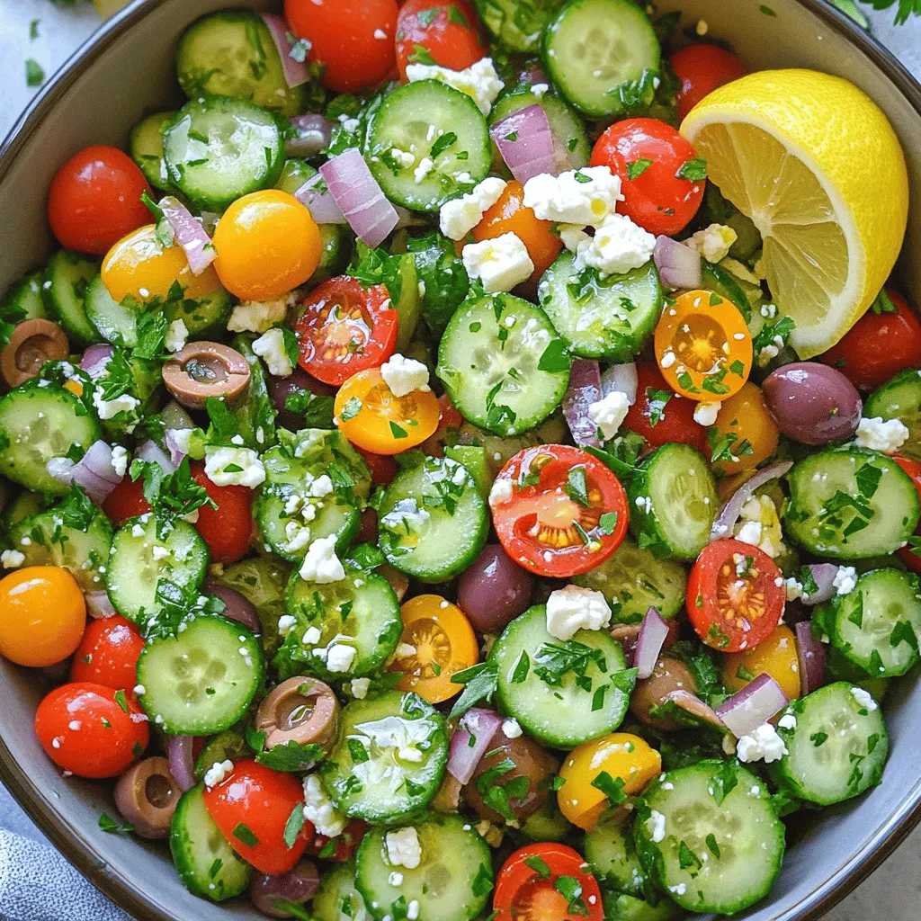 - 3 medium cucumbers, peeled and diced - 1 cup cherry tomatoes, halved - 1/2 medium red onion, finely chopped - 1 bell pepper (either red or yellow), diced - 1/2 cup kalamata olives, pitted and halved - 1/3 cup feta cheese, crumbled - 1/4 cup fresh parsley, finely chopped - 3 tablespoons extra-virgin olive oil - 2 tablespoons fresh lemon juice (approximately 1 lemon) - 1 teaspoon dried oregano - Salt and freshly ground black pepper, to taste When I make this Mediterranean cucumber salad, I start with fresh veggies. Cucumbers are the star here. They add a nice crunch. Cherry tomatoes bring color and sweetness. The red onion adds a sharp bite, while the bell pepper adds a sweet note. Next, I include kalamata olives. They give a briny taste that pops. Feta cheese adds creaminess and tang. Fresh parsley adds a bright flavor and makes the dish look good. For the dressing, I mix olive oil and lemon juice. This combo brightens the salad. Dried oregano adds an earthy taste. I always add salt and pepper to taste. This fresh and flavorful dish is perfect for summer. It's light but filling. You can enjoy it as a side or a snack. Check the full recipe for all the details. Start by grabbing a large mixing bowl. In it, combine diced cucumbers, halved cherry tomatoes, finely chopped red onion, and diced bell pepper. Mixing these fresh vegetables creates a colorful base full of crunch. Next, incorporate halved kalamata olives and crumbled feta cheese for added flavor. These ingredients bring a salty punch that pairs perfectly with the crisp veggies. The olives add a briny taste, while the feta gives a creamy texture. In a separate bowl, whisk together olive oil, lemon juice, oregano, salt, and pepper until emulsified. This dressing will enhance the salad with a zesty kick. The balance of oil and lemon juice brightens up the flavors and keeps everything fresh. Drizzle the dressing over the vegetables and gently toss to combine without mashing the feta. Tossing lightly ensures every piece gets coated without breaking the cheese. This step is key for a lovely texture. Finally, sprinkle chopped parsley on top for added color and freshness. The parsley not only looks great but also adds a hint of herbal flavor that ties everything together. Enjoy your salad as a refreshing and vibrant dish. For the full recipe, check the recipe section above. Serve your Mediterranean cucumber salad in a decorative bowl. You can also use individual plates. This makes the dish look more appealing. A vibrant display brings joy to every meal. Sprinkle extra feta on top for a lovely touch. Just before serving, drizzle a little olive oil over the salad. This gives your dish an extra burst of flavor. You can also add a squeeze of fresh lemon juice. This brightens the taste and makes the salad even fresher. You can prepare the salad a few hours in advance. This allows the flavors to blend well. Just remember to wait until serving to add the parsley. It will stay fresh and vibrant this way. Enjoy making your Mediterranean cucumber salad! For the full recipe, check out the details above. {{image_4}} You can make your Mediterranean cucumber salad even heartier. Try adding grilled chicken or chickpeas. Grilled chicken adds a smoky flavor. It also makes the dish more filling. Chickpeas give a nice texture and add protein. Both options pair well with the fresh veggies in the salad. Switching up the dressing can change the whole vibe of your salad. While the basic olive oil and lemon dressing is great, you can try balsamic vinaigrette. It adds a sweet and tangy twist. Another option is a yogurt-based dressing. This gives a creamy texture and cool flavor. Don’t hesitate to get creative with your dressings! Using seasonal ingredients can enhance the flavor of your salad. In summer, you can add avocados for creaminess. In fall, consider adding roasted pumpkins for a warm touch. Each season offers unique flavors. Adjusting your ingredients keeps the salad fresh and exciting. Enjoy exploring the variety of tastes throughout the year! Store leftovers in an airtight container in the refrigerator for up to 2 days. This keeps the salad fresh. I recommend enjoying it within this time for the best taste. Keep the dressing separate until you serve the salad. This helps maintain the crispness of the veggies. If you add the dressing too early, the cucumbers can get soggy. Freezing is not a good option for this salad. The texture of fresh vegetables changes when frozen. You will end up with a mushy salad, which is not what you want. Enjoy this dish fresh! Yes, you can prepare it a few hours in advance. Just leave out the parsley until serving. This keeps the salad fresh and bright. If you add the parsley too early, it can wilt and lose its flavor. You can use crumbled goat cheese instead. If you want a dairy-free option, just omit the cheese. The salad will still taste great without it. Goat cheese offers a similar creamy texture and tangy flavor. Absolutely, this salad is great for meal prep. It stays fresh for a short period, making it easy to pack for lunches. Just remember to keep the dressing separate until you're ready to eat. This keeps the vegetables crisp and tasty. To make this salad more filling, add grains like quinoa or bulgur. These will add protein and fiber to the dish. You can mix in the grains right before serving. This Mediterranean cucumber salad combines fresh vegetables and flavorful ingredients. You toss cucumbers, tomatoes, and olives with a simple dressing for a tasty dish. You can add protein or try different dressings for variety. Remember to store it properly and enjoy its fresh taste. With these tips and tweaks, you’ll create a salad that delights and nourishes. Enjoy your healthy eating journey!