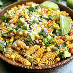 - 8 oz rotini pasta - 2 cups corn kernels (fresh, frozen, or grilled) - 1 red bell pepper, diced - 1/2 small red onion, finely chopped - 1 ripe avocado, diced - 1/2 cup fresh cilantro, chopped - 1/2 cup cotija cheese, crumbled - 1/4 cup mayonnaise - 2 tablespoons sour cream - 1 tablespoon fresh lime juice - 1 teaspoon chili powder - Salt and pepper to taste - Optional: sliced jalapeños Gathering fresh ingredients makes a big difference in flavor. Use high-quality rotini pasta for the best texture. Corn adds sweetness and crunch. You can use fresh corn, frozen corn, or even grilled corn for a smoky edge. Red bell pepper brings a pop of color and sweetness. A small red onion adds sharpness without being too strong. The avocado gives creaminess and richness. Fresh cilantro adds a bright note to the dish. Cotija cheese is a must for that classic Mexican street corn taste. Mayonnaise and sour cream create a creamy dressing that ties everything together. Lime juice brightens the flavors. Chili powder adds a kick, and you can adjust it to your taste. Feel free to add sliced jalapeños if you want extra heat. This salad is versatile, and you can mix and match based on your pantry. - Alternatives for rotini pasta: Use penne or fusilli if you prefer. - Dairy-free options for mayonnaise and sour cream: Look for plant-based mayo and yogurt. - Fresh vs. canned corn considerations: Fresh corn tastes best, but canned corn works well in a pinch. You can get creative with your ingredients while keeping the core of the dish intact. Each choice impacts the final taste, so enjoy mixing it up! For the complete recipe, check out the Full Recipe section. First, bring a large pot of water to a boil. Add salt to the water for flavor. Next, add 8 oz of rotini pasta. Cook it for about 8-10 minutes. You want it al dente, which means it should be firm but not hard. After cooking, drain the pasta. Rinse it under cold water to cool it down. This stops the cooking process and helps keep the pasta from sticking together. In a big mixing bowl, combine the cooled rotini pasta with your veggies. Add 2 cups of corn, 1 diced red bell pepper, 1/2 a small red onion, and 1 diced avocado. Don’t forget 1/2 cup of chopped cilantro. Stir gently to mix everything well. Be careful not to mash the avocado; you want nice pieces to stay intact. In a smaller bowl, whisk together the dressing. Mix 1/4 cup of mayonnaise with 2 tablespoons of sour cream. Add 1 tablespoon of fresh lime juice and 1 teaspoon of chili powder. Season with a pinch of salt and pepper. Whisk until the dressing is smooth and creamy. Taste it; you can add more lime juice or chili powder if you want more flavor. Pour the dressing over the salad mixture. Using a spatula, fold the ingredients together gently. You want everything to be coated in dressing but avoid mashing. Now, sprinkle 1/2 cup of crumbled cotija cheese on top. If you like some heat, add sliced jalapeños now. Cover the salad with plastic wrap or a lid. Place it in the refrigerator for at least 30 minutes. This chill time is important. It helps the flavors blend and taste better. Enjoy your flavorful and fresh Mexican street corn pasta salad! For the complete recipe, check out the Full Recipe. To make your Mexican street corn pasta salad shine, adjust the spice levels. Start with one teaspoon of chili powder. If you like heat, add sliced jalapeños. Taste as you go to find your perfect balance. Seasoning is key to a great dish. Use salt and pepper wisely. Too much salt can overpower the other flavors. Always taste before serving. This way, you ensure every bite is full of flavor. A beautiful salad makes a big impact. Start by serving the salad in a bright, large bowl. Top it with extra crumbled cotija cheese for a nice look. Add fresh cilantro leaves for color and freshness. Lime wedges not only add zest but also enhance the visual appeal. Arrange them around the bowl. This invites everyone to dig in. Meal prep keeps your cooking easy. Prepare ingredients ahead of time. Cook the pasta and let it cool. Dice the vegetables and store them in separate containers. This way, you save time on busy days. When ready to eat, just mix everything together. For storage, use airtight containers to keep the salad fresh. It lasts well in the fridge. Enjoy your meals without the last-minute rush, and check out the Full Recipe for details! {{image_4}} You can switch up the pasta shape to make it fun. Try using penne, fusilli, or even farfalle. Each shape holds the dressing and flavors well. You can also add proteins to make it heartier. Grilled chicken adds a nice touch. Shrimp can bring a sweet flavor. Adding herbs makes the salad pop. Fresh parsley or green onions can brighten the taste. You can also mix in different cheeses for variety. Feta cheese gives a salty kick, while pepper jack adds spice. If you want a gluten-free meal, use gluten-free pasta. Many options are available now, and they taste great! For a vegan version, swap the mayonnaise and sour cream for plant-based alternatives. Cashew cream or avocado can add creaminess without dairy. The Full Recipe provides more details on these swaps. To keep your Mexican street corn pasta salad fresh, store it in the fridge quickly. Use an airtight container to seal in the flavors. This salad stays good for about three to five days. Check for any signs of spoilage, like off smells or changes in texture before eating. Can you freeze Mexican street corn pasta salad? I do not recommend freezing it. The pasta and veggies can become mushy when thawed. If you have leftovers, eat them fresh for the best taste. If you still want to freeze it, follow these tips: - Store in a freezer-safe container. - Separate the dressing from the salad. - Freeze only the pasta and corn mix. - Thaw it in the fridge overnight before serving. When reheating, warm it gently in a pan. Add fresh dressing and toppings to bring back that flavor. Enjoy your delicious meal! For the full recipe, check out the detailed instructions above. Yes, you can make this salad ahead of time. I suggest preparing it a day in advance. This gives the flavors time to mix well. Store it in the fridge in a sealed container. It stays fresh for up to three days. Just give it a good stir before serving. This salad pairs well with grilled chicken or fish. You can also serve it with tacos or burritos. Add a side of fresh salsa or guacamole for extra flavor. For a complete meal, try serving it with a light green salad. To reduce the creaminess, cut back on the mayonnaise and sour cream. You can also use Greek yogurt instead. Another option is to add more corn and veggies. This will balance out the creaminess and add texture. Absolutely! You can add chopped tomatoes, cucumbers, or radishes. Bell peppers in different colors can also brighten the dish. Try adding zucchini or shredded carrots for extra crunch. These additions will give your salad more flavor and nutrition. This blog post covered a tasty Mexican street corn pasta salad. We explored simple ingredients and easy steps to make it delicious. You learned how to mix flavors, adjust spice, and add your twist. I also shared tips for meal prep and storage. Enjoy this salad as a fun side or main dish. Try new ingredients and have fun with it!