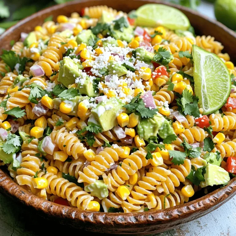 - 8 oz rotini pasta - 2 cups corn kernels (fresh, frozen, or grilled) - 1 red bell pepper, diced - 1/2 small red onion, finely chopped - 1 ripe avocado, diced - 1/2 cup fresh cilantro, chopped - 1/2 cup cotija cheese, crumbled - 1/4 cup mayonnaise - 2 tablespoons sour cream - 1 tablespoon fresh lime juice - 1 teaspoon chili powder - Salt and pepper to taste - Optional: sliced jalapeños Gathering fresh ingredients makes a big difference in flavor. Use high-quality rotini pasta for the best texture. Corn adds sweetness and crunch. You can use fresh corn, frozen corn, or even grilled corn for a smoky edge. Red bell pepper brings a pop of color and sweetness. A small red onion adds sharpness without being too strong. The avocado gives creaminess and richness. Fresh cilantro adds a bright note to the dish. Cotija cheese is a must for that classic Mexican street corn taste. Mayonnaise and sour cream create a creamy dressing that ties everything together. Lime juice brightens the flavors. Chili powder adds a kick, and you can adjust it to your taste. Feel free to add sliced jalapeños if you want extra heat. This salad is versatile, and you can mix and match based on your pantry. - Alternatives for rotini pasta: Use penne or fusilli if you prefer. - Dairy-free options for mayonnaise and sour cream: Look for plant-based mayo and yogurt. - Fresh vs. canned corn considerations: Fresh corn tastes best, but canned corn works well in a pinch. You can get creative with your ingredients while keeping the core of the dish intact. Each choice impacts the final taste, so enjoy mixing it up! For the complete recipe, check out the Full Recipe section. First, bring a large pot of water to a boil. Add salt to the water for flavor. Next, add 8 oz of rotini pasta. Cook it for about 8-10 minutes. You want it al dente, which means it should be firm but not hard. After cooking, drain the pasta. Rinse it under cold water to cool it down. This stops the cooking process and helps keep the pasta from sticking together. In a big mixing bowl, combine the cooled rotini pasta with your veggies. Add 2 cups of corn, 1 diced red bell pepper, 1/2 a small red onion, and 1 diced avocado. Don’t forget 1/2 cup of chopped cilantro. Stir gently to mix everything well. Be careful not to mash the avocado; you want nice pieces to stay intact. In a smaller bowl, whisk together the dressing. Mix 1/4 cup of mayonnaise with 2 tablespoons of sour cream. Add 1 tablespoon of fresh lime juice and 1 teaspoon of chili powder. Season with a pinch of salt and pepper. Whisk until the dressing is smooth and creamy. Taste it; you can add more lime juice or chili powder if you want more flavor. Pour the dressing over the salad mixture. Using a spatula, fold the ingredients together gently. You want everything to be coated in dressing but avoid mashing. Now, sprinkle 1/2 cup of crumbled cotija cheese on top. If you like some heat, add sliced jalapeños now. Cover the salad with plastic wrap or a lid. Place it in the refrigerator for at least 30 minutes. This chill time is important. It helps the flavors blend and taste better. Enjoy your flavorful and fresh Mexican street corn pasta salad! For the complete recipe, check out the Full Recipe. To make your Mexican street corn pasta salad shine, adjust the spice levels. Start with one teaspoon of chili powder. If you like heat, add sliced jalapeños. Taste as you go to find your perfect balance. Seasoning is key to a great dish. Use salt and pepper wisely. Too much salt can overpower the other flavors. Always taste before serving. This way, you ensure every bite is full of flavor. A beautiful salad makes a big impact. Start by serving the salad in a bright, large bowl. Top it with extra crumbled cotija cheese for a nice look. Add fresh cilantro leaves for color and freshness. Lime wedges not only add zest but also enhance the visual appeal. Arrange them around the bowl. This invites everyone to dig in. Meal prep keeps your cooking easy. Prepare ingredients ahead of time. Cook the pasta and let it cool. Dice the vegetables and store them in separate containers. This way, you save time on busy days. When ready to eat, just mix everything together. For storage, use airtight containers to keep the salad fresh. It lasts well in the fridge. Enjoy your meals without the last-minute rush, and check out the Full Recipe for details! {{image_4}} You can switch up the pasta shape to make it fun. Try using penne, fusilli, or even farfalle. Each shape holds the dressing and flavors well. You can also add proteins to make it heartier. Grilled chicken adds a nice touch. Shrimp can bring a sweet flavor. Adding herbs makes the salad pop. Fresh parsley or green onions can brighten the taste. You can also mix in different cheeses for variety. Feta cheese gives a salty kick, while pepper jack adds spice. If you want a gluten-free meal, use gluten-free pasta. Many options are available now, and they taste great! For a vegan version, swap the mayonnaise and sour cream for plant-based alternatives. Cashew cream or avocado can add creaminess without dairy. The Full Recipe provides more details on these swaps. To keep your Mexican street corn pasta salad fresh, store it in the fridge quickly. Use an airtight container to seal in the flavors. This salad stays good for about three to five days. Check for any signs of spoilage, like off smells or changes in texture before eating. Can you freeze Mexican street corn pasta salad? I do not recommend freezing it. The pasta and veggies can become mushy when thawed. If you have leftovers, eat them fresh for the best taste. If you still want to freeze it, follow these tips: - Store in a freezer-safe container. - Separate the dressing from the salad. - Freeze only the pasta and corn mix. - Thaw it in the fridge overnight before serving. When reheating, warm it gently in a pan. Add fresh dressing and toppings to bring back that flavor. Enjoy your delicious meal! For the full recipe, check out the detailed instructions above. Yes, you can make this salad ahead of time. I suggest preparing it a day in advance. This gives the flavors time to mix well. Store it in the fridge in a sealed container. It stays fresh for up to three days. Just give it a good stir before serving. This salad pairs well with grilled chicken or fish. You can also serve it with tacos or burritos. Add a side of fresh salsa or guacamole for extra flavor. For a complete meal, try serving it with a light green salad. To reduce the creaminess, cut back on the mayonnaise and sour cream. You can also use Greek yogurt instead. Another option is to add more corn and veggies. This will balance out the creaminess and add texture. Absolutely! You can add chopped tomatoes, cucumbers, or radishes. Bell peppers in different colors can also brighten the dish. Try adding zucchini or shredded carrots for extra crunch. These additions will give your salad more flavor and nutrition. This blog post covered a tasty Mexican street corn pasta salad. We explored simple ingredients and easy steps to make it delicious. You learned how to mix flavors, adjust spice, and add your twist. I also shared tips for meal prep and storage. Enjoy this salad as a fun side or main dish. Try new ingredients and have fun with it!