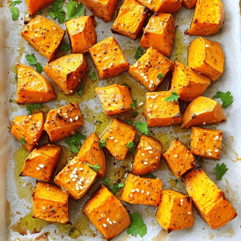 - 4 medium sweet potatoes, peeled and cut into 1-inch cubes - 3 tablespoons extra virgin olive oil - 1 teaspoon smoked paprika - 1 teaspoon garlic powder - Sea salt and freshly ground black pepper, to taste - 1/4 cup tahini - 2 tablespoons freshly squeezed lemon juice - 2 tablespoons pure maple syrup - 1-2 tablespoons water (for adjusting tahini consistency) - Fresh parsley, finely chopped (for garnish) - Toasted sesame seeds (for garnish) - A pinch of cayenne pepper for heat - Chopped green onions for added freshness - Crumbled feta cheese for a creamy touch If you need alternatives, try using almond butter instead of tahini. You can swap sweet potatoes for butternut squash if desired. Olive oil can be replaced with avocado oil for a different flavor. Start by preheating your oven to 425°F (220°C). This high heat helps create a nice caramelized flavor. Line a large baking sheet with parchment paper. This step keeps the sweet potatoes from sticking and makes cleanup a breeze. Next, take 4 medium sweet potatoes. Peel them and cut them into 1-inch cubes. Place the cubes in a large mixing bowl. Add 3 tablespoons of extra virgin olive oil. Then, sprinkle in 1 teaspoon of smoked paprika, 1 teaspoon of garlic powder, sea salt, and freshly ground black pepper. Toss everything together until the sweet potatoes are well coated. Spread the sweet potatoes in a single layer on the baking sheet. Make sure they aren't crowded; this helps them roast evenly. Roast them in the oven for 25 to 30 minutes. About halfway through, give them a stir for even cooking. When they are tender and golden brown, they are ready. While the sweet potatoes roast, you can prepare the tahini drizzle. In a small mixing bowl, combine 1/4 cup tahini, 2 tablespoons of freshly squeezed lemon juice, and 2 tablespoons of pure maple syrup. Whisk these ingredients together until smooth. If the mixture is too thick, add 1 to 2 tablespoons of water. Keep adding water until the tahini reaches a creamy consistency. Once the sweet potatoes are done, take them out of the oven and let them cool for about 5 minutes. Drizzle the tahini sauce over the warm sweet potatoes. Finish with freshly chopped parsley and toasted sesame seeds for color and flavor. Enjoy this delicious dish! For the full recipe, check out the details provided. To get sweet potatoes that are soft inside and crispy outside, follow these tips. Cut your sweet potatoes into even 1-inch cubes. This size helps them cook evenly. Toss them well with olive oil and spices. Make sure they are in a single layer on the baking sheet. Overcrowding can lead to steaming. Roast at 425°F (220°C) for 25-30 minutes. Stir halfway through for even browning. Look for a golden color and a tender texture. Tahini can be thick and hard to drizzle. To make it smooth, start with a small bowl. Mix tahini, lemon juice, and maple syrup first. Then, add water one tablespoon at a time. Whisk until creamy. If it’s still thick, keep adding water. This way, your tahini drizzle will coat the sweet potatoes perfectly. Presentation is key! Serve your roasted sweet potatoes on a large platter. Drizzle the tahini sauce over them right before serving. Sprinkle with fresh parsley and toasted sesame seeds. These bright colors make the dish pop. Pair this dish with a light salad or grilled protein for a complete meal. You can also enjoy it as a snack. For the full recipe, be sure to check out the details above. {{image_4}} You can easily add more veggies or proteins to your sweet potatoes. Try mixing in chickpeas for extra fiber and protein. They roast well and add a nice crunch. Carrots or bell peppers also work great. Just cut them into similar sizes for even cooking. If you want to add leafy greens, toss in some spinach or kale after roasting. They wilt quickly and add color. You can also mix in nuts like walnuts or almonds for a crunchy texture. Get creative and make this dish your own! Changing up the spices can give your dish a new twist. Instead of smoked paprika, try cumin for a warm flavor. Or add a bit of chili powder for some heat. You can also use fresh herbs like rosemary or thyme to boost the taste. If you want a different sauce, try peanut sauce instead of tahini. It brings a sweet and nutty flavor that pairs well with sweet potatoes. You can also drizzle balsamic glaze for a tangy kick. Experimenting with flavors can make each meal unique! This recipe is vegan-friendly, thanks to tahini. If you want a non-vegan option, you can add yogurt or sour cream on top. These will add creaminess and a different flavor profile. For those not keen on tahini, you can swap it with almond butter. It gives a nutty taste and works well with the sweetness of the potatoes. Explore these options to find what suits your taste! To keep your roasted sweet potatoes fresh, let them cool first. Place them in an airtight container. Store them in the fridge for up to three days. This keeps them tasty and safe to eat later. When you are ready to eat your leftovers, preheat your oven to 350°F (175°C). Spread the sweet potatoes on a baking sheet. Reheat them for about 10-15 minutes. This method helps keep their texture and flavor. You can also use a microwave. Heat them in short bursts of 30 seconds until warm. Drizzle the tahini sauce on top after reheating. If you want to freeze your sweet potatoes, cool them first. Spread them out on a baking sheet in a single layer. Freeze for a few hours until solid. Then, transfer them to a freezer bag. Remove as much air as possible. They can stay in the freezer for up to three months. For the tahini drizzle, store it in a separate container. You can freeze it too, but make sure to whisk it again after thawing. You can serve roasted sweet potatoes with many dishes. Here are some great options: - Grilled chicken or fish - Quinoa salad with veggies - Steamed greens like broccoli or spinach - A fresh garden salad - Hummus and pita for a fun snack These dishes will add balance to your meal and make it more filling. You can mix and match based on what you like! Yes, you can make the tahini drizzle ahead of time. Store it in an airtight container in the fridge. It will stay fresh for about a week. Just remember to stir it well before using. If it thickens, you can add a little water to get it smooth again. To spice things up, try these ideas: - Add a pinch of cayenne pepper to the sweet potatoes before roasting. - Mix in some crushed red pepper flakes in the tahini drizzle. - Top the finished dish with sliced jalapeños for a fresh kick. These tips will give your dish the heat you want without overpowering the sweet flavor of the potatoes. Enjoy experimenting with your spice level! In this blog post, we explored how to make roasted sweet potatoes with tahini drizzle. We covered the main and optional ingredients, key preparation steps, and useful tips for perfect results. I shared variations to keep your meals exciting and storage tips to reduce waste. Remember, cooking is all about creativity. Don’t hesitate to experiment with flavors and textures. Enjoy your delicious dish and the joy of cooking!