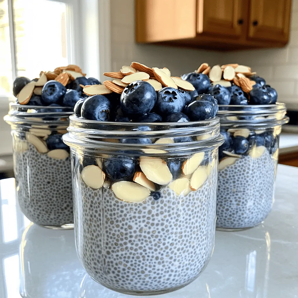 - 1/2 cup chia seeds - 2 cups unsweetened almond milk - 1/4 cup maple syrup (or honey) - 1 teaspoon pure vanilla extract - 1 cup fresh blueberries, plus extra for garnish - 1/4 cup sliced almonds, toasted - A pinch of salt When measuring chia seeds, use a standard dry measuring cup. Make sure to pack the seeds lightly, not firmly. For almond milk, a liquid measuring cup works best. For sweeteners, you can adjust the amount based on your taste. If you want it sweeter, add more maple syrup or honey. When adding blueberries, use fresh ones for the best flavor. Frozen blueberries can work too, but they may make the pudding runny. For sliced almonds, toasting them in a dry pan brings out their nutty flavor. This step is key for adding depth to your pudding. You can swap chia seeds with flax seeds if needed. They will give a similar texture but a different flavor. If you want to avoid nuts, try coconut milk instead of almond milk. For sweetness, agave syrup or stevia can be good alternatives. If you don’t have fresh blueberries, consider using strawberries or raspberries. They can add a nice twist to the flavor. You can also replace the sliced almonds with walnuts or pecans for a different crunch. For the full recipe, check out the detailed instructions above! Start by gathering your ingredients. In a large bowl, mix the chia seeds, almond milk, maple syrup, vanilla extract, and salt. Whisk everything together until the chia seeds blend well into the liquid. Make sure there are no clumps. This step is key for a smooth texture. After mixing, cover the bowl tightly with plastic wrap or a lid. This will keep your pudding safe from other smells in the fridge. Place it in the refrigerator for at least four hours or overnight. This time is important. It allows the chia seeds to soak up the almond milk and form a gel-like pudding. Once the pudding has set, take it out of the fridge. Give it a gentle stir to mix it up. If it feels too thick, add a little more almond milk until it reaches your desired texture. To serve, scoop the pudding into bowls or jars. Top with fresh blueberries and sprinkle on toasted sliced almonds for crunch. For a sweet touch, drizzle a bit of maple syrup on top. This adds flavor and makes it look pretty! Check the Full Recipe for more details. To get the best texture, use fresh chia seeds. Old seeds may not swell properly. When you mix the chia seeds with almond milk, whisk well. This helps break up clumps. After refrigerating, check the pudding. If it’s too thick, add a bit more almond milk. Stir gently to mix. Aim for a creamy, gel-like texture that feels smooth in your mouth. To boost the flavor, consider adding a pinch of cinnamon. This spice pairs well with blueberries. You can also try a splash of almond extract for a richer almond taste. For more sweetness, drizzle extra maple syrup on top. Fresh lemon zest adds a nice zing. Feel free to experiment and find what you love! Store any leftovers in an airtight container in the fridge. This keeps it fresh for up to five days. If the pudding thickens too much, just stir in some almond milk. Always remember to give it a quick taste before serving. You want it to be as delicious as the first day! Check out the Full Recipe for more tips on making this dish. {{image_4}} You can change the fruit in this recipe to suit your taste. Besides blueberries, try strawberries, raspberries, or even mango. Each fruit adds a different flavor and color. For a tropical twist, add pineapple or banana. Just chop the fruit into small pieces before adding it to your chia pudding. This way, you can enjoy the varied textures and tastes with each bite. Maple syrup is a great choice for this pudding, but other sweeteners work too. Honey adds a nice floral note. Agave syrup is another option for a plant-based sweetener. If you prefer no added sugars, try using mashed dates or ripe bananas. Adjust the amount based on how sweet you want your pudding. Remember, sweeter fruits can also cut down on the need for extra sweeteners. You can boost the nutrition of your chia pudding with easy add-ins. Consider mixing in some nut butter for added protein and creaminess. A scoop of protein powder can make it even more filling. You can also add flax seeds or hemp seeds for extra fiber. For a fun twist, stir in some cocoa powder for a chocolate flavor. These add-ins not only enhance nutrition but also create new flavor profiles. Explore the full recipe to see how to make this delicious treat! To keep your Blueberry Almond Chia Pudding fresh, store it in an airtight container. Glass jars work well since they seal tightly. Before sealing, ensure the pudding has cooled to room temperature. This step prevents condensation, which can make the pudding watery. Always add a layer of fresh blueberries on top before sealing for extra flavor. When stored properly, your chia pudding lasts up to five days in the fridge. However, for the best taste and texture, enjoy it within three days. Over time, the chia seeds may absorb more liquid, making the pudding thicker. If this happens, just stir in a bit of almond milk to loosen it back up. Chia pudding is best enjoyed cold, but you can warm it if you prefer. Place the desired portion in a bowl, then microwave it for about 15 to 30 seconds. Stir well to ensure even heating. Avoid overheating, as this can change the texture. If you want, add a splash of almond milk after reheating to bring back the creamy consistency. For the complete recipe, check out the Full Recipe section. Chia pudding is a simple dish made with chia seeds. These tiny seeds absorb liquid and form a gel-like texture. You mix chia seeds with milk and sweeteners, then let it sit. The result is a creamy and nutritious pudding. It can be flavored with fruits, nuts, or spices. This dish is popular for breakfast or as a healthy snack. Yes, you can use different types of milk for chia pudding. Almond milk is a great choice, but you can also use coconut, oat, or soy milk. Each type of milk gives a unique flavor and texture. If you want it creamier, try using full-fat coconut milk. Just make sure to adjust the liquid amount based on what you use. Yes, Blueberry Almond Chia Pudding is very healthy. Chia seeds are high in fiber, protein, and omega-3 fatty acids. Blueberries add antioxidants, which help fight free radicals in the body. Almonds give healthy fats and additional protein. This pudding is low in sugar if you use less maple syrup. It makes for a balanced meal or snack. For the full recipe, you can check the recipe section above. In this post, we explored chia pudding's key ingredients, step-by-step instructions, and useful tips. We also looked into flavor variations and storage practices. Chia pudding is simple to make and offers many options. You can easily customize it to fit your taste or diet. Enjoy experimenting with different fruits and sweeteners. This delicious treat supports your health and delightfully satisfies your cravings. Keep these tips in mind as you create your own chia pudding masterpiece.