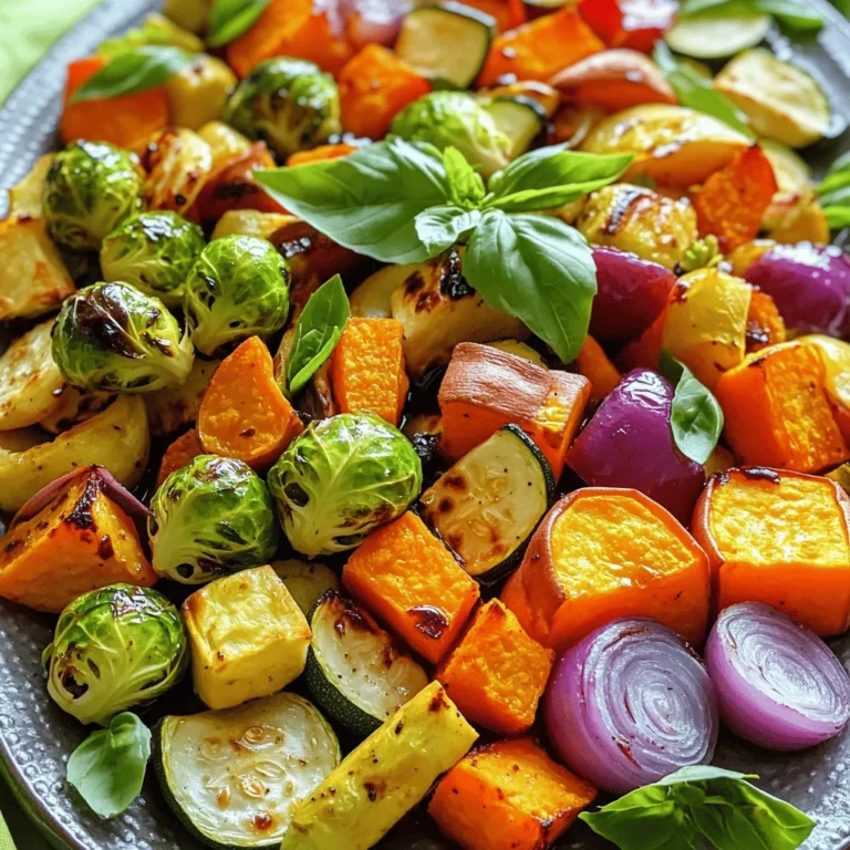 For Balsamic Glazed Roasted Vegetables, gather these fresh ingredients: - 2 cups Brussels sprouts, halved - 1 medium sweet potato, peeled and cut into 1-inch cubes - 1 red bell pepper, chopped into bite-sized pieces - 1 yellow zucchini, sliced into half-moons - 1 red onion, cut into wedges - 3 tablespoons extra virgin olive oil - 4 tablespoons balsamic vinegar - 1 tablespoon pure maple syrup - 2 teaspoons garlic powder - Salt and freshly ground black pepper to taste - Fresh basil leaves for garnish Each ingredient plays a key role in creating flavor. The Brussels sprouts add a nice crunch, while the sweet potato brings natural sweetness. The red bell pepper and yellow zucchini add color and flavor. The red onion gives a slight bite that balances well with the sweet glaze. The balsamic vinegar is the star of the dish. It gives a tangy richness that enhances the roasted taste. Maple syrup adds a touch of sweetness, making the glaze sticky and delicious. Garlic powder boosts the flavor without the fuss of fresh garlic. Using fresh basil as a garnish not only looks great but also adds a fresh note. This mix of ingredients ensures a colorful and tasty dish that everyone will love. For the complete recipe, check out the Full Recipe. First, heat the oven to 425°F (220°C). This step is key for a nice roast. Line a large baking sheet with parchment paper. This makes cleanup easy and helps the veggies not stick. In a big bowl, toss together the halved Brussels sprouts, sweet potato cubes, chopped red bell pepper, yellow zucchini slices, and red onion wedges. Stir well so all the veggies mix evenly. This blend of colors and textures makes the dish fun and tasty. In a small bowl, whisk together 3 tablespoons of olive oil, 4 tablespoons of balsamic vinegar, 1 tablespoon of maple syrup, 2 teaspoons of garlic powder, and some salt and pepper. Mix until it looks smooth. This glaze adds a sweet and tangy flavor to the veggies. Drizzle the balsamic mix over the vegetables. Toss them gently until each piece is coated. Spread the veggies out on the baking sheet in a single layer. Don't overcrowd them; this helps them roast evenly. Place the baking sheet in the preheated oven. Roast for 25-30 minutes. Stir them halfway to get an even roast. They should be tender and caramelized when done. Once roasted, you can drizzle more balsamic vinegar on top for extra flavor. Garnish with fresh basil leaves before serving. Enjoy this dish warm and colorful on your plate. For the full recipe, check out Balsamic Bliss Roasted Veggies! To roast vegetables well, start with even sizes. This helps them cook at the same rate. Cut your veggies into pieces that are about the same size. I like to use a mix of hard and soft vegetables for texture. Toss them with oil and seasonings before roasting. This gives them a nice flavor. Different vegetables need different cooking times. Here are some quick guidelines: - Brussels sprouts: 25-30 minutes - Sweet potatoes: 30-35 minutes - Red bell peppers: 20-25 minutes - Zucchini: 15-20 minutes - Red onion: 25-30 minutes Check for tenderness with a fork. You want them soft and slightly caramelized. These roasted veggies shine on their own but pair well with many dishes. Serve them with grilled chicken or fish for a complete meal. You can also toss them in salads for added flavor. For a fun twist, put them on a wrap with hummus. If you want a gourmet touch, drizzle more balsamic glaze on top before serving. You will love the added flavor! For the full recipe, you can refer to the Balsamic Bliss Roasted Veggies section. {{image_4}} You can swap in many vegetables for this dish. Try carrots, cauliflower, or asparagus. These vegetables add unique flavors and textures. Broccoli and butternut squash also work well. The key is to choose vegetables that roast well. They should be tender yet firm after cooking. Consider adding some tasty extras to boost flavor. Nuts, like walnuts or almonds, give a nice crunch. Dried fruits, such as cranberries or raisins, add sweetness. You can also toss in fresh herbs like thyme or rosemary. They bring an aromatic touch that brightens the dish. If you love heat, sprinkle in some red pepper flakes. The balsamic glaze is key to this recipe. You can make it your own with simple tweaks. Try adding honey instead of maple syrup for a different sweetness. For a spicy kick, mix in some chili paste. If you want a citrus twist, add a splash of orange juice. Each change gives a new taste to the same great dish. To explore the full recipe, check out Balsamic Bliss Roasted Veggies. After enjoying your balsamic glazed roasted vegetables, store any leftovers in an airtight container. This keeps the veggies fresh and tasty. Make sure to cool them down first. They can stay in the fridge for up to four days. If you want to enjoy them later, consider freezing them. To reheat, use the oven for the best results. Preheat your oven to 350°F (175°C). Place the vegetables on a baking sheet and cover them with foil. Heat for about 10-15 minutes or until warm. This method helps keep them crispy. You can also use a microwave, but they may become soft. Freezing balsamic glazed roasted vegetables is easy. First, let them cool completely. Then spread them out in a single layer on a baking sheet. Freeze for a couple of hours until firm. After that, transfer them to a freezer bag or container. They can last up to three months in the freezer. When ready to eat, thaw in the fridge overnight before reheating. Enjoy your meal with the full recipe for great flavor! Yes, you can prepare Balsamic Glazed Roasted Vegetables ahead of time. After cooking, let them cool and store in an airtight container. Keep them in the fridge for up to three days. When you're ready to eat, simply reheat them in the oven or microwave. This method saves time and is great for meal prep. You can serve these roasted veggies with many dishes. They pair well with grilled chicken or fish. They also complement quinoa or rice nicely. You can even add them to salads for extra flavor. This dish adds color and taste to any meal. To thicken the glaze, simmer the balsamic vinegar on low heat. This reduces it and makes it syrupy. You can also add a bit of cornstarch mixed with water. Stir this mixture into the glaze while it cooks. This method gives you a rich, thick glaze for your vegetables. Balsamic Glazed Roasted Vegetables are very healthy. They are low in calories and high in vitamins. The veggies provide fiber that helps digestion. Balsamic vinegar adds antioxidants, which are good for your health. This dish is a great way to eat more vegetables. Yes, this recipe is vegan-friendly. It uses only plant-based ingredients. The balsamic vinegar and maple syrup add sweetness without animal products. You can enjoy this dish without worry if you follow a vegan diet. This blog post covered how to make balsamic glazed roasted vegetables with ease. We discussed ingredients like Brussels sprouts, sweet potato, and red bell pepper. I shared step-by-step instructions for perfect roasting and tips for flavor. You learned about variations to keep meals fresh and how to store leftovers properly. Balsamic glazed roasted vegetables are tasty and healthy, bringing color and flavor to your plate. Give this recipe a try, and enjoy the delicious benefits!