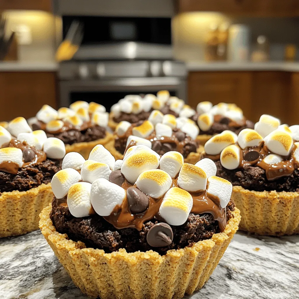 To make S'mores Stuffed Brownie Cups, you need the following main ingredients: - 1 box of brownie mix (plus required ingredients: usually water, oil, and eggs) - 1 cup mini marshmallows - 1 cup chocolate chips (your choice: milk or dark) - 1 cup graham cracker crumbs - 1/2 cup unsalted butter, melted - 1/4 cup packed brown sugar - 1/4 teaspoon salt These ingredients create the perfect balance of sweet and salty flavors. The brownie mix delivers rich chocolate, while the graham cracker crumbs add a nice crunch. You can enhance your S'mores Stuffed Brownie Cups with some extra toppings. Here are a few options: - Extra mini marshmallows - Additional chocolate pieces for topping (optional, but highly recommended) These toppings not only boost the flavor but also make your brownie cups look extra tempting. You might want to switch up some ingredients. Here are a few substitutions: - Use gluten-free brownie mix for a gluten-free option. - Replace mini marshmallows with large marshmallows, cut into smaller pieces. - Swap chocolate chips for crushed candy bars or peanut butter chips. These substitutions keep the fun while catering to different tastes and dietary needs. You can find the full recipe to guide you through the process! First, you need to preheat your oven to 350°F (175°C). This step is key for baking perfect brownie cups. While the oven heats up, grab your muffin tin. Grease it well or use cupcake liners. This will help you remove the brownie cups easily later. In a bowl, mix together the melted butter, graham cracker crumbs, brown sugar, and salt. Stir until the mix looks even. If it feels too dry, add a bit more melted butter. You want this crust to hold together well. In a separate bowl, make the brownie mix. Follow the package instructions. You usually need water, oil, and eggs. Mix until just combined. Don’t overmix; this keeps your brownies light and fluffy. Now it’s time to fill the muffin tin. Pour the brownie batter into each cup, filling them about two-thirds full. Next, sprinkle mini marshmallows and chocolate chips on top. Add a little more brownie batter to fill the cups to three-quarters full. Bake them for 18-20 minutes. Check if they are done by inserting a toothpick into the center. It should come out with moist crumbs, not wet batter. After baking, take the muffin tin out of the oven. If you want, add extra mini marshmallows and chocolate pieces on top. Put the tin back in the oven for 1-2 minutes to toast the marshmallows. Let the brownie cups cool in the tin for about 10 minutes. After that, move them to a wire rack to cool completely. You can serve them warm or at room temperature. They are sure to impress everyone! To keep your brownie cups soft, mix gently. After adding water, oil, and eggs to the brownie mix, stir until just combined. This helps keep air bubbles in the batter. If you see dry spots, that’s okay! They will mix in while baking. Overmixing leads to tough brownies, which you want to avoid. If you have any brownie cups left, store them in an airtight container. Keep them at room temperature for up to three days. For longer storage, place them in the fridge. They can last up to a week in the fridge. Just make sure to let them come to room temperature before enjoying again. To make your S'mores stuffed brownie cups extra special, try these fun ideas: - Drizzle melted chocolate over the tops for a gourmet touch. - Add extra mini marshmallows on top for a fluffy look. - Sprinkle graham cracker crumbs for added texture. - Serve them warm with a scoop of vanilla ice cream. These small touches make a big difference in how they look and taste! Enjoying these treats is all about the experience, so get creative! {{image_4}} You can switch up the brownie mix to create new flavors. Try using a salted caramel mix for a sweet twist or a peanut butter mix for a nutty flavor. You can even try a coffee-flavored mix for a rich taste. Each option brings its own fun to the S'mores experience. Think outside the box with your S'mores! Add nuts like walnuts or pecans for a crunch. You can also include fruits like banana slices or strawberries for a fresh twist. Want a spicy kick? Add a dash of chili powder or cayenne pepper to the chocolate chips. These unique variations can make your S'mores stuffed brownie cups even more exciting. To make these brownie cups gluten-free, use a gluten-free brownie mix. Many brands offer this option, and it works well. For a vegan version, choose a plant-based brownie mix, and use flax eggs instead of regular eggs. You can make flax eggs by mixing ground flaxseed with water. This way, everyone can enjoy these tasty treats! For the full recipe, check out the details above. To keep your S'mores stuffed brownie cups fresh, store them in an airtight container. Place parchment paper between layers if you stack them. This prevents sticking. Keep the container at room temperature for up to three days. If you want them to last longer, refrigerate them. They can stay fresh for about a week in the fridge. To reheat your brownie cups, preheat the oven to 350°F (175°C). Place the brownie cups on a baking sheet. Heat for about 5-10 minutes. This warms them and softens the marshmallows. You can also microwave them. Just heat for 10-15 seconds for a quick fix. Be careful not to overheat, or they might get too gooey. If you want to store these brownie cups for a longer time, freezing is a great option. First, let them cool completely. Wrap each brownie cup tightly in plastic wrap. Then, place them in a freezer-safe bag or container. They can last up to three months in the freezer. To enjoy, thaw them in the fridge overnight before reheating. This way, you keep that delightful S'mores taste intact! For the complete S'mores stuffed brownie cups recipe, check the Full Recipe. S'mores stuffed brownie cups last about 3 to 5 days. Store them in an airtight container. This keeps them fresh and tasty. You can enjoy them at room temperature or warm them up slightly for a gooey experience. Yes, you can make these brownie cups ahead of time. Prepare them and store them in the fridge. They taste great if made one day in advance. Just reheat them for a few minutes before serving to bring back that warm, melty goodness. If you don’t have mini marshmallows, try using marshmallow fluff. You can also use larger marshmallows, cut them into smaller pieces. Another option is to mix chocolate with peanut butter for a different twist. Serve the brownie cups warm for the best taste. You can drizzle melted chocolate on top for extra flavor. Adding a scoop of ice cream makes them even better. They are perfect for parties or cozy nights at home. Check out the Full Recipe for more tips! S'mores stuffed brownie cups are a fun treat that anyone can make. We covered the main ingredients, tips for success, and variations for unique flavors. Remember to use the right baking method for the best results. Whether you want to impress guests or enjoy a sweet bite, these brownie cups will delight. With simple steps and creative ideas, you'll become a baking star. Enjoy your delicious creations and share them with friends!