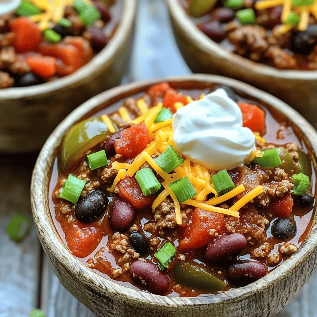 - 1 lb ground beef - 1 medium onion, finely diced - 2 cloves garlic, minced - 1 bell pepper, diced - 1 can (15 oz) kidney beans, rinsed and drained - 1 can (15 oz) black beans, rinsed and drained - 1 can (28 oz) crushed tomatoes - 2 tablespoons chili powder - 1 tablespoon ground cumin - 1 teaspoon smoked paprika - 1 teaspoon salt - ½ teaspoon black pepper - Optional toppings: shredded cheese, sour cream, chopped green onions, sliced avocado To make a great beef chili, start with quality ingredients. Using fresh ground beef gives the best flavor. I love to add a medium onion, finely diced, to build a solid base. The garlic adds depth, while the diced bell pepper offers sweetness. Next, canned ingredients bring convenience and taste. Kidney beans and black beans add protein and texture. Crushed tomatoes bind everything together and form a rich sauce. Spices are key to great flavor. Chili powder gives heat and warmth. Ground cumin adds earthiness, while smoked paprika offers a hint of smoke. Salt and black pepper balance the dish. Don't forget the toppings! Shredded cheese and sour cream add creaminess. Fresh chopped green onions and sliced avocado bring brightness and crunch. For the full recipe, check out the [Full Recipe]. - Set to 'Sauté' function and heat olive oil. - Sauté onions and bell pepper for 3-4 minutes. Start by turning on your Instant Pot. Choose the 'Sauté' setting, and let it heat up. When the oil shimmers, add the diced onion and bell pepper. Cook them until they soften and smell great. - Add minced garlic and ground beef. - Brown the meat for 5-6 minutes. Next, toss in the minced garlic and ground beef. Use a spatula to break the beef apart. Cook it for about 5-6 minutes until it's browned and no longer pink. This step adds deep flavor to your chili. - Drain excess grease if necessary. - Incorporate spices and combine well. If there's too much grease, carefully drain it off. Now, sprinkle the chili powder, cumin, smoked paprika, salt, and black pepper into the pot. Stir everything together so the beef gets coated in those tasty spices. - Add canned ingredients and beef broth. - Secure lid, set to 'Sealing,' and cook on 'Manual' for 15 minutes. Pour in the crushed tomatoes, kidney beans, black beans, and beef broth. Mix well until all ingredients combine. Secure the lid on the Instant Pot, making sure the steam release valve is set to 'Sealing.' Then, select 'Manual' and set it for 15 minutes. - Allow a 10-minute natural release before venting. Once the 15 minutes are up, let the pot sit for 10 minutes to release pressure naturally. After that, carefully switch the valve to 'Venting' to let out any remaining steam. Don’t forget to taste your chili! Adjust seasoning if needed. For the full recipe, check out the details above. Enjoy your hearty chili! To make your beef chili shine, adjust the seasoning to fit your taste. After cooking, taste the chili. If it needs more salt or spice, add a pinch. I often add a bit more chili powder for extra kick. A natural pressure release is key for deep flavor. After the cooking time, let the Instant Pot sit for ten minutes. This slow release keeps the flavors rich and helps the chili thicken. You’ll notice a big difference in taste! For serving, choose vibrant bowls. The colors of the chili pop against bright dishes. Top each bowl with shredded cheese and a dollop of sour cream. Fresh green onions add a nice crunch. Slices of avocado not only look good but also add creaminess. I like to use deep bowls to hold all the toppings. This way, every bite is a mix of flavors. A well-presented dish makes a meal feel special. Enjoy your hearty chili with flair! {{image_4}} You can easily change the meat in this beef chili. Try using ground turkey or chicken instead of beef. This swap reduces fat and gives a lighter taste. Adding more vegetables is another great way to mix things up. You can toss in corn or diced zucchini. These add color, sweetness, and nutrition to your dish. Want to spice things up? You can add different spices or a dash of hot sauce for heat. A little cayenne pepper or jalapeño can make it bold and exciting. Another fun idea is to experiment with sauces. Try adding BBQ or soy sauce. This will give your chili a unique twist and deepen the flavor. If you're looking for a gluten-free option, this chili is easy to adapt. Just ensure your spices and broth are gluten-free. You can also make it low-carb. Simply skip the beans and add more veggies instead. For a full experience, check out the Full Recipe to see how these variations fit in! Store your beef chili in an airtight container. This keeps it fresh and tasty. You can keep it in the fridge for about 3 to 4 days. Make sure to let the chili cool down before sealing it. This helps to avoid moisture build-up. You can freeze the chili for longer storage. Place the cooled chili in a freezer-safe container. Leave some space at the top for expansion. It can last for up to 3 months in the freezer. When you want to eat it, thaw the chili in the fridge overnight. You can reheat it in the microwave or on the stove. If using the stove, heat it on low and stir often. Add a splash of water or broth if it seems too thick. This keeps it smooth and delicious. For the full recipe, check out the recipe section above. Beef chili lasts about 3 to 4 days in the fridge. Store it in an airtight container. This keeps it fresh and safe to eat. Make sure to cool the chili before placing it in the fridge. If you want it to last longer, consider freezing it. Yes, you can make chili without beans. Just skip the beans in the recipe. You can add more meat or vegetables instead. Some great options are corn, bell peppers, or zucchini. This keeps the chili hearty and tasty. You can serve beef chili with many side dishes. Here are some ideas: - Cornbread - Rice - Tortilla chips - A fresh green salad - Avocado slices These sides can balance the rich flavors of the chili. You can double the recipe in the Instant Pot. Just make sure not to fill it beyond the max line. You may need to adjust the cooking time. Try adding about 5 more minutes. This ensures everything cooks well. In this blog post, we explored how to make beef chili in an Instant Pot. We covered essential ingredients, cooking steps, and helpful tips. Remember, adjusting spices can enhance flavor, and presentation matters too. You can swap beef for turkey or add extra veggies for variety. Store your chili properly to enjoy it later. With these insights, you now have a reliable recipe for a comforting meal. Enjoy your cooking and the satisfaction it brings!