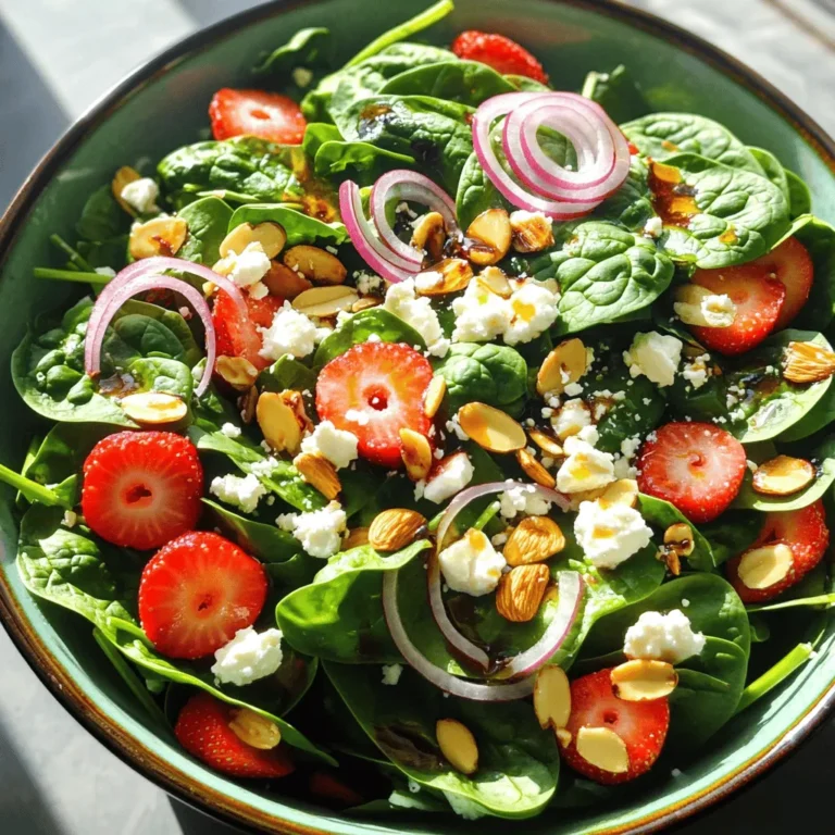 - 5 cups fresh spinach, thoroughly washed and gently dried - 2 cups ripe strawberries, hulled and elegantly sliced - 1/2 cup crumbly feta cheese for a creamy texture - 1/4 cup toasted sliced almonds for a delightful crunch - 1/4 cup red onion, thinly sliced for a bit of zing - 1/4 cup extra virgin olive oil, for richness - 2 tablespoons balsamic vinegar, to add a touch of sweetness - 1 tablespoon honey, for a hint of floral flavor - Salt and freshly cracked black pepper to taste This salad is all about bright flavors and fresh ingredients. The fresh spinach gives a nice crispness. Strawberries add a sweet touch. The feta cheese brings a creamy element. Toasted almonds add a satisfying crunch. Red onion gives a slight kick that balances the sweetness. Using high-quality olive oil is key. It adds a rich taste to the salad. Balsamic vinegar offers a sweet and tangy flavor. Honey enhances the overall taste, making it light yet satisfying. The mix of these ingredients makes a perfect summer dish. You can enjoy this salad as a light lunch or a side. For the full recipe, check out Spinach Strawberry Delight. - Calories: Approximately 220 per serving - Total Fat: 15g - Protein: 4g - Carbohydrates: 18g This salad is not just tasty; it also packs nutrients. Spinach is rich in vitamins A and C. Strawberries are full of antioxidants. Almonds provide healthy fats and protein. Feta cheese adds calcium to your diet. Enjoy every bite while knowing it’s good for you! To make this salad, start by mixing the salad ingredients. Grab a large bowl. Add the washed spinach, sliced strawberries, feta cheese, toasted almonds, and red onion. Gently toss them together. Be careful not to bruise the spinach. You want to keep all the ingredients fresh. Next, let’s make the dressing. In a small bowl, combine the olive oil, balsamic vinegar, honey, salt, and black pepper. Whisk them together until smooth. This dressing brings the flavors together. Now, drizzle the dressing over the salad mix. Toss the salad again. Make sure every piece is coated with that tasty dressing. This step is key for flavor. Serve the salad right away. This keeps the spinach crisp and fresh. For the best presentation, use a large decorative bowl or individual plates. Arrange the salad nicely for a pretty look. Garnish with extra sliced strawberries and a sprinkle of feta cheese. This adds color and a nice touch. Take a look at the [Full Recipe] for all the ingredients and details. Enjoy your fresh and flavorful salad! To make your spinach strawberry salad shine, focus on texture. First, use fresh spinach. Look for bright green leaves with no brown spots. Fresh spinach keeps your salad lively and crisp. Next, keep your strawberries firm. Choose ripe berries that are not mushy. Firm strawberries add a nice crunch and a burst of flavor. Slice them just before serving. This way, they stay juicy and bright. Balancing sweetness and acidity is key. Adjust the honey and balsamic vinegar to match your taste. If you like sweeter flavors, add more honey. For a tangy bite, increase the vinegar. Spices can take your salad to the next level. A pinch of cinnamon or a dash of cayenne can add depth. Just be careful not to overpower the fresh flavors. A little goes a long way. For the full recipe, check out the Spinach Strawberry Delight recipe. {{image_4}} You can easily change this salad to match your taste. If you want a different cheese, try goat cheese or mozzarella. Both will add a nice twist. You can also swap the almonds for walnuts or pecans. Each nut brings a unique crunch. Seasonal fruits can add a fresh touch. In spring, try adding blueberries. In summer, peaches work well. In autumn, slices of apple can add a crisp bite. The dressing is key to this salad. You can use avocado oil instead of olive oil for a richer flavor. If you want a fruitier note, try a citrus-based oil. You can also make your own dressing. A simple mix of lemon juice and olive oil is fresh and vibrant. Store-bought dressings can save time, but check the labels. Some may have added sugars or preservatives. Remember, you can find the Full Recipe to get all the details you need. To keep your Spinach Strawberry Salad fresh, use airtight containers. These containers help prevent air and moisture from getting in. Store the salad in the fridge right after serving. It stays good for 1 to 2 days. However, the longer it sits, the soggier it may get. So, eat it quick for the best taste! You don't need to reheat this salad. Instead, if you have leftovers, just give it a gentle toss. Avoid using the microwave, as it can make the spinach soggy. If you want to enjoy it warm, try letting the salad sit at room temperature for a bit. This way, you keep the fresh flavors without losing that nice crunch. You can find the Full Recipe for more tips! How do I keep spinach from wilting? To keep spinach fresh, store it in a dry place. Use clean paper towels to absorb moisture. Place the spinach in a container with a lid or in a plastic bag. This way, it stays crisp and does not wilt. Can I make this salad ahead of time? Yes, you can prepare parts of this salad ahead. Wash and dry the spinach and slice the strawberries. Store them separately. Mix the salad just before serving to keep it fresh. The dressing can also be made in advance. Just whisk it together and store it in the fridge. What goes well with Spinach Strawberry Salad? This salad pairs well with grilled chicken or fish. You can also serve it with crusty bread or a light soup. For a special touch, add more fruits like blueberries or nuts for extra crunch. Is this salad suitable for meal prep? Yes, you can meal prep with this salad. Just keep the dressing and salad components separate until you're ready to eat. This helps maintain the spinach's crisp texture and the strawberries' sweetness. This blog post covered how to make a delicious Spinach Strawberry Salad. We discussed the fresh ingredients needed for a mix of flavors. You learned about nutritional facts and tips to keep every bite fresh. The step-by-step guide helped you prepare and serve this salad well. We also explored ways to enhance its taste and suggested storage options. In the end, enjoy this salad as a tasty treat that’s easy to make!