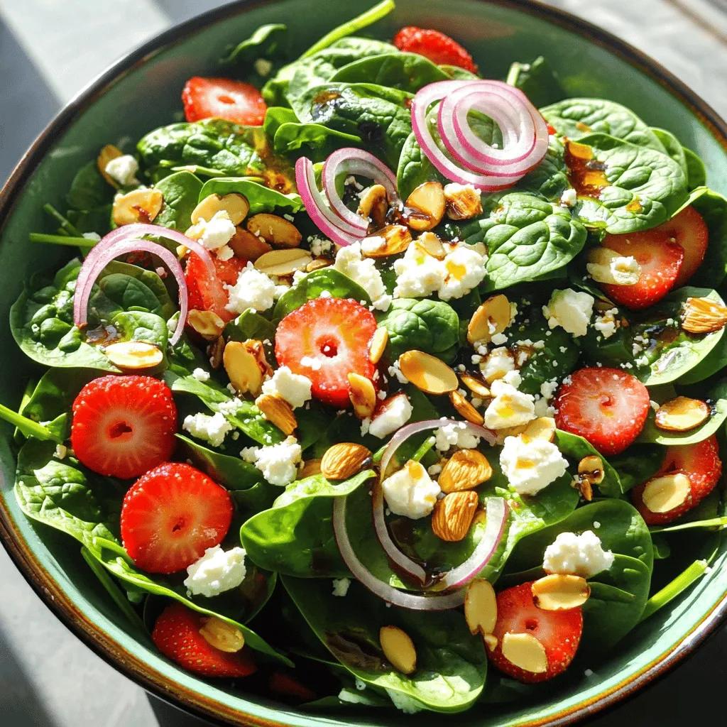 - 5 cups fresh spinach, thoroughly washed and gently dried - 2 cups ripe strawberries, hulled and elegantly sliced - 1/2 cup crumbly feta cheese for a creamy texture - 1/4 cup toasted sliced almonds for a delightful crunch - 1/4 cup red onion, thinly sliced for a bit of zing - 1/4 cup extra virgin olive oil, for richness - 2 tablespoons balsamic vinegar, to add a touch of sweetness - 1 tablespoon honey, for a hint of floral flavor - Salt and freshly cracked black pepper to taste This salad is all about bright flavors and fresh ingredients. The fresh spinach gives a nice crispness. Strawberries add a sweet touch. The feta cheese brings a creamy element. Toasted almonds add a satisfying crunch. Red onion gives a slight kick that balances the sweetness. Using high-quality olive oil is key. It adds a rich taste to the salad. Balsamic vinegar offers a sweet and tangy flavor. Honey enhances the overall taste, making it light yet satisfying. The mix of these ingredients makes a perfect summer dish. You can enjoy this salad as a light lunch or a side. For the full recipe, check out Spinach Strawberry Delight. - Calories: Approximately 220 per serving - Total Fat: 15g - Protein: 4g - Carbohydrates: 18g This salad is not just tasty; it also packs nutrients. Spinach is rich in vitamins A and C. Strawberries are full of antioxidants. Almonds provide healthy fats and protein. Feta cheese adds calcium to your diet. Enjoy every bite while knowing it’s good for you! To make this salad, start by mixing the salad ingredients. Grab a large bowl. Add the washed spinach, sliced strawberries, feta cheese, toasted almonds, and red onion. Gently toss them together. Be careful not to bruise the spinach. You want to keep all the ingredients fresh. Next, let’s make the dressing. In a small bowl, combine the olive oil, balsamic vinegar, honey, salt, and black pepper. Whisk them together until smooth. This dressing brings the flavors together. Now, drizzle the dressing over the salad mix. Toss the salad again. Make sure every piece is coated with that tasty dressing. This step is key for flavor. Serve the salad right away. This keeps the spinach crisp and fresh. For the best presentation, use a large decorative bowl or individual plates. Arrange the salad nicely for a pretty look. Garnish with extra sliced strawberries and a sprinkle of feta cheese. This adds color and a nice touch. Take a look at the [Full Recipe] for all the ingredients and details. Enjoy your fresh and flavorful salad! To make your spinach strawberry salad shine, focus on texture. First, use fresh spinach. Look for bright green leaves with no brown spots. Fresh spinach keeps your salad lively and crisp. Next, keep your strawberries firm. Choose ripe berries that are not mushy. Firm strawberries add a nice crunch and a burst of flavor. Slice them just before serving. This way, they stay juicy and bright. Balancing sweetness and acidity is key. Adjust the honey and balsamic vinegar to match your taste. If you like sweeter flavors, add more honey. For a tangy bite, increase the vinegar. Spices can take your salad to the next level. A pinch of cinnamon or a dash of cayenne can add depth. Just be careful not to overpower the fresh flavors. A little goes a long way. For the full recipe, check out the Spinach Strawberry Delight recipe. {{image_4}} You can easily change this salad to match your taste. If you want a different cheese, try goat cheese or mozzarella. Both will add a nice twist. You can also swap the almonds for walnuts or pecans. Each nut brings a unique crunch. Seasonal fruits can add a fresh touch. In spring, try adding blueberries. In summer, peaches work well. In autumn, slices of apple can add a crisp bite. The dressing is key to this salad. You can use avocado oil instead of olive oil for a richer flavor. If you want a fruitier note, try a citrus-based oil. You can also make your own dressing. A simple mix of lemon juice and olive oil is fresh and vibrant. Store-bought dressings can save time, but check the labels. Some may have added sugars or preservatives. Remember, you can find the Full Recipe to get all the details you need. To keep your Spinach Strawberry Salad fresh, use airtight containers. These containers help prevent air and moisture from getting in. Store the salad in the fridge right after serving. It stays good for 1 to 2 days. However, the longer it sits, the soggier it may get. So, eat it quick for the best taste! You don't need to reheat this salad. Instead, if you have leftovers, just give it a gentle toss. Avoid using the microwave, as it can make the spinach soggy. If you want to enjoy it warm, try letting the salad sit at room temperature for a bit. This way, you keep the fresh flavors without losing that nice crunch. You can find the Full Recipe for more tips! How do I keep spinach from wilting? To keep spinach fresh, store it in a dry place. Use clean paper towels to absorb moisture. Place the spinach in a container with a lid or in a plastic bag. This way, it stays crisp and does not wilt. Can I make this salad ahead of time? Yes, you can prepare parts of this salad ahead. Wash and dry the spinach and slice the strawberries. Store them separately. Mix the salad just before serving to keep it fresh. The dressing can also be made in advance. Just whisk it together and store it in the fridge. What goes well with Spinach Strawberry Salad? This salad pairs well with grilled chicken or fish. You can also serve it with crusty bread or a light soup. For a special touch, add more fruits like blueberries or nuts for extra crunch. Is this salad suitable for meal prep? Yes, you can meal prep with this salad. Just keep the dressing and salad components separate until you're ready to eat. This helps maintain the spinach's crisp texture and the strawberries' sweetness. This blog post covered how to make a delicious Spinach Strawberry Salad. We discussed the fresh ingredients needed for a mix of flavors. You learned about nutritional facts and tips to keep every bite fresh. The step-by-step guide helped you prepare and serve this salad well. We also explored ways to enhance its taste and suggested storage options. In the end, enjoy this salad as a tasty treat that’s easy to make!