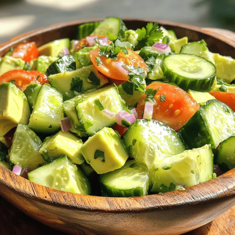 - 2 large cucumbers, diced - 3 medium ripe tomatoes, chopped - 2 ripe avocados, diced - 1 small red onion, chopped - 1 jalapeño, seeded and minced - ¼ cup fresh cilantro, chopped - Juice of 2 limes - 2 tablespoons extra virgin olive oil - Salt and pepper to taste - Mixing bowls - Whisk - Knife and cutting board - Measuring cups Gather these fresh ingredients to create a crunchy and tasty salad. The cucumbers give it a cool bite. Tomatoes add a juicy flavor. Avocados bring a creamy richness that ties everything together. The red onion adds a sharp taste, while the jalapeño gives it a kick. Cilantro brightens the dish with its fresh notes. Lime juice and olive oil make a zesty dressing that pulls it all together. You will need some simple tools. Mixing bowls help combine everything. A whisk is great for mixing the dressing. A knife and cutting board make chopping easy. Measuring cups ensure you get the right amounts. Check out the full recipe to see how these ingredients work together to make a delicious Cucumber Tomato Avocado Salad! - Dice the cucumbers into bite-sized pieces. - Chop the tomatoes into hearty chunks. - Carefully dice the avocados, making sure they stay intact. - In a bowl, combine the diced cucumbers, chopped tomatoes, and diced avocados. - Add finely chopped red onion, minced jalapeño, and fresh cilantro to the mix. - In a small bowl, whisk together lime juice, olive oil, salt, and pepper. - Drizzle the dressing over the salad mixture. - Toss gently to combine, being careful not to mash the avocado. - Let the salad sit for 10 minutes. This helps enhance the flavors. You can find the Full Recipe for more details on how to create this fresh salad. To keep your avocado fresh, handle it with care. First, slice the avocado in half, then twist to separate. Use a spoon to scoop out the green flesh. To dice without browning, leave the skin on while cutting. After dicing, sprinkle lime juice over the pieces. This helps slow down oxidation and keeps them bright green. You can customize the dressing for your salad. If you want a bit more flavor, add minced garlic or a teaspoon of honey for sweetness. For a kick, try a dash of hot sauce. You can also mix in fresh herbs like basil or mint for a twist. Experiment to find what you love! When serving, choose a large shallow bowl. This allows the colors to shine. Garnish the salad with extra cilantro leaves for freshness. Add lime wedges on the side for a pop of color and flavor. This makes your dish look more inviting and appetizing. For the full recipe, check out the details above. {{image_4}} You can make this salad even heartier by adding protein. Grilled chicken works well and adds a nice flavor. You can also use black beans for a plant-based option. Shrimp is another great choice; it cooks quickly and pairs nicely with the fresh ingredients. Simply toss in your chosen protein to boost the nutrition and satisfaction of your meal. Using seasonal ingredients can really brighten up your salad. In summer, sweet corn adds a crunchy touch. Chopped bell peppers come in many colors and add a sweet taste. You can even add diced fruits like peaches or strawberries for a twist. Don't be afraid to mix and match based on what you find at the market! Making this salad vegan is simple! Just skip the honey in the dressing and ensure you use vegan-friendly products for any added ingredients. To make it gluten-free, check that your dressing ingredients are safe. Most of the salad's core items are already gluten-free, so you're almost there! These easy swaps help tailor the dish to fit any diet without losing flavor. To keep your Cucumber Tomato Avocado Salad fresh, store leftovers in the fridge. Use an airtight container to prevent air from getting in. This helps keep the flavors intact and the ingredients crisp. Eat the salad within two days for the best taste. For long-term storage, I recommend freezing individual ingredients instead of the whole salad. You can freeze diced cucumbers and chopped tomatoes for future use. However, avoid freezing avocados, as they will change texture. To keep them fresh, store them in a cool place but use them quickly. When you're ready to serve leftovers, check the salad first. If it looks a bit soggy, you can refresh it. Add a splash of lime juice and a drizzle of olive oil. Toss gently to mix. This will help revive the flavors and make it taste fresh again. If you want a creamy texture but can't use avocados, try using Greek yogurt or silken tofu. Both options add creaminess without the avocado. You can also use hummus for a different twist. Each choice keeps the salad tasty and smooth. To add spice, increase the amount of jalapeño. You can also include diced red pepper flakes or a dash of hot sauce. Another option is to mix in a bit of diced serrano pepper. Just remember to adjust to your spice level. This salad is packed with nutrients. Cucumbers are hydrating and low in calories. Tomatoes provide vitamins A and C. Avocados add healthy fats, which help your heart. Onions and cilantro enhance flavor and give extra nutrients. Overall, this salad is a healthy choice. Yes, you can prep this salad ahead. Chop the veggies and store them in the fridge. Just mix them with the dressing before serving to keep them fresh. Avoid cutting the avocado too early, as it can brown. For the best taste, serve it within a day. Enjoy this fresh dish! For the full recipe, check out the cooking instructions above. This salad combines fresh ingredients for a bright and healthy dish. You learned how to prepare, mix, and serve it with simple steps. I also shared tips for customizing the salad to fit your taste. Remember to handle the avocado with care to keep it fresh and explore variations to make it your own. Enjoy this refreshing salad for a quick meal or a side dish. It's easy, fun, and packed with flavor. Happy eating!