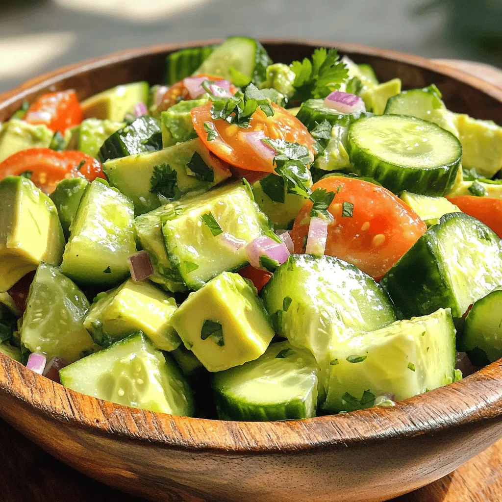 - 2 large cucumbers, diced - 3 medium ripe tomatoes, chopped - 2 ripe avocados, diced - 1 small red onion, chopped - 1 jalapeño, seeded and minced - ¼ cup fresh cilantro, chopped - Juice of 2 limes - 2 tablespoons extra virgin olive oil - Salt and pepper to taste - Mixing bowls - Whisk - Knife and cutting board - Measuring cups Gather these fresh ingredients to create a crunchy and tasty salad. The cucumbers give it a cool bite. Tomatoes add a juicy flavor. Avocados bring a creamy richness that ties everything together. The red onion adds a sharp taste, while the jalapeño gives it a kick. Cilantro brightens the dish with its fresh notes. Lime juice and olive oil make a zesty dressing that pulls it all together. You will need some simple tools. Mixing bowls help combine everything. A whisk is great for mixing the dressing. A knife and cutting board make chopping easy. Measuring cups ensure you get the right amounts. Check out the full recipe to see how these ingredients work together to make a delicious Cucumber Tomato Avocado Salad! - Dice the cucumbers into bite-sized pieces. - Chop the tomatoes into hearty chunks. - Carefully dice the avocados, making sure they stay intact. - In a bowl, combine the diced cucumbers, chopped tomatoes, and diced avocados. - Add finely chopped red onion, minced jalapeño, and fresh cilantro to the mix. - In a small bowl, whisk together lime juice, olive oil, salt, and pepper. - Drizzle the dressing over the salad mixture. - Toss gently to combine, being careful not to mash the avocado. - Let the salad sit for 10 minutes. This helps enhance the flavors. You can find the Full Recipe for more details on how to create this fresh salad. To keep your avocado fresh, handle it with care. First, slice the avocado in half, then twist to separate. Use a spoon to scoop out the green flesh. To dice without browning, leave the skin on while cutting. After dicing, sprinkle lime juice over the pieces. This helps slow down oxidation and keeps them bright green. You can customize the dressing for your salad. If you want a bit more flavor, add minced garlic or a teaspoon of honey for sweetness. For a kick, try a dash of hot sauce. You can also mix in fresh herbs like basil or mint for a twist. Experiment to find what you love! When serving, choose a large shallow bowl. This allows the colors to shine. Garnish the salad with extra cilantro leaves for freshness. Add lime wedges on the side for a pop of color and flavor. This makes your dish look more inviting and appetizing. For the full recipe, check out the details above. {{image_4}} You can make this salad even heartier by adding protein. Grilled chicken works well and adds a nice flavor. You can also use black beans for a plant-based option. Shrimp is another great choice; it cooks quickly and pairs nicely with the fresh ingredients. Simply toss in your chosen protein to boost the nutrition and satisfaction of your meal. Using seasonal ingredients can really brighten up your salad. In summer, sweet corn adds a crunchy touch. Chopped bell peppers come in many colors and add a sweet taste. You can even add diced fruits like peaches or strawberries for a twist. Don't be afraid to mix and match based on what you find at the market! Making this salad vegan is simple! Just skip the honey in the dressing and ensure you use vegan-friendly products for any added ingredients. To make it gluten-free, check that your dressing ingredients are safe. Most of the salad's core items are already gluten-free, so you're almost there! These easy swaps help tailor the dish to fit any diet without losing flavor. To keep your Cucumber Tomato Avocado Salad fresh, store leftovers in the fridge. Use an airtight container to prevent air from getting in. This helps keep the flavors intact and the ingredients crisp. Eat the salad within two days for the best taste. For long-term storage, I recommend freezing individual ingredients instead of the whole salad. You can freeze diced cucumbers and chopped tomatoes for future use. However, avoid freezing avocados, as they will change texture. To keep them fresh, store them in a cool place but use them quickly. When you're ready to serve leftovers, check the salad first. If it looks a bit soggy, you can refresh it. Add a splash of lime juice and a drizzle of olive oil. Toss gently to mix. This will help revive the flavors and make it taste fresh again. If you want a creamy texture but can't use avocados, try using Greek yogurt or silken tofu. Both options add creaminess without the avocado. You can also use hummus for a different twist. Each choice keeps the salad tasty and smooth. To add spice, increase the amount of jalapeño. You can also include diced red pepper flakes or a dash of hot sauce. Another option is to mix in a bit of diced serrano pepper. Just remember to adjust to your spice level. This salad is packed with nutrients. Cucumbers are hydrating and low in calories. Tomatoes provide vitamins A and C. Avocados add healthy fats, which help your heart. Onions and cilantro enhance flavor and give extra nutrients. Overall, this salad is a healthy choice. Yes, you can prep this salad ahead. Chop the veggies and store them in the fridge. Just mix them with the dressing before serving to keep them fresh. Avoid cutting the avocado too early, as it can brown. For the best taste, serve it within a day. Enjoy this fresh dish! For the full recipe, check out the cooking instructions above. This salad combines fresh ingredients for a bright and healthy dish. You learned how to prepare, mix, and serve it with simple steps. I also shared tips for customizing the salad to fit your taste. Remember to handle the avocado with care to keep it fresh and explore variations to make it your own. Enjoy this refreshing salad for a quick meal or a side dish. It's easy, fun, and packed with flavor. Happy eating!