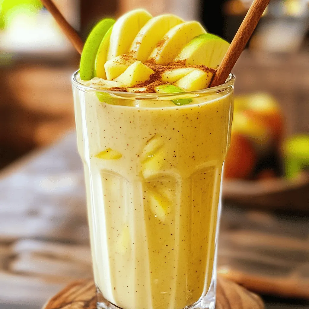 To make a delicious Cinnamon Apple Pie Smoothie, you will need: - 1 medium apple, cored and chopped - 1 frozen banana - 1 cup almond milk (or your preferred milk) - 1/2 cup plain Greek yogurt - 1 tablespoon almond butter (or your choice of peanut butter) - 1 teaspoon ground cinnamon - 1/2 teaspoon vanilla extract - 1 tablespoon maple syrup (adjust according to taste) - 1/4 cup rolled oats - A pinch of nutmeg - Ice cubes (optional for added thickness) If you have dietary restrictions, here are some options: - Use coconut milk for a dairy-free version. - Substitute Greek yogurt with a vegan yogurt. - Choose almond butter for nut-free options or sunflower seed butter. Each serving of this smoothie has about 300 calories. It contains: - 10 grams of fat - 45 grams of carbs - 12 grams of protein The ingredients offer many health benefits. Apples provide fiber and vitamins. Bananas add potassium and natural sweetness. Greek yogurt contributes protein and probiotics for gut health. Almond milk is low in calories and dairy-free. Cinnamon can help regulate blood sugar levels, making this smoothie not just tasty but also a nutritious choice. Start by gathering your ingredients. You will need: - 1 medium apple, cored and chopped - 1 frozen banana - 1 cup almond milk (or your preferred milk) - 1/2 cup plain Greek yogurt - 1 tablespoon almond butter (or your choice of peanut butter) - 1 teaspoon ground cinnamon - 1/2 teaspoon vanilla extract - 1 tablespoon maple syrup (adjust according to taste) - 1/4 cup rolled oats - A pinch of nutmeg - Ice cubes (optional for added thickness) First, wash the apple under cold water. Then, core it and chop it into small pieces. This helps blend it better. Measure the almond milk and yogurt with a liquid measuring cup for accuracy. Use a dry measuring cup for the oats. When measuring, level off the top for a precise amount. Now, it’s time to blend! Place the chopped apple, frozen banana, and almond milk into the blender. Next, add the Greek yogurt, almond butter, ground cinnamon, vanilla extract, maple syrup, rolled oats, and nutmeg. If you want a thicker smoothie, add a few ice cubes. Blend everything on high speed. Keep blending until the mixture looks smooth and creamy. This usually takes about 30 to 60 seconds. If it seems too thick, add a bit more almond milk to reach your preferred consistency. After blending, it’s time to adjust sweetness. Taste the smoothie. If you like it sweeter, add more maple syrup and blend again. Pour the smoothie into a tall glass. For a nice touch, sprinkle some cinnamon on top. You can also garnish with thinly sliced apples. This makes your smoothie look great and adds extra flavor. Enjoy your delicious Cinnamon Apple Pie Smoothie! For the complete recipe, refer to the Full Recipe section. To get the best taste, you can adjust flavors easily. If you want a sweeter drink, add more maple syrup. If you prefer a spicier kick, increase the cinnamon. A common mistake is not blending enough. Make sure all the chunks disappear for a smooth texture. Another mistake is using too much ice. It can dilute the flavor, making it too watery. This smoothie pairs well with breakfast or as a snack. Enjoy it with whole grain toast or oatmeal. For a fun twist, try adding a sprinkle of granola on top for crunch. To make it look fancy, serve it in a tall, clear glass. You can add a cinnamon stick as a stirrer. Thin apple slices on the rim add a lovely touch, too! If you want the full recipe, check the section above. {{image_4}} You can easily boost the flavor of your Cinnamon Apple Pie Smoothie. Try adding different spices like ginger or cardamom. These spices add warmth and a nice kick. For a seasonal twist, swap in fruits like pears or peaches. Each fruit brings its own unique flavor. You can even mix in berries for a fun berry-apple blend. This smoothie can fit many diets. For a low-calorie option, skip the yogurt or use a low-cal yogurt. To make it vegan, replace Greek yogurt with a plant-based yogurt. You can also use coconut milk instead of almond milk. For nut-free versions, omit almond butter and use sunflower seed butter. These adjustments keep the taste great while catering to your needs. After you blend your Cinnamon Apple Pie Smoothie, you might have some left. To store it, pour the smoothie into an airtight container. This keeps it fresh and tasty. Make sure to seal it well. The smoothie stays fresh in the fridge for about one day. If you wait longer, the flavors may fade, and it can separate. Just give it a good shake before you drink it again. If you want to save the smoothie for later, freezing is a great option. Pour the smoothie into ice cube trays or freezer-safe bags. This way, you can use small portions when you want. When you’re ready to enjoy it, take out what you need. Let it thaw in the fridge overnight or use a blender to mix it back up. This keeps the flavor and texture nice. Enjoy your refreshing Cinnamon Apple Pie Smoothie whenever you like with these simple storage tips! You can try oat milk, soy milk, or coconut milk. Each gives a unique taste. Oat milk adds a creamy texture. Soy milk boosts protein. Coconut milk offers a tropical twist. If you want a nut-free option, use oat or soy milk. They work well and keep the smoothie tasty. Yes, you can use fresh apples. However, the smoothie will be less thick. Frozen apples give it a nice texture. Fresh apples add a crisp bite. If you use fresh, add some ice to make it chill. The flavor will still be great, but the texture will change slightly. To add protein, consider using protein powder or extra Greek yogurt. One scoop of protein powder boosts the protein content. You can also add another half cup of Greek yogurt. This keeps the creamy taste while making it filling. These additions make your smoothie a great post-workout snack. For more details, check the Full Recipe. This blog post covered how to make a delicious Cinnamon Apple Pie Smoothie. We explored each ingredient and their health benefits. I shared tips on preparation, blending, and adding final touches. You learned variations to fit your diet, along with storage tips for leftovers. Enjoy creating this smoothie and making it your own. Healthy choices can be tasty and fun! Keep experimenting with flavors and share your own unique twists.