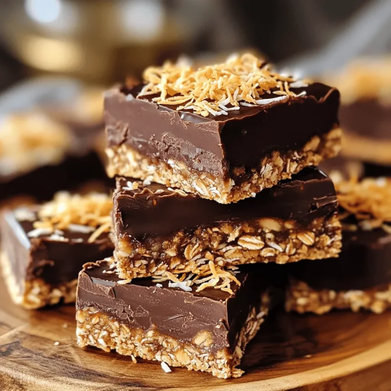 To make these no-bake chocolate coconut bars, you need the following ingredients: - 1 cup unsweetened shredded coconut - 1 cup rolled oats - 1 cup almond flour - 1/2 cup pure maple syrup - 1/4 cup coconut oil, melted - 1/2 cup dark chocolate chips (ensure dairy-free if preferred) - 1 teaspoon pure vanilla extract - A pinch of sea salt If you don’t have almond flour, you can use regular flour or oat flour. For a nut-free option, try sunflower seed flour. If maple syrup is not on hand, agave syrup or honey works well too. You can replace dark chocolate chips with white chocolate or any other flavor you love. Just make sure to adjust the sweetness if using a sweeter chocolate. These bars are not just tasty but also packed with nutrients. Each bar contains about: - Calories: 180 - Protein: 3g - Carbohydrates: 22g - Fat: 9g - Fiber: 3g - Sugar: 8g These values can vary based on the exact ingredients used. These bars are a great source of healthy fats, fiber, and natural sweetness. Enjoying them as a snack or dessert is a smart choice! Making No-Bake Chocolate Coconut Bars is easy and fun. You need just a few steps. Start by gathering your ingredients. This includes shredded coconut, oats, almond flour, maple syrup, and coconut oil. 1. In a big bowl, mix together the shredded coconut, rolled oats, and almond flour. Use a spatula to combine them well. 2. In another bowl, whisk the maple syrup, melted coconut oil, vanilla extract, and sea salt. Mix until smooth. 3. Slowly pour the wet mix into the dry mix. Stir until everything sticks together. The mixture should feel sticky. 4. Line an 8x8 inch dish with parchment paper. Leave some paper hanging over the sides for easy lifting. Press the mix into the dish evenly. 5. Melt the dark chocolate chips in a microwave. Do this in short bursts, stirring often until smooth. 6. Pour the melted chocolate over the coconut mix. Spread it out with a spatula to cover all areas. 7. Cover the dish and chill it in the fridge for at least 2 hours. This helps the bars set. 8. Once set, lift the bars out using the parchment paper. Cut them into squares with a sharp knife. - Use fresh ingredients for the best flavor. - Don’t skip the chilling step; it makes a big difference! - Clean your knife between cuts for neat edges. - For an extra touch, sprinkle more coconut or drizzle chocolate on top before serving. With these tips, you’ll create tasty bars that everyone will love. For the full recipe, check out the complete guide! When making no-bake chocolate coconut bars, watch out for a few common errors. First, do not skip the parchment paper. It helps you lift the bars out easily. Second, do not overmix the wet and dry ingredients. This can make your bars too dense. Finally, remember to let them chill long enough. If you cut them too soon, they will fall apart. To get that ideal texture, balance is key. Use equal parts coconut, oats, and almond flour. This mix creates a sturdy base. Make sure your coconut oil is melted but not too hot. If it's too warm, it can make the mixture greasy. Press the mixture firmly into the baking dish. This helps the bars hold their shape. Lastly, let them cool completely in the fridge. It’s the secret to a perfect bite! You can easily tweak the flavor of your bars. Try adding a tablespoon of almond or peanut butter for richness. If you love spices, a dash of cinnamon or nutmeg adds warmth. You could also mix in a handful of chopped nuts or dried fruit for extra texture. For a tropical twist, consider using pineapple or mango. Each adjustment makes the bars uniquely yours. For the complete details on making these delicious treats, check out the Full Recipe. {{image_4}} You can change the flavor of your no-bake chocolate coconut bars in fun ways. Try adding peanut butter for a nutty twist. Almond butter works well too. You can also mix in some cocoa powder for a richer chocolate taste. If you love fruit, add dried cherries or cranberries for sweetness and texture. A dash of cinnamon can give it a warm flavor that excites your taste buds. If you need to make swaps, it’s easy! Instead of almond flour, use oat flour or coconut flour. For a nut-free version, skip the almond flour and use more oats. If you prefer a different sweetener, agave syrup or honey can work just as well. For the chocolate chips, you can use white chocolate or carob chips. These swaps keep your bars tasty and fun. Toppings can change the look and taste of your bars. After pouring the chocolate, sprinkle sea salt on top for a salty kick. You might also add more shredded coconut or crushed nuts for added crunch. If you want a colorful touch, top with some colorful sprinkles or edible flowers. These simple changes make your no-bake bars unique and delightful. You can store these bars in an airtight container. Make sure they are completely cool before sealing. Place parchment paper between layers to prevent sticking. Store them in the fridge for the best taste and texture. To freeze these bars, first cut them into squares. Wrap each piece in plastic wrap. Then, place the wrapped bars in a freezer-safe container. They can last for up to three months in the freezer. When you're ready to eat, thaw them in the fridge overnight. These bars stay fresh in the fridge for one week. To keep them tasty, avoid leaving them at room temperature for too long. Always check for any signs of spoilage before eating. Storing them properly helps maintain their delightful flavor! For the Full Recipe, refer to the main section. Yes, you can make these bars vegan. Use dairy-free chocolate chips. Ensure all other ingredients are plant-based, such as maple syrup and coconut oil. This way, you create a tasty treat that fits a vegan diet. These bars need about 2 hours to set in the fridge. This time allows the mixture to firm up. For best results, leave them in the fridge longer if you prefer a firmer texture. Absolutely! You can use milk chocolate or white chocolate if you prefer. Just remember that the flavors will change. Dark chocolate gives a rich taste, while milk chocolate adds sweetness. If you lack almond flour, you can use all-purpose flour or oat flour instead. The texture might change slightly, but it should still taste great. Just make sure to adjust any liquids if needed. Yes! Adding nuts like almonds or walnuts can add crunch. You can also sprinkle seeds, like chia or flaxseeds, for extra nutrition. Just chop them up and mix them in before pressing the mixture into the baking dish. The bars are ready when they are firm and hold their shape. After chilling, try gently pressing the edge with your finger. If it feels solid, they are good to go! Yes, you can double the recipe! Just make sure you use a larger dish to fit all the mixture. You may need to adjust the chilling time slightly, so check for firmness as they set. Yes, they are gluten-free! The oats and almond flour do not contain gluten. Just make sure your oats are labeled gluten-free to avoid cross-contamination. You can! Honey or agave syrup can work as substitutes. Each sweetener has a unique taste, so choose what you enjoy most. Just remember to adjust the amount based on the sweetness level you prefer. Serve these bars chilled for the best taste. You can cut them into squares and arrange them on a colorful platter. For a fun touch, sprinkle extra coconut on top or drizzle with melted chocolate. Enjoy! For the full recipe, check out the section on ingredients and instructions. In this article, we explored the key ingredients, cooking steps, and storage tips for No-Bake Chocolate Coconut Bars. You learned about possible ingredient swaps and flavor variations to customize your bars. I shared helpful advice to avoid common mistakes, ensuring you achieve perfect texture and taste every time. Remember, these bars can be a fun treat for everyone. With these tips, you're ready to create a delicious snack that lasts. Enjoy making your bars, and don't hesitate to experiment with new flavors!