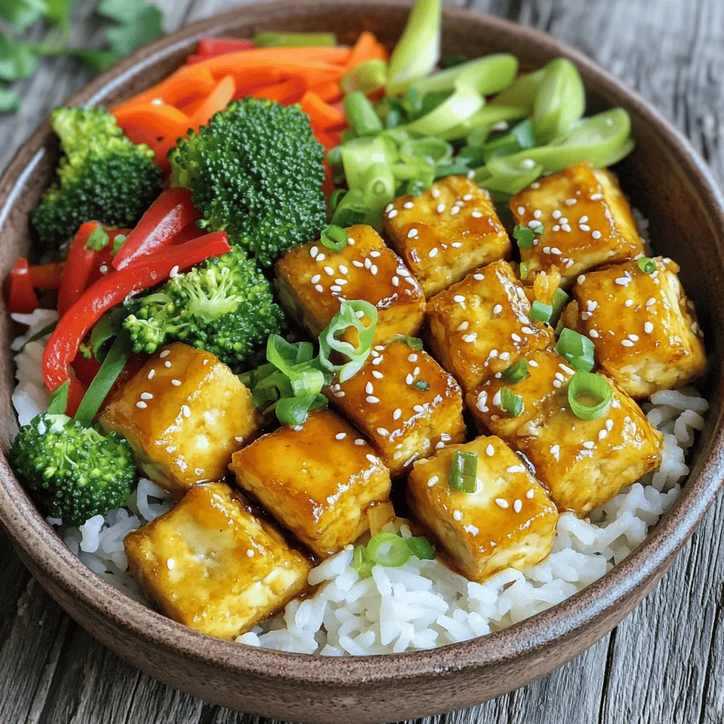 - 1 block firm tofu, drained and pressed - 2 tablespoons cornstarch - 2 tablespoons soy sauce - 1 tablespoon sesame oil - 1 tablespoon rice vinegar - 2 cups cooked jasmine rice - 1 cup broccoli florets - 1 red bell pepper, sliced into thin strips - 1 medium carrot, julienned - 2 green onions, finely chopped - Sesame seeds for garnish - Salt and black pepper to taste Crispy tofu rice bowls are not just tasty; they are healthy too. Each bowl offers a good mix of protein, carbs, and veggies. Tofu gives around 10 grams of protein per serving. Jasmine rice adds energy with its carbs. Broccoli and bell peppers are full of vitamins and fiber, making this dish hearty and balanced. When selecting ingredients, I recommend using high-quality brands. For tofu, look for brands like Nasoya or House Foods. They provide firm tofu that holds its shape well. For soy sauce, Kikkoman is a trusted choice, giving you great flavor. Choose organic cornstarch from a brand like Bob's Red Mill for better quality. Fresh vegetables are key, so buy organic if possible. For the best experience, check out the Full Recipe for a step-by-step guide! Start by preheating your oven to 400°F (200°C). Line a baking sheet with parchment paper to keep the tofu from sticking. Cut the pressed tofu into small cubes, about 1 inch each. In a bowl, add the tofu cubes and pour in the soy sauce. Mix gently to coat all the pieces. Next, sprinkle cornstarch over the marinated tofu. Toss again, ensuring every cube is lightly coated. This step is key for that crispy texture you want. While the tofu bakes, take a large skillet and heat sesame oil over medium heat. Add the broccoli florets, red bell pepper strips, and julienned carrot to the skillet. Stir-fry these veggies for about 5 to 7 minutes. Look for them to be tender yet still bright in color. Season with salt and black pepper to enhance the flavors. This mix adds vibrant colors and nutrients to your bowl. Now it's time to bring your rice bowls together. Scoop the cooked jasmine rice into serving bowls. Top each bowl with the stir-fried vegetables and the crispy tofu. For a beautiful finish, sprinkle chopped green onions and sesame seeds on top. You can also drizzle a bit more soy sauce or a splash of rice vinegar for added flavor. This final touch gives your bowls an extra pop. Enjoy your meal with the full recipe for a delightful experience! To get crispy tofu, start with firm tofu. Drain and press it well to remove extra water. This step is key. Cut the tofu into small cubes, about 1-inch each. Toss the cubes with soy sauce for flavor. Then, sprinkle cornstarch evenly over the tofu. This helps it get that golden crunch. Spread the cubes on a lined baking sheet. Make sure they are not touching. Bake them at 400°F (200°C) for 25-30 minutes. Flip them halfway through for even crispiness. For jasmine rice, use a rice cooker or a pot on the stove. Rinse the rice first to remove excess starch. This will keep it from getting too sticky. For every cup of rice, use 1.5 cups of water. Bring the water to a boil, then cover and reduce the heat. Cook for about 15 minutes. Let the rice sit covered for 5 minutes after cooking. This will make it fluffy and perfect for your bowls. You can boost flavors with simple add-ons. Fresh herbs like cilantro or basil can add brightness. A squeeze of lime juice gives a nice zing. For a spicy kick, add chili flakes or sriracha. You can also mix in nuts for crunch or avocado for creaminess. Try different sauces like teriyaki or hoisin for variety. These small changes can turn your dish into a new experience. For the full recipe, check out the [Full Recipe]. {{image_4}} You can swap tofu for other proteins. Tempeh works well as a great choice. It has a nutty taste and cooks nicely. Seitan is another option; it has a chewy texture, similar to meat. For a lighter option, try chickpeas. They add protein and are easy to cook. You can roast them with spices for extra flavor. Sauces can change your crispy tofu rice bowls in fun ways. Try teriyaki sauce for a sweet touch. It pairs well with the crispy tofu. Peanut sauce adds creaminess and a rich flavor. For a spicy kick, use sriracha mixed with soy sauce. You can even make a lime-based dressing for a fresh taste. Experimenting with sauces can make each bowl unique. Using seasonal veggies keeps your dish fresh and tasty. In spring, add asparagus or snap peas for crunch. Summer brings zucchini and corn for a sweet flavor. Fall is perfect for using butternut squash or Brussels sprouts. In winter, try root vegetables like sweet potatoes or beets. These seasonal choices not only enhance taste but also boost nutrition. To store your crispy tofu rice bowls, let them cool down first. Place the rice and vegetables in a container with a lid. You can keep the crispy tofu in a separate container. This helps keep it crispy longer. Store everything in the fridge for up to three days. Always label your containers with the date to track freshness. When you're ready to eat, reheat the rice and veggies in a microwave. Heat them for about one to two minutes until warm. For the tofu, I recommend baking it in the oven at 375°F (190°C) for about 10 minutes. This method helps restore its crispy texture. You can also use an air fryer for about five minutes to heat it up nicely. You can freeze the rice and veggies if you want to save them for later. Place them in freezer-safe bags or containers. Make sure to remove as much air as possible to prevent freezer burn. The tofu, however, does not freeze well. It may become mushy when thawed. For best results, enjoy the tofu fresh. Use your frozen rice and veggies within three months for the best taste. Yes, you can use soft or silken tofu. Just note that they are less firm. They may not crisp up like firm tofu. If you choose soft tofu, try to handle it gently. You can also press it to remove excess moisture. This helps it hold its shape better in the dish. To make this dish gluten-free, swap regular soy sauce for gluten-free soy sauce or tamari. You can also use coconut aminos for a sweeter taste. Check the cornstarch and rice vinegar too, as they are usually gluten-free. Always read labels to be sure. You have many tasty options for toppings. Try avocado slices for creaminess. Add sliced radishes for a crunchy bite. Pickled ginger can add a nice tang. You can also sprinkle some crushed peanuts for extra texture. For heat, add sliced jalapeños or a drizzle of chili oil. You can find the full recipe to get started on making these delicious crispy tofu rice bowls. Crispy tofu rice bowls are easy to make and fun to eat. We covered the key ingredients, how to cook them, and tasty variations. With tips on storage and reheating, these bowls can fit any meal plan. I hope you feel inspired to enhance your dishes with new ideas. Enjoy experimenting with flavors and textures!