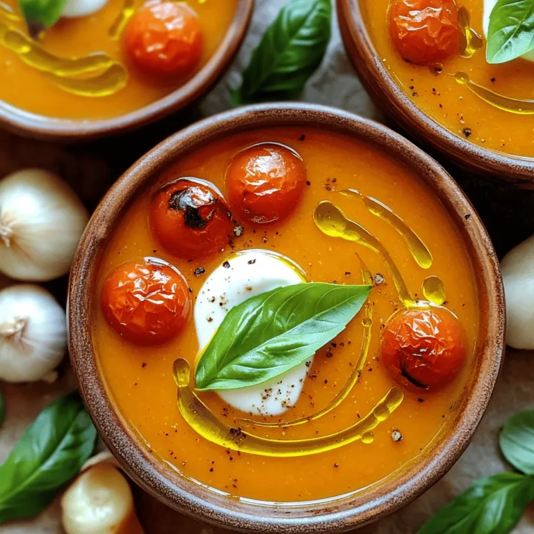 To make this roasted tomato basil soup, you will need some fresh and simple ingredients. Here’s what you need: - 4 cups ripe tomatoes, halved (preferably Roma or vine-ripened) - 1 medium onion, chopped - 4 cloves garlic, unpeeled - 3 tablespoons olive oil - Salt and freshly cracked pepper to taste - 1 teaspoon sugar (optional, to balance acidity) - 1 cup vegetable broth (low sodium) - 1 cup fresh basil leaves, tightly packed - ½ cup heavy cream or coconut cream (for a vegan option) - Additional fresh basil for garnish These ingredients come together to create a rich and comforting soup. The ripe tomatoes bring sweetness, while the onion and garlic add depth. Olive oil enhances the flavors, and fresh basil gives it a bright finish. If you want a creamier soup, feel free to add the heavy cream or use coconut cream for a vegan twist. The sugar helps balance the acidity of the tomatoes, making the soup taste even better. This soup is not just tasty; it is also a great way to enjoy fresh ingredients. You can find the full recipe in the article. Enjoy making this simple and flavorful dish! 1. Preheat the oven: Set your oven to 400°F (200°C). This heat helps the tomatoes roast well. 2. Prepare the baking sheet: Grab a large baking sheet. Place the halved tomatoes, chopped onion, and unpeeled garlic cloves on it. Make sure they are in a single layer. 3. Season the vegetables: Drizzle olive oil over the tomatoes, onion, and garlic. Add salt and freshly cracked pepper to taste. You might want to sprinkle a teaspoon of sugar on top. This helps balance the tomato's acidity. 4. Roast in the oven: Slide the baking sheet into the oven. Roast for about 30-35 minutes. Look for the tomatoes to be tender and slightly charred. This gives the soup a deeper flavor. 1. Cool down: After roasting, take the baking sheet out of the oven. Let it cool for a few minutes. Carefully peel the roasted garlic cloves. They will taste sweet and mellow. 2. Blend the mixture: In a blender, mix the roasted tomatoes, onion, garlic, vegetable broth, and fresh basil leaves. Blend until smooth. This is where the magic happens! 3. Simmer the soup: Pour the blended mixture into a pot. Heat it gently over medium heat. Stir now and then to keep it warm. 4. Finish with cream: Add the heavy cream or coconut cream into the pot. Stir it in well. Let the soup simmer for another 5 minutes. Taste and adjust with more salt and pepper if needed. 5. Prepare for serving: Once the flavors blend nicely, take the pot off the heat. Let the soup rest for a few minutes. This wait enhances the flavors before you serve it. - Presentation Tips: Serve the soup in warm bowls. Drizzle a swirl of cream on top. Garnish with fresh basil leaves to make it look fancy and colorful. Now you have a delicious Roasted Tomato Basil Soup ready to enjoy! For the Full Recipe, check the main section. Seasoning is key to a great soup. Start with salt and pepper. Taste as you go. If the soup tastes too sharp, add a little sugar. This helps balance the acidity from the tomatoes. Fresh herbs like basil can really boost the flavor. Add them at the end of cooking for a fresh taste. Use a handful of basil leaves. Tear them gently to release their oils. For serving, consider a drizzle of cream on top. This adds richness and a lovely look. Serve with crusty bread for a complete meal. You can also add a sprinkle of cheese for extra flavor. For making this soup, you need a good blender. A high-speed blender works best for smooth soup. If you don't have one, a regular blender will do just fine. Just blend in small batches to avoid spills. You also need a heavy pot for simmering. A Dutch oven is perfect for this. It heats evenly and holds the heat well. A wooden spoon is great for stirring, too. These tools will help you make the best roasted tomato basil soup. For the full recipe, check out the details above. {{image_4}} For a creamy soup, I often use heavy cream. But if you want a vegan option, coconut cream works well. It gives the soup a rich taste without dairy. You can also try nut-based creams for different flavors. Adding spices can elevate your soup. Consider red pepper flakes for heat or smoked paprika for a depth of flavor. You can also mix in some fresh herbs like thyme or oregano. These will give your soup a new twist. If you want to boost protein, add some cooked lentils or chickpeas. They blend nicely and add a nice texture. Grilled chicken or shrimp can also make it heartier. Pair your roasted tomato basil soup with crusty bread. A slice of sourdough or a baguette complements the soup perfectly. A fresh salad on the side adds a nice crunch. Try a simple green salad with lemon vinaigrette. For gatherings, presentation matters. Serve the soup in warm bowls. Add a swirl of cream on top for a fancy touch. Garnish with fresh basil leaves for color. You can even use a drizzle of olive oil for an extra layer of flavor. For the full recipe, check out Roasted Tomato Basil Bliss. It gives you all the steps to create this comforting dish. To keep your roasted tomato basil soup fresh, store it in the fridge. Use a glass or plastic container with a tight lid. This helps prevent spills and keeps out air. Your soup will last for about three to five days in the fridge. If you want to keep it longer, freeze it. Pour the soup into freezer-safe bags or containers. Leave some space at the top for expansion. Frozen soup can last for up to three months. When you want to enjoy your soup again, reheat it gently. Pour the soup into a pot and warm it on low heat. Stir it often to avoid sticking. This way, you keep the flavors intact. If the soup seems too thick, add a splash of broth or water. Stir well to mix. For a quick option, microwave it in a bowl. Cover it loosely to let steam escape. Heat in short bursts, stirring in between. This helps maintain the soup’s creamy texture. How can I make Roasted Tomato Basil Soup vegan? You can easily make this soup vegan. Just use coconut cream instead of heavy cream. Make sure your vegetable broth is also vegan. This way, you keep all the rich flavor. Can I use canned tomatoes for this recipe? Yes, you can use canned tomatoes. Choose high-quality canned tomatoes for the best taste. They can save time and still give a nice flavor. Just skip the roasting step since they are already cooked. What can I serve with Roasted Tomato Basil Soup? This soup pairs well with crusty bread or a fresh salad. Grilled cheese sandwiches are also a classic choice. You can add a sprinkle of cheese on top for extra flavor. How long does Roasted Tomato Basil Soup last in the fridge? Store the soup in the fridge for up to five days. Use an airtight container to keep it fresh. Reheat on the stove or in the microwave before serving. What’s the difference between celery and onion in the soup? Onion adds sweetness and depth to the soup. Celery has a fresh, crisp flavor. You can use either, but onion is more common in this recipe. Both can enhance the taste if used together. Can I make this soup ahead of time? Yes, you can make this soup ahead of time. It tastes even better the next day. Just store it in the fridge and reheat when you’re ready to serve. This blog post covered how to make Roasted Tomato Basil Soup. We discussed key ingredients like tomatoes, onion, and garlic. I shared step-by-step instructions for prepping, roasting, and blending your soup. You also learned tips to enhance flavor and variations to try. Lastly, I provided important storage and reheating advice. Making this soup is fun and rewarding. You can adjust it to your taste and share it with others. Enjoy your delicious creation!