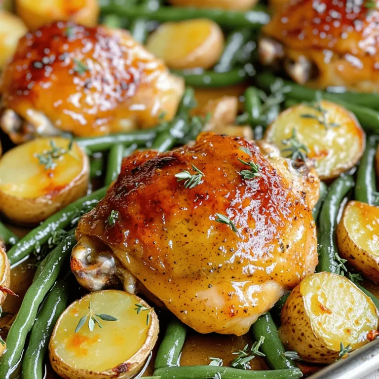 - 4 boneless, skinless chicken thighs - 2 cups baby potatoes, halved - 1 cup green beans, trimmed - 1/4 cup Dijon mustard - 1/4 cup honey - 2 tablespoons apple cider vinegar - 1 tablespoon olive oil - 1 teaspoon dried thyme - Salt and black pepper to taste - Baking sheet - Mixing bowl - Resealable plastic bag To make this dish, you need simple, fresh ingredients. The chicken thighs are juicy and tender. Baby potatoes add heartiness, while green beans bring crunch. The marinade combines flavors that dance on your tongue. Dijon mustard gives a sharp bite, while honey adds sweetness. Apple cider vinegar adds tang. Olive oil helps blend everything together. Dried thyme brings a hint of earthiness, rounding out the taste. Don't forget salt and pepper to enhance all these flavors. You'll also need a few tools. A baking sheet is key for even cooking. A mixing bowl helps you combine the marinade. A resealable plastic bag makes marinating easy. This setup ensures you get the best results with minimal fuss. For the full recipe, check the section above. - Preheat the oven to 400°F (200°C). - Prepare the baking sheet with parchment paper or cooking spray. First, I always ensure my oven is hot enough. Preheating is key to getting that nice, even cook. I like to line my baking sheet with parchment paper. This makes cleanup a breeze! If you don’t have parchment paper, a light coat of cooking spray works just fine. - Mix Dijon mustard, honey, apple cider vinegar, olive oil, dried thyme, salt, and pepper. Next, let’s whip up the marinade. In a medium bowl, I combine Dijon mustard and honey for sweetness. Then, I add apple cider vinegar for a little tang. A splash of olive oil gives it richness. Dried thyme adds a lovely herb flavor. Don't forget salt and pepper to taste! Whisk everything until it’s smooth. This marinade will make the chicken taste amazing. - Coat chicken thighs in the marinade and refrigerate. Now, it’s time to marinate the chicken. I place the thighs in a resealable bag or bowl. I pour the marinade over them, making sure each piece is well-coated. This step is crucial for flavor. I seal the bag or cover the bowl and pop it in the fridge. Let it sit for at least 30 minutes. If you have time, letting it marinate overnight gives the best flavor. - Arrange chicken and potatoes on the sheet pan, bake, then add green beans. After marinating, I take the chicken out of the fridge. I let the excess marinade drip off. I then place the chicken on one side of the baking sheet. In the same bowl, I add halved baby potatoes. I toss them in the leftover marinade and spread them on the other side of the sheet. I place the sheet pan in the preheated oven and bake for 20 minutes. After that, I carefully add the green beans. I toss them in the pan juices for extra flavor. I return the pan to the oven for another 15-20 minutes. The chicken should reach an internal temperature of 165°F (74°C), and potatoes should be fork-tender. For the full recipe, check out the details above. Enjoy this flavorful dish! For the best flavor, marinate the chicken for at least 30 minutes. This time allows the honey mustard mix to soak in. If you have more time, let it marinate overnight. This makes the chicken even tastier. You can adjust the seasoning by adding more honey for sweetness or more mustard for a tangy kick. This way, you can make it just how you like it. To check if the chicken is fully cooked, use a meat thermometer. The internal temperature should reach 165°F (74°C). This ensures the chicken is safe to eat. Oven temperatures can vary. If your oven runs hot or cold, check the chicken at 15 minutes. You may need to adjust the time to get perfect results. You can serve the meal directly from the sheet pan for a casual look. This saves on dishes and keeps everything warm. If you want a fancier touch, plate the chicken and veggies separately. Drizzle any sauce from the pan over the top. For extra color, add a sprinkle of fresh parsley or thyme. These small touches can make your dish look gourmet. For the complete recipe, check out the Full Recipe section. {{image_4}} If you want to change up the veggies, try adding carrots or bell peppers. They add great color and flavor. Cut the carrots into sticks and the bell peppers into strips. Toss them in the same marinade for a yummy twist. You can also use broccoli or zucchini. Both work well and cook at the same time. You can use chicken breasts or thighs with skin for this recipe. Just remember, skin-on chicken will add more flavor and crispiness. If you use breasts, check the cooking time. They may cook faster than thighs. Always ensure the chicken reaches 165°F (74°C) for safety. Get creative with your mustards and sweeteners! You can try whole grain mustard for extra texture. If you like a kick, add spicy brown mustard. For sweeteners, maple syrup or agave can replace honey. Each option will change the flavor, making it fun to experiment. Enjoy the journey of taste! For the full recipe, check out the [Full Recipe]. You can store leftover Sheet Pan Honey Mustard Chicken in the fridge. It lasts up to three days. Place it in an airtight container to keep it fresh. Make sure to let it cool before sealing. This helps maintain its great flavor. To freeze the leftovers, first, let them cool completely. Then, place them in a freezer-safe bag or container. Squeeze out as much air as possible to prevent freezer burn. Label the container with the date. The chicken can last up to three months in the freezer. Reheat the chicken and veggies in the oven for the best taste. Preheat your oven to 350°F (175°C). Place the chicken and vegetables on a baking sheet. Cover with foil to keep moisture in. Heat for about 15-20 minutes, or until warm. This keeps the flavors intact and the texture nice. You can also use a microwave if you're in a hurry. Just make sure to cover it to avoid drying out. Enjoy your delicious leftovers! Yes, you can use bone-in chicken. The cook time will change. Bone-in chicken takes longer to cook. You should bake it for an extra 10-15 minutes. Always check if it reaches 165°F (74°C) inside. Absolutely! To make this dish dairy-free, avoid any dairy products. The marinade does not include dairy. Just focus on the mustard and honey. They add great flavor without any milk. You can serve many sides with this dish. Here are some tasty options: - Rice or quinoa for a filling base. - A fresh green salad for crunch. - Roasted or steamed vegetables for extra color. - Garlic bread for a savory touch. Check the chicken's internal temperature. It must reach 165°F (74°C) to be safe. You can also look for clear juices when you cut into it. The meat should not be pink inside. These signs will ensure your chicken is fully cooked. This recipe helps you create a tasty sheet pan meal using chicken, potatoes, and green beans. I covered the key ingredients, marinade details, and easy cooking steps. You learned how to customize the dish with tips on flavors and presentation. Plus, I shared storage and reheating advice to keep meals fresh. Embrace your creativity in the kitchen. This dish is fun to make and enjoy. Don't hesitate to experiment with flavors and ingredients. Your meal can be simple yet delicious!