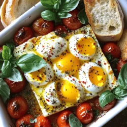 - 200g block of feta cheese - 4 large eggs - 1 cup cherry tomatoes, halved - 2 tablespoons extra virgin olive oil - 1 teaspoon dried oregano - 1/2 teaspoon red pepper flakes - Salt and pepper, to taste - Fresh basil, for garnish - Crusty artisan bread, for serving The star of this dish is the feta cheese. Choose a block that is creamy and flavorful. It melts beautifully, giving your dish a rich taste. The eggs add protein and a lovely texture. Use large eggs for the best results. Cherry tomatoes bring a touch of sweetness. Halve them to help them cook evenly. The extra virgin olive oil enhances flavors. It also helps with roasting. Dried oregano adds a warm, earthy taste. Red pepper flakes give a hint of spice. You can adjust these to suit your taste. Salt and pepper are essential for balancing flavors. Use fresh basil as a garnish for color and a fresh taste. Lastly, crusty artisan bread is perfect for dipping into the creamy goodness. For the full recipe, refer to the earlier section. - Preheat your oven to 400°F (200°C). - Take a medium baking dish and place the block of feta cheese in the center. - Arrange the halved cherry tomatoes around the cheese. Make sure they fit snugly. - Drizzle extra virgin olive oil over the feta and tomatoes. - Sprinkle dried oregano, red pepper flakes, salt, and pepper evenly across the dish. - Place your dish in the oven and bake for about 25 minutes. You want the feta to turn golden and the tomatoes to blister. - After 25 minutes, take the dish out of the oven. - Use a spoon to make small wells in the tomato mixture. - Crack an egg into each well, being careful not to break the yolk. - Put the dish back in the oven and bake for another 10 to 12 minutes. Aim for set egg whites and runny yolks. - Once done, take it out and let it cool for a moment. Garnish with fresh basil leaves. - Serve it hot with crusty artisan bread for dipping. For the full recipe, check the earlier section. To get the best yolks, adjust the baking time. If you want runny yolks, check them at 10 minutes. For firmer yolks, bake a bit longer. The key is to watch closely during the last few minutes. Choosing the right feta cheese is important. A creamy, high-quality feta gives the best flavor. Look for a block of feta, not crumbled. It melts better and adds creaminess to the dish. Pair this dish with crusty artisan bread. It’s perfect for dipping into the creamy feta and eggs. You can also try sourdough or ciabatta for a nice twist. For sides, fresh fruit or a light salad works well. A simple arugula salad adds a nice peppery bite. Roasted veggies can also bring more flavor and color to your meal. One mistake is overcrowding the baking dish. Make sure there is space around the feta and eggs. This helps everything cook evenly. Another mistake is skipping the seasoning. Don’t forget the salt and pepper! They enhance the flavors of the feta and tomatoes. A little seasoning makes a big difference. Try these tips and tricks for the best Viral Baked Feta Eggs! For the full recipe, check out the details above. {{image_4}} You can spice up your baked feta eggs in a few easy ways. First, try using different peppers. For a mild taste, choose sweet bell peppers. For more heat, use jalapeños or serranos. You can also change the amount of red pepper flakes. If you like it hot, add more. If you prefer it mild, use less. This lets you tailor the dish to your taste. Want to make your dish even better? Add extra ingredients! You can include vegetables like spinach or bell peppers. They not only add color but also boost nutrition. Another option is to use flavored feta cheese. Herbs, sun-dried tomatoes, or olives can add a new twist. Mixing these in gives a unique taste to your baked feta eggs. This dish is not just for breakfast! You can transform it for lunch or dinner. Serve it with a fresh salad for a light meal. It also works great for brunch gatherings. Pair it with mimosas or coffee. This makes it a hit at any time of day. Check the full recipe for ideas on meals and sides! To store leftovers of baked feta eggs, let them cool down first. Place them in a container. Use an airtight container to keep them fresh. You can store these in the fridge for up to three days. If you want to freeze them, it’s best to freeze the feta and tomatoes without the eggs. This helps keep the eggs from becoming rubbery. When reheating, use the oven for the best results. Preheat the oven to 350°F (175°C). Place your dish in the oven for about 10-15 minutes. This warms the dish evenly. If you want a quick method, you can use the microwave. However, this might affect the texture. To keep the eggs soft, cover the dish with a damp paper towel while heating. This helps preserve moisture and flavor. If you can't have feta, don't worry! You can try these options: - Goat cheese - Ricotta cheese - Cream cheese - Tofu (for a vegan choice) These swaps offer different flavors and textures, so feel free to experiment! Yes, this dish is naturally vegetarian! Just ensure your ingredients are meat-free. You can also add: - Spinach for extra greens - Bell peppers for some crunch - Mushrooms for a savory touch These swaps keep the dish flavorful and satisfying! To prep this dish ahead of time, try these tips: - Prepare the feta and tomatoes the night before. Store them in the fridge. - Crack the eggs in the wells just before baking. - This way, you can bake it fresh in the morning! These steps save time and keep your meal tasty! This blog post outlined a tasty baked feta egg dish. We looked at the key ingredients, detailed steps, and helpful tips. You can adjust spice levels or add extras for variety. Knowing the storage tips helps keep leftovers fresh. Don't be afraid to experiment with flavors and serving ideas. This dish works for any meal. Try it for breakfast or dinner, and enjoy all the tasty options. I hope you have fun making this dish and share it with your loved ones!