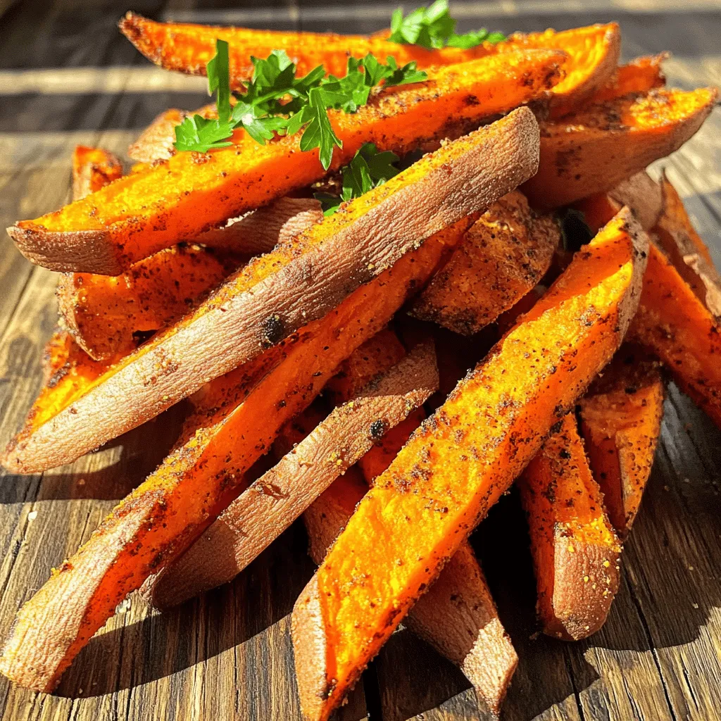 - 2 medium sweet potatoes, peeled and sliced into fries - 2 tablespoons olive oil - 1 teaspoon garlic powder - 1 teaspoon smoked paprika - ½ teaspoon ground cumin - ½ teaspoon fine sea salt - ¼ teaspoon freshly ground black pepper - Fresh parsley, finely chopped (for garnish) - Calories per serving: About 150 calories - Macronutrient breakdown: - Carbohydrates: 30g - Protein: 2g - Fat: 4g - Alternatives for olive oil: You can use avocado oil or coconut oil for a different flavor. - Using different spices: Try chili powder for heat or rosemary for an herb twist. Preheating your air fryer is key. It helps cook the fries evenly. Set the air fryer to 400°F (200°C) for five minutes. This ensures the fries will become crispy and golden. To get perfect fries, slice the sweet potatoes thin. Aim for about 1/4 inch thick. This size helps them cook well. Soaking the fries in water for 30 minutes can make them crispier. After soaking, dry them well with a towel. Arrange the fries in a single layer in the air fryer. Avoid overcrowding the basket. If needed, cook in batches. Cook the fries for 15 to 20 minutes. Shake the basket halfway through. This helps them cook evenly. Once done, let them cool for a minute before serving. Enjoy your crispy air fryer sweet potato fries! To get the best crispiness, cook your sweet potato fries for 15-20 minutes. This time is perfect for a golden-brown color. Remember, spacing matters! Place the fries in a single layer in the air fryer. If you stack them, they won’t cook evenly. Cook in batches if needed to keep that crisp texture. Want to boost the flavor? Add spices like cayenne pepper or chili powder for a kick. If you love heat, chop up some fresh jalapeños or add crushed red pepper flakes. These will give your fries a tasty twist! One big mistake is overcrowding the basket. This can lead to soggy fries. Always leave space for hot air to flow. Also, check your temperature. Cooking at 400°F (200°C) is key. If it’s too low, your fries will not crisp up well. Keep these tips in mind for the best results! {{image_4}} You can change up the taste of your sweet potato fries easily. Try a sweet and spicy mix. Just add some cayenne pepper or chili powder to your spice blend. The sweetness of the potatoes pairs well with the heat. You can also try a herb-infused option. Rosemary and thyme add a fresh taste. Simply toss in some dried herbs during the mixing step. If you follow a vegan diet, this recipe is a great fit. All the ingredients are plant-based. You can also make these fries gluten-free. The spices used do not contain gluten. For a low-carb option, swap sweet potatoes for zucchini or turnips. They will still give you a crispy texture. Dipping sauces can make your fries even better. Try garlic aioli or spicy ketchup for a burst of flavor. You can also pair them with ranch or a tangy yogurt dip. These fries go well with many main dishes. Serve them alongside grilled chicken, fish tacos, or a veggie burger. They add a tasty crunch to any meal. For the full recipe, check out the steps above. To keep your sweet potato fries fresh, let them cool first. Spread them out on a plate or a baking sheet. Avoid stacking to prevent sogginess. Once cool, transfer them to an airtight container. Store them in the fridge. They will stay good for about 3-5 days. If you want to keep them longer, consider freezing. To enjoy crispy leftover fries, I recommend using the air fryer. Preheat it to 375°F. Place the fries in the basket in a single layer. Heat for about 5-7 minutes. This method crisps them up nicely. You can also use an oven. Preheat it to 400°F, spread the fries on a baking sheet, and bake for 10 minutes. This keeps them crunchy. Freezing fries is simple. First, let them cool completely. Spread them out on a baking sheet in a single layer. Freeze until solid, about 1-2 hours. Then, transfer the fries to a freezer bag. Remove as much air as possible before sealing. They can stay in the freezer for up to 3 months. To use, thaw them in the fridge overnight and follow the reheating instructions. Enjoy your crispy air fryer sweet potato fries any time! For the full recipe, check out the [Full Recipe]. Air fryer sweet potato fries can last about 3 to 5 days in the fridge. Store them in an airtight container. Make sure they cool down before you seal the container. This helps keep them fresh and prevents sogginess. Yes, you can use frozen sweet potatoes. However, cooking times will change. Cook them for about 20 to 25 minutes at 400°F (200°C). Shake the basket halfway through to ensure even cooking. You might need to add a few extra minutes if they are not crispy enough. Air fryer sweet potato fries are a healthy snack. Sweet potatoes are full of vitamins A and C. They also have fiber, which helps digestion. Using less oil makes them lower in fat than fried fries. Enjoy them guilt-free! You learned how to make air fryer sweet potato fries, from ingredients to cooking steps. We covered ingredient alternatives and storage tips. Remember to preheat your air fryer for better crispiness. Don't overcrowd the basket for the best results. Enjoy trying different spices and flavors. These fries can be a healthy snack or side. Now, go make your own delicious fries and impress your friends and family!