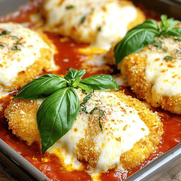 - 2 boneless, skinless chicken breasts - 1 cup Italian-seasoned breadcrumbs - 1/2 cup freshly grated Parmesan cheese - 1 cup marinara sauce - 1 cup shredded mozzarella cheese - 2 large eggs, beaten - 1 teaspoon garlic powder - 1 teaspoon Italian seasoning - Salt and freshly ground black pepper, to taste - Olive oil, for frying - Fresh basil leaves, for garnish The main ingredients are the stars of this dish. You need chicken breasts for the base. The Italian-seasoned breadcrumbs give it a crunchy crust. Freshly grated Parmesan adds a rich flavor. Marinara sauce keeps it moist and tasty. Shredded mozzarella pulls it all together with its melty goodness. For seasonings, garlic powder and Italian seasoning enhance the taste. Salt and pepper add the right touch. You’ll fry the chicken in olive oil, giving it a nice golden color. Fresh basil leaves are perfect for a pop of flavor at the end. This Easy Chicken Parmesan uses simple, fresh ingredients. You can find them at any store. I always choose high-quality products. They make a big difference in taste. For the full recipe, check below! - Preheat the oven to 375°F (190°C). - Pound the chicken breasts to an even thickness of about 1/2 inch. This helps them cook evenly. - In a shallow dish, mix the breadcrumbs, Parmesan, garlic powder, Italian seasoning, salt, and pepper. - In another bowl, beat the eggs to create the egg wash. This helps the coating stick. - First, dip the chicken in the egg wash. Let the excess drip off. - Next, coat it with the breadcrumb mix. Press down to ensure it sticks well. - Heat olive oil in a large skillet over medium-high heat. Sauté the breaded chicken for about 4-5 minutes on each side until golden brown. - Transfer the chicken to a baking dish. Pour marinara sauce over each piece. Top with shredded mozzarella cheese. - Bake in the preheated oven for 20 minutes until the cheese is bubbly and slightly golden. - Let the chicken rest for a few minutes. Garnish with fresh basil leaves before serving. This recipe is simple and tasty. You can find the Full Recipe for more details. Enjoy your cooking! To get that perfect breaded chicken, start with fresh ingredients. Fresh chicken and herbs add great taste. They make a big difference in flavor. Next, do not overcrowd the skillet. If you add too many pieces, the chicken will not fry well. It can steam instead of crisp. Cook in batches if needed. This way, every piece will be golden brown and crunchy. For the best cheese melt, I like to use a mix of mozzarella and provolone. This combo gives a rich and tasty layer. Mozzarella melts great, while provolone adds a nice zing. Finally, broil briefly for a bubbly finish. Broiling helps the cheese get a golden color and a crispy top. Keep an eye on it so it doesn’t burn! Enjoy your Easy Chicken Parmesan with these tips from the [Full Recipe]. {{image_4}} You can swap chicken for turkey or eggplant if you want a change. Eggplant gives a nice texture and flavor. Turkey is leaner and still tasty. If you need a gluten-free option, try gluten-free breadcrumbs. They work well and still give that crunchy bite. Want to spice things up? Add crushed red pepper for a kick. Just a pinch can make your dish pop. You can also mix in sautéed veggies into the sauce. Bell peppers, zucchini, or mushrooms add great taste and color. This way, you get extra nutrients and flavor in every bite. After enjoying Easy Chicken Parmesan, store leftovers in the fridge. Place the chicken in an airtight container. It will stay fresh for up to three days. If you want to freeze portions, wrap them tightly in plastic wrap first. Then, put them in a freezer bag. This helps prevent freezer burn and keeps the chicken tasty. When reheating, the oven works best for leftover chicken. Preheat your oven to 350°F (175°C). Place the chicken on a baking sheet. This method keeps the chicken crispy. Bake for about 15 minutes, or until heated through. If you use a microwave, place the chicken on a microwave-safe plate. Heat in short bursts, checking often. This way, you avoid soggy chicken. Remember, you want it crispy! Yes, you can prepare Easy Chicken Parmesan ahead of time. Start by breading the chicken and then refrigerate it for up to 24 hours. This helps the flavors blend and makes cooking easier later. You can also cook it fully and store leftovers. Just remember to cool it completely before storing. When ready to eat, you can reheat it in the oven. This keeps the chicken crispy and tasty. Easy Chicken Parmesan goes well with many sides. Consider serving it with: - Spaghetti or any pasta - Garlic bread or breadsticks - A fresh green salad - Roasted vegetables like zucchini or broccoli - Creamy mashed potatoes These sides create a complete and satisfying meal. Making marinara sauce from scratch is simple and quick. You will need: - 1 can (28 oz) crushed tomatoes - 2 cloves garlic, minced - 1 tablespoon olive oil - 1 teaspoon sugar - Salt and pepper to taste - Fresh basil leaves, chopped In a saucepan, heat olive oil over medium heat. Add garlic and sauté until fragrant. Then add the crushed tomatoes, sugar, salt, and pepper. Let it simmer for about 20 minutes. Stir in fresh basil before serving. This sauce will elevate your Easy Chicken Parmesan. For more details, check the Full Recipe. You now know how to make Easy Chicken Parmesan with just a few simple steps. We covered the key ingredients, methods for cooking, and tips for the best flavors. Remember, you can easily adapt this dish to your taste with substitutions or added spices. Make sure to store leftovers properly for later enjoyment. This recipe is perfect for family dinners or gatherings. Enjoy your cooking and impress your loved ones with this delicious meal!