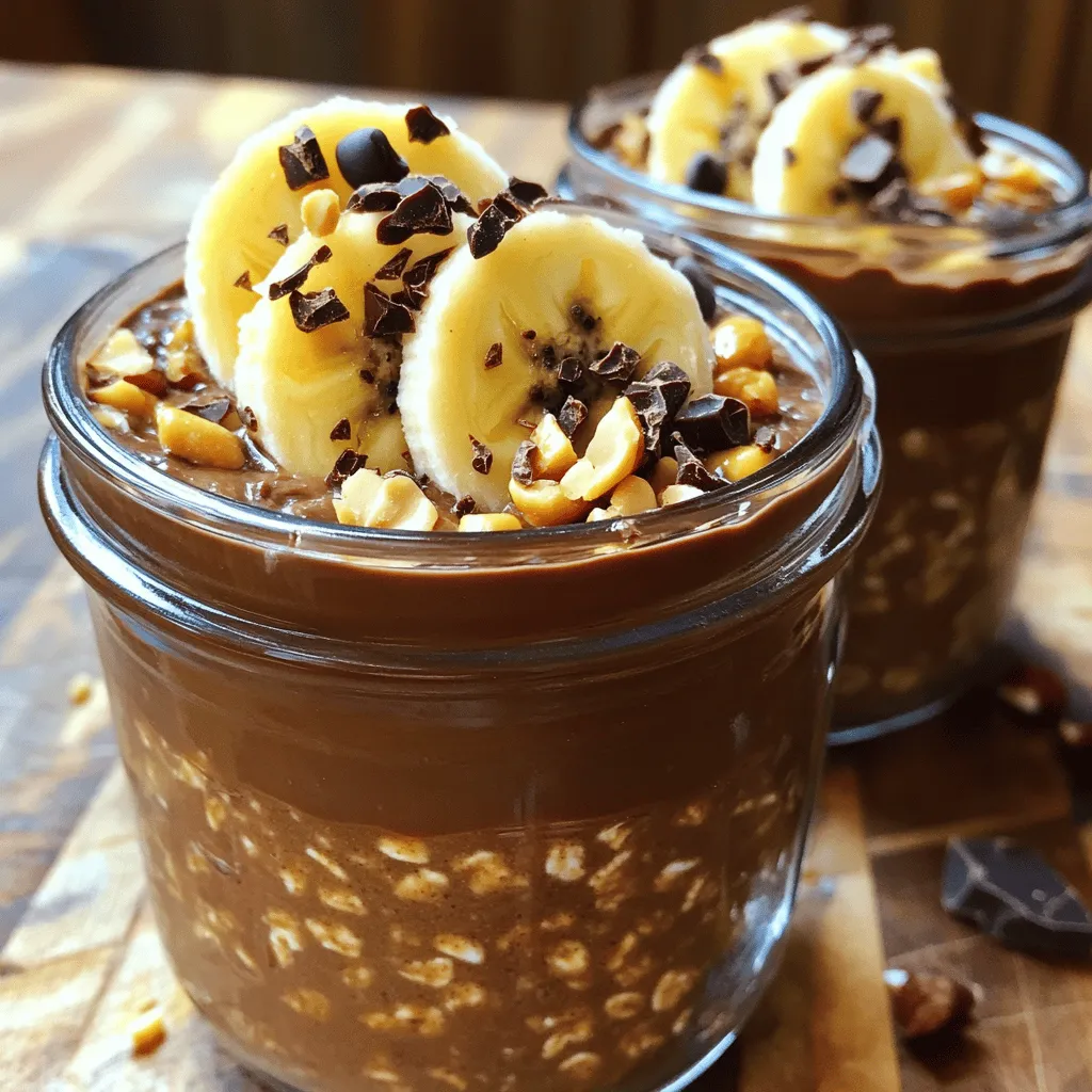 For my Peanut Butter Chocolate Overnight Oats, I use simple, healthy ingredients that blend perfectly. Here’s what you need: - 1 cup rolled oats - 2 cups almond milk (or alternative milk) - 2 tablespoons natural peanut butter - 2 tablespoons unsweetened cocoa powder - 1 tablespoon maple syrup (or honey) - 1/2 teaspoon vanilla extract - A pinch of salt - 1 banana, sliced (for topping) - Optional garnishes: Chopped nuts, chocolate chips Each ingredient plays a key role. The rolled oats provide fiber and texture. Almond milk makes it creamy without dairy. Natural peanut butter adds protein and flavor. Cocoa powder gives that rich chocolate taste. Maple syrup or honey adds sweetness. Vanilla extract enhances the flavor, while salt balances it all. You can customize your oats with toppings. I love sliced bananas for their sweetness. Chopped nuts add crunch, and chocolate chips bring extra delight. This recipe is all about making it your own. For the full recipe, check out the Peanut Butter Chocolate Bliss Overnight Oats section. - In a large mixing bowl, combine 1 cup of rolled oats and 2 cups of almond milk. - Next, mix in 2 tablespoons of natural peanut butter, 2 tablespoons of unsweetened cocoa powder, 1 tablespoon of maple syrup, 1/2 teaspoon of vanilla extract, and a pinch of salt. - Whisk the mixture until smooth and all ingredients blend well. - Carefully divide the oat mixture into two jars or containers. - Seal the jars tightly and refrigerate overnight or for at least 4 hours. This helps the oats become soft and creamy. - When ready to serve, stir the oats well to mix any settled ingredients. - Top each serving with sliced banana and any chosen garnishes, like chopped nuts or chocolate chips. To see all the details and ingredients, check the Full Recipe. Enjoy your delicious Peanut Butter Chocolate Overnight Oats! To get the best texture, use a whisk. A whisk makes the oats smooth and creamy. This helps mix all the ingredients well. For flavor, choose natural peanut butter. It tastes better and has fewer additives. You will enjoy the rich peanut taste more. Making these oats in bulk is smart. Prepare several jars at once for easy breakfasts. You can store them in the fridge for up to 3 days. This way, you can grab one each morning. No need to rush in the morning! Make your oats look great! Serve them in clear jars. This shows off the pretty layers of oats and toppings. For a fun touch, drizzle extra peanut butter on top. It enhances the look and adds more flavor. When you present them well, they taste even better! For the full recipe, check out the Peanut Butter Chocolate Bliss Overnight Oats. {{image_4}} When you make Peanut Butter Chocolate Overnight Oats, you can try fun twists. Here are some great ideas to mix things up. - Add protein powder for an extra boost. This will help you feel full longer and give you energy. - Substitute Greek yogurt for a creamier texture. This makes your oats thick and rich. - Swap peanut butter for almond or sunflower seed butter. Each nut butter adds its unique flavor. - Use flavored milk alternatives like chocolate or vanilla. This adds a new sweet taste to your oats. - Try different fruits like berries or diced apples. Fresh fruit adds color and nutrients. - Include seeds like chia or flaxseed for added nutrition. These seeds are great for fiber and omega-3s. These variations make the recipe exciting and keep breakfast fun! For the full recipe, check out Peanut Butter Chocolate Bliss Overnight Oats. Store your Peanut Butter Chocolate Overnight Oats in airtight containers. This keeps them fresh and tasty. They last up to 3 days in the refrigerator. I recommend eating them within this timeframe for the best flavor. You can freeze these oats for up to one month. Just make sure to use freezer-safe containers. When you're ready to eat, thaw them overnight in the refrigerator. This way, they return to a nice, creamy texture. You can enjoy your oats cold right from the fridge. If you prefer them warm, simply heat them in the microwave for a minute. Stir well before digging in to make each bite delicious. If you want to learn how to make this tasty dish, check out the Full Recipe. You should eat these oats within 3 days for the best taste. If you freeze them, they can last for up to one month. Just thaw them overnight in the fridge before you want to eat. Yes! You can use any milk you like. Dairy, almond, or oat milk all work great in this recipe. If you want to swap peanut butter, try almond butter or sunflower seed butter. Other nut butters also make a tasty option. Absolutely! This recipe is perfect for meal prep. You can make it ahead and enjoy quick breakfasts all week. Check out the Full Recipe to get started! This recipe for Peanut Butter Chocolate Overnight Oats is easy and fun. You mix simple ingredients like oats, almond milk, and cocoa powder. Preparing this dish ahead saves time and keeps breakfast fresh. You can also customize it with different toppings and flavors. Remember, meal prepping helps you enjoy quick and healthy mornings. With just a bit of planning, you can start your day right. Enjoy your tasty creation, and happy prepping!