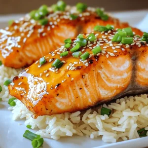 - 4 salmon fillets (approximately 6 oz each) - 1/4 cup honey - 3 tablespoons low-sodium soy sauce - 3 cloves garlic, finely minced - 1 tablespoon fresh ginger, grated - 1 tablespoon olive oil - Salt and freshly ground black pepper to taste - 1 tablespoon sesame seeds (for garnish) - 2 green onions, finely chopped (for garnish) Salmon is a powerhouse of nutrition. It is rich in omega-3 fatty acids. These fats are good for your heart and brain. They help reduce inflammation and improve your mood. Eating salmon can boost your overall health. Honey adds a natural sweetness to your dish. It also has antioxidants that can help your body fight free radicals. Garlic is another star in this recipe. It has many health benefits, too. Garlic can help lower blood pressure and improve cholesterol levels. Both honey and garlic work well together for flavor and health. Using this honey garlic glazed salmon recipe, you enjoy a meal that is tasty and good for you. You can feel great about serving it to your family. For the full recipe, you can check out the complete details above. - In a small bowl, whisk together: - 1/4 cup honey - 3 tablespoons low-sodium soy sauce - 3 minced cloves of garlic - 1 tablespoon grated fresh ginger This mix creates a sweet and savory glaze. Set aside 1 tablespoon of this glaze for later. - Season both sides of the salmon fillets with salt and freshly ground black pepper. This adds a nice touch of flavor. - Heat 1 tablespoon of olive oil in a large skillet over medium heat. Wait until the oil shimmers to show it’s ready. - Carefully place the salmon fillets in the skillet, skin-side down. Let them sear for 5-6 minutes. You want the skin to be crispy and golden brown. - After 5-6 minutes, gently flip the salmon using a spatula. Brush the top with the glaze you prepared. This adds a lovely flavor. - Cook for another 4-5 minutes. Keep basting the salmon with the extra glaze. The salmon should turn opaque and easily flake with a fork when done. - Once cooked, remove the salmon from the skillet. Let it rest on a plate for about one minute. This helps keep the juices inside. - Drizzle the reserved glaze over the salmon before serving. This enhances the taste and shine. - Garnish with sesame seeds and chopped green onions. This adds a pop of color and crunch. This honey garlic glazed salmon is not only tasty but also easy to make. You can find the Full Recipe for more details. To achieve crispy skin on your salmon, start with a hot skillet. Heat the olive oil until it shimmers. Then, place the salmon skin-side down and do not touch it for at least 5-6 minutes. This allows the skin to crisp up nicely. For perfect doneness, cook the salmon for about 4-5 minutes after flipping it. The fish should be opaque and flake easily with a fork. Aim for a total cooking time of 10-11 minutes. When it comes to sides, pair your honey garlic glazed salmon with jasmine rice or quinoa. The grains soak up the glaze well. You can also add sautéed vegetables like bell peppers and broccoli for a colorful plate. For an appealing presentation, garnish your dish with sesame seeds and chopped green onions. Drizzle a bit of extra glaze over the salmon before serving. This adds shine and makes the dish look even more delicious. For the full recipe, check out the earlier section. {{image_4}} You can easily change the taste of honey garlic glazed salmon. Adding citrus like lemon or lime brings a bright zing. A squeeze of fresh juice over the cooked salmon adds a nice twist. You can also add zest for an extra pop of flavor. If you like heat, incorporate spicy elements. Red pepper flakes add warmth without overpowering the dish. Sprinkle a pinch on the glaze, or mix it in while cooking. This small change can make your meal exciting and bold. You might want to use alternatives for low-sodium soy sauce. Coconut aminos is a great choice for a similar taste. It is also gluten-free, making it perfect for those with dietary restrictions. For a vegan option, swap salmon with a firm tofu or tempeh. Marinate the tofu in the same glaze for a tasty dish. You can also use vegetable broth to replace the soy sauce for a lighter flavor. These variations help you adapt the recipe to your taste and dietary needs while keeping it delicious. For the full experience, check out the Full Recipe. To keep your honey garlic glazed salmon fresh, store it in the fridge. Place the salmon in an airtight container. It stays good for up to three days. When reheating, do it gently. The best method is to use the oven. Preheat the oven to 350°F (175°C). Place the salmon on a baking sheet and cover it with foil. Heat for about 10-15 minutes. This keeps the fish moist and tasty. If you want to save some for later, freezing is a great option. First, let the salmon cool to room temperature. Wrap each fillet tightly in plastic wrap, then place them in a freezer bag. Remove as much air as you can before sealing. The salmon can last up to three months in the freezer. To thaw, take the salmon out of the freezer and move it to the fridge. Let it thaw overnight for best results. If you're in a hurry, you can use the microwave. Set it to defrost, checking every minute to avoid cooking the fish. Always ensure it is fully thawed before reheating. If you want to know the full recipe, check out the section above. How long does it take to cook salmon? It takes about 10 to 15 minutes to cook salmon. The cooking time may vary based on the thickness of the fillets. A good rule is to cook salmon for 4-6 minutes per side. Always check for doneness by using a fork. The fish should flake easily. Can I use frozen salmon fillets for this recipe? Yes, you can use frozen salmon fillets. Just make sure to thaw them in the fridge overnight. You can also run cold water over the fillets for a quicker thaw. Cook them as you would fresh salmon, but add a couple of extra minutes for cooking time. What can I substitute for honey? If you need a substitute for honey, you can use maple syrup or agave nectar. Both options will add sweetness. If you want a sugar-free option, try using a sugar-free honey substitute. Is this recipe suitable for meal prep? Yes, this recipe is great for meal prep. You can cook the salmon and store it in the fridge for up to four days. Just reheat gently in the oven or microwave before serving. What sides go well with honey garlic glazed salmon? Honey garlic glazed salmon pairs well with steamed rice or quinoa. You can add some sautéed vegetables for color and crunch. Roasted asparagus or broccoli is also a great choice. Can I grill instead of pan-sear the salmon? Yes, you can absolutely grill the salmon. Just preheat your grill and oil the grates. Cook the salmon on medium heat for about 4-5 minutes per side. This will give you a lovely smoky flavor. This blog post covered the delicious recipe for honey garlic glazed salmon. We explored ingredients and their health benefits, like omega-3s and honey. The step-by-step guide made cooking easy, while tips ensured perfect results. Variations allow you to customize flavors, and storage info helps with leftovers. Cooking salmon can be simple and rewarding. Enjoy your meal and share this recipe with others. Happy cooking!
