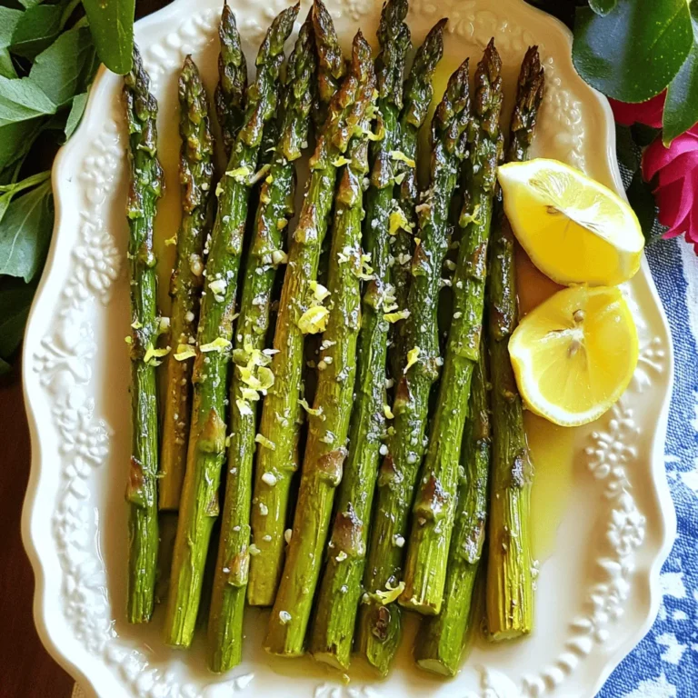 - Fresh Asparagus (1 pound): Look for bright green spears with firm tips. This veggie is the star of the dish! If you can't find fresh, feel free to use frozen asparagus, but the texture will differ. - Extra Virgin Olive Oil (3 tablespoons): Use the best quality you can find. This oil adds richness and helps the asparagus roast evenly. You can substitute with avocado oil if needed. - Garlic (4 cloves, finely minced): Fresh garlic gives a strong flavor. If you're in a pinch, jarred minced garlic works too, but fresh is always better! - Lemon Zest (from 1 large lemon): The zest brings a bright, fresh flavor. You can use lime zest for a twist if you prefer. - Fresh Lemon Juice (2 tablespoons): Fresh juice is key for that tanginess. Bottled lemon juice lacks the same flavor, so I don't recommend it. - Sea Salt and Black Pepper: Season to taste. Good salt and freshly cracked pepper elevate every dish. For a kick, add a bit of red pepper flakes (1/4 teaspoon). - Lemon Wedges: These are for serving. They add a pop of freshness when squeezed over the finished dish. Using high-quality ingredients makes a big difference. Fresh asparagus will give you a crisp texture and vibrant flavor. Good olive oil enhances the dish without overpowering it. Fresh garlic and lemon zest add bright notes that make your meal sing. Always strive for the best quality you can find; it shows in the final dish. For the full recipe, check out the instructions mentioned above. Start by preheating your oven to 425°F (220°C). This high heat helps the asparagus roast well. Next, trim the ends of the asparagus. Snap off the tough ends by bending each spear. It will naturally break where it is tender. You will need a few tools for this dish: - A large mixing bowl - A baking sheet - A sharp knife for trimming In your mixing bowl, add the trimmed asparagus. Pour in 3 tablespoons of extra virgin olive oil. Add 4 cloves of minced garlic, the zest of one lemon, and 2 tablespoons of lemon juice. Sprinkle in sea salt and black pepper to taste. If you like heat, add 1/4 teaspoon of red pepper flakes. Gently toss the asparagus to coat each spear. Make sure the oil and seasonings cover the asparagus evenly. Spread the seasoned asparagus in a single layer on your baking sheet. This step is key. It helps each spear roast evenly and develop a nice char. Place the baking sheet in your preheated oven. Roast the asparagus for 12-15 minutes. You want them to be tender but still crisp. The tips should have a slight char. Check them after 10 minutes to ensure they don’t overcook. Avoid overcrowding the baking sheet. If you have too many spears, they will steam instead of roast. This tip makes all the difference for great texture. Once they are done, take the baking sheet out of the oven. You can drizzle more lemon juice over the asparagus for added flavor. Transfer the asparagus to a serving platter and garnish with lemon wedges. For the full recipe, refer to the section above. For a fun twist, add spices like paprika or cayenne. Herbs like thyme or dill pair nicely too. You can also sprinkle some Parmesan cheese for a savory kick. To complement lemon and garlic, serve asparagus with grilled chicken or fish. Quinoa or rice can provide a filling side. A fresh salad with a light vinaigrette works well too. You can grill asparagus for a smoky flavor. Just toss them in olive oil, then place them on a hot grill. Steaming is another option if you want a softer texture. To achieve the best char, make sure to spread the asparagus out on the baking sheet. If they are too close, they will steam instead of roast. Keep an eye on the time and check for a nice golden brown. {{image_4}} You can easily adjust this dish to fit your needs. If you follow a vegan diet, this recipe is already perfect. All the ingredients are plant-based. You can also make it gluten-free by ensuring your olive oil is pure and not mixed with gluten-containing products. For those watching their sodium intake, reduce the sea salt. You can also use low-sodium soy sauce for added flavor without the salt. Want to mix it up? Change the citrus! Instead of lemon, try lime or orange. Both add a fresh twist to the dish. Lime gives it a zesty kick, while orange adds a sweet note. You can also play with seasonal flavors. In spring, toss in cherry tomatoes or radishes. In fall, try adding sliced zucchini or bell peppers. Each option brings a new taste to the roasted asparagus. For the full recipe, check the section above. Enjoy making this dish your own! To keep your lemon garlic roasted asparagus fresh, use airtight containers. Glass or plastic containers work well. Make sure they close tightly to prevent air from getting in. You can store leftovers in the fridge for about 3 to 5 days. This keeps them tasty and safe to eat. If you want to keep them longer, consider freezing them. However, note that freezing may change their texture. When reheating, the goal is to keep the asparagus crisp. The best method is to use the oven. Preheat it to 350°F (175°C). Place the asparagus on a baking sheet and heat for about 10 minutes. This way, they warm evenly without losing their nice texture. You can also repurpose leftovers in fun ways! Toss them into salads for a burst of flavor. They add a nice crunch and a lemony kick. You can even mix them into pasta dishes or grain bowls for a healthy twist. Enjoy your delicious creations! How do I choose the best asparagus? Choose asparagus that feels firm and looks fresh. Look for bright green color and closed tips. Thin spears are tender, while thick ones are meatier. You can use any thickness based on your taste. Can I use frozen asparagus for this recipe? Yes, you can use frozen asparagus. Just thaw it first and pat it dry. This helps avoid excess water when roasting. Frozen asparagus may not have the same crispness, but it will still taste good. What are some good side dishes to serve with lemon garlic roasted asparagus? Lemon garlic roasted asparagus pairs well with many dishes. Try serving it with grilled chicken, salmon, or quinoa. You can also add it to pasta or a fresh salad for a boost of flavor. Why is my asparagus mushy? Mushy asparagus often results from overcooking. Roast it for 12-15 minutes, checking for doneness. The spears should be tender but still crisp. If they cook too long, they lose their texture. How do I avoid burning the garlic while roasting? To prevent burning garlic, add it to the asparagus halfway through roasting. This way, it gets flavor without burning. You can also use garlic powder instead of fresh garlic for a milder taste. In this article, we covered important tips for making the best lemon garlic roasted asparagus. We explored key ingredients, preparation steps, and roasting techniques. I shared helpful tricks and variations to fit any diet. Storing leftovers and reheating without losing flavor can change how you enjoy this dish. Remember, fresh ingredients and the right cooking methods make a huge difference. Use this guide to create a tasty, healthy dish that everyone loves. Enjoy every bite!