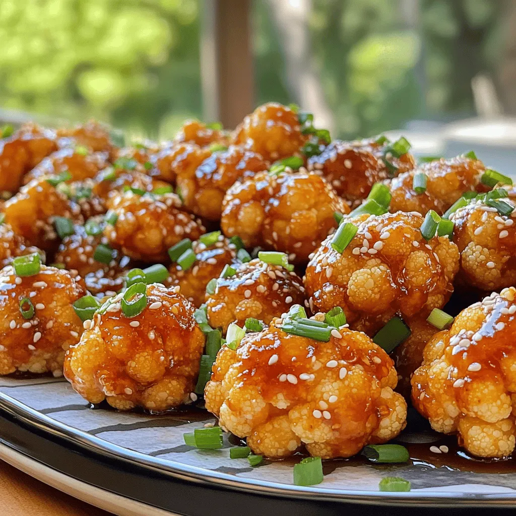 - 1 large head of cauliflower, chopped into bite-sized florets - 2 cloves garlic, finely minced - 1 teaspoon fresh ginger, grated - 1 cup all-purpose flour - 1 teaspoon garlic powder - 1 teaspoon smoked paprika - ½ teaspoon cayenne pepper (adjust for spice preference) - 1 cup water (or vegetable broth) - ½ cup honey - 3 tablespoons soy sauce (or tamari) - 2 tablespoons apple cider vinegar - 1 tablespoon sesame seeds - Chopped green onions When I cook these spicy honey garlic cauliflower bites, I focus on fresh, simple ingredients. The star of the dish is the cauliflower. Make sure you choose a large head with firm florets. The garlic and ginger add a punch of flavor that makes each bite exciting. For the dry ingredients, I like a mix of flour, garlic powder, smoked paprika, and cayenne pepper. This blend creates a crispy coating. You can adjust the cayenne pepper based on your spice level. The liquid ingredients bring all the flavors together. Honey gives sweetness, while soy sauce adds umami. Apple cider vinegar adds tanginess that balances the dish. Finally, garnishing with sesame seeds and green onions makes your bites look beautiful. These ingredients not only taste great but also make your dish appealing. You can find the Full Recipe for more details. - Preheat the oven to 425°F (220°C). - Line a baking sheet with parchment paper. - In a large bowl, mix the flour, garlic powder, smoked paprika, and cayenne pepper. - Gradually add water or broth while stirring. - Keep stirring until a smooth, thick batter forms. - Take each cauliflower floret and coat it in the batter. - Place them in a single layer on the baking sheet. - Bake for 25-30 minutes, flipping halfway for even crisping. - In a saucepan, combine honey, soy sauce, vinegar, garlic, and ginger. - Simmer the mixture for about 5 minutes to thicken. - Toss the baked cauliflower in the sauce to coat well. - Return the coated florets to the oven for an extra 5-7 minutes to caramelize. To get your cauliflower bites nice and crispy, follow these tips: - Make sure the batter is thick enough. This helps the coating stick well. - Flip the cauliflower bites halfway through baking. This ensures even crisping on both sides. Want to amp up the flavor? Here’s how: - Add more cayenne pepper if you like extra heat. This gives the bites a nice kick. - Try different types of vinegar, like rice vinegar or balsamic, for a unique taste. Serving your bites well makes them more appealing: - Use a bright platter to show off the cauliflower. It makes the dish pop! - Offer toothpicks for easy serving, especially at parties. It makes snacking a breeze. {{image_4}} You can make this dish vegan. Just swap the honey for agave syrup. This change keeps the sweet taste while making it plant-based. Agave syrup is a great choice. It adds the same sweetness without any animal products. Feel free to get creative with spices. You can try adding curry powder or chili flakes. Both spices give a unique twist to the bites. If you want a richer taste, add sesame oil. This oil brings a warm aroma and depth to the dish. These cauliflower bites shine when served with sauces. Consider pairing them with ranch or sriracha. Both sauces add a nice kick and complement the sweet and spicy flavors. This makes them perfect for parties or as a snack! Store any leftovers in an airtight container in the fridge. You can keep them fresh for up to three days. This helps maintain their flavor and texture, so they remain tasty. To enjoy your spicy honey garlic cauliflower bites again, reheat them in the oven. This method keeps them crispy. Avoid the microwave, as it can make them soggy and less enjoyable. If you want to prepare ahead, freeze uncooked batter-coated cauliflower. You can store it for up to two months. Just make sure to place them in a freezer-safe bag or container. When you're ready to cook, simply bake them directly without thawing for a quick meal. Yes, but it may alter the texture slightly. Frozen cauliflower can be softer. If you prefer a crunchier bite, fresh is best. Increase the amount of cayenne pepper or add hot sauce to the batter or sauce. Adjust to your taste. You can always start with a little and add more. Use gluten-free flour and tamari instead of soy sauce. This way, you keep the great flavor without gluten. These bites pair well with rice, quinoa, or as an appetizer at parties. They are great for sharing. You can also serve them with your favorite dipping sauce. For detailed instructions, refer to the Full Recipe: Spicy Honey Garlic Cauliflower Bites. It has everything you need to make this tasty dish. You now know how to make Spicy Honey Garlic Cauliflower Bites. We covered fresh and dry ingredients, plus step-by-step baking and sauce-making tips. I shared ways to achieve perfect crispiness and offered tasty variations. Remember, you can tailor flavors to your taste or keep it simple. Enjoy leftovers with ease or freeze extras for later. This recipe is sure to impress at any gathering. Try it out and elevate your snack game!