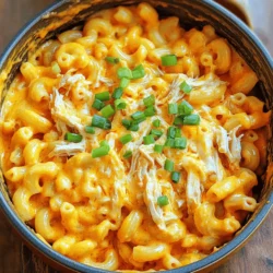 - 2 cups elbow macaroni - 1 pound cooked chicken, shredded - 3 cups chicken broth - 1 cup buffalo sauce - 1 cup sharp cheddar cheese, shredded - 1 cup mozzarella cheese, shredded - Chopped green onions for garnish - Olive oil - Milk - Garlic powder - Onion powder - Salt and pepper To make One Pot Buffalo Chicken Mac and Cheese, you need some tasty ingredients. The main part is the elbow macaroni, which gives a nice bite. You also need cooked chicken, which adds protein and flavor. Chicken broth keeps everything moist and adds depth. The buffalo sauce gives it that spicy kick. Cheese is key in this dish. Sharp cheddar and mozzarella melt beautifully. They create a creamy texture that hugs the pasta. You can add some optional ingredients too. Chopped green onions make a lovely garnish on top. Olive oil helps to sauté the chicken, while milk gives the sauce a smoother finish. Garlic powder and onion powder boost the flavor. Salt and pepper round it all out. For the complete recipe, check the Full Recipe. You'll love how easy it is to put together! - Heat 1 tablespoon of olive oil in a large pot over medium heat. - Add 1 pound of shredded chicken. Sauté it for 2-3 minutes. This warms the chicken and blends its flavor with the oil. - Pour in 1 cup of buffalo sauce, along with 1 teaspoon of garlic powder and 1 teaspoon of onion powder. Stir well to coat the chicken evenly. - Next, add 3 cups of chicken broth and bring the mixture to a boil. Stir it often to prevent sticking. - Once boiling, stir in 2 cups of elbow macaroni. Reduce heat to medium-low and cover the pot. Let it simmer for 8-10 minutes. Stir occasionally until the pasta is al dente. - After the pasta cooks, add 1 cup of milk to the pot. - Gradually stir in 1 cup of sharp cheddar cheese and 1 cup of mozzarella cheese. Keep stirring until both cheeses melt and create a creamy sauce. - Taste the mixture and season it with salt and pepper as needed. Adjust to balance the spice from the buffalo sauce. - Remove the pot from heat and let it sit for a few minutes. This thickens the dish before serving. - Serve your buffalo chicken mac and cheese hot. You can garnish it with chopped green onions if you'd like a bit of crunch. For a complete guide on ingredients and cooking, check the Full Recipe. To ensure your pasta is al dente, cook it for the right time. Check the package for the cooking time. For elbow macaroni, it's usually around 8-10 minutes. Stir often, so it cooks evenly. Taste a piece a minute before the time is up. If it’s firm but tender, you’re set! Avoiding clumps in your cheese sauce is key for a smooth dish. Gradually add the cheese while stirring. This helps it melt evenly. If it seems too thick, add a splash of milk. Keep stirring until it’s creamy. Adjusting the spice level with buffalo sauce is easy. If you like it hot, use more sauce. For a milder taste, add less. You can also mix in other flavors, like ranch dressing, for a twist. Adding different cheeses can create a richer flavor. Try mixing in gouda or pepper jack with the cheddar and mozzarella. Each cheese brings its unique taste and creaminess, making your dish even better. Check out the Full Recipe for more ideas on flavor combinations! {{image_4}} You can mix it up with add-ins. Adding vegetables boosts flavor and nutrition. I love using bell peppers for crunch and color. They give a sweet taste that pairs well with the buffalo sauce. Broccoli is another great option. It adds texture and is packed with vitamins. Just chop it small and toss it in the pot with the pasta. If you want to switch up the protein, consider using rotisserie chicken. It saves time and adds a nice, smoky flavor. You can also use turkey if you prefer. It works just as well and is a leaner choice. Simply shred it and add it with the chicken. For those with dietary needs, there are great options. You can find gluten-free pasta in many stores. It cooks just like regular pasta and tastes great in this dish. Look for brands made from brown rice or chickpeas for extra flavor. If you need a dairy-free option, try using dairy-free cheese. Many brands offer delicious cheese substitutes that melt well. You can also use almond milk or oat milk instead of regular milk. Just make sure to check the labels for any added sugars or flavors. These swaps keep the dish tasty while meeting your needs. To store your buffalo chicken mac and cheese, let it cool first. Place leftovers in an airtight container. This helps keep the dish fresh. Your mac and cheese will last in the fridge for about 3 to 4 days. Label the container with the date. This way, you can track how long it has been stored. When you're ready to enjoy your leftovers, reheat them for the best taste. You can use a microwave or a stovetop. If using a microwave, place the mac and cheese in a bowl. Add a splash of milk to keep it creamy. Heat it in short bursts, stirring in between. If you prefer the stovetop, use a pan. Add a little milk and warm over low heat. Stir until it is hot and smooth again. Enjoy that delightful flavor just like the first time! For the full recipe, check out the detailed steps above. Can I make One Pot Buffalo Chicken Mac and Cheese in advance? Yes, you can make this dish ahead of time. Just follow the recipe and let it cool. Store it in an airtight container. You can keep it in the fridge for about three days. When ready to eat, reheat it on the stove or in the microwave. Add a splash of milk if it seems dry. What can I substitute for chicken? If you want a different protein, try shredded turkey or even tofu. You can also use cooked sausage or beef. Each option brings a unique flavor. Adjust the cooking time based on what you choose. How can I make it spicier or milder? To make it spicier, add more buffalo sauce or some cayenne pepper. For a milder dish, use less buffalo sauce and add more cheese. You can also mix in some cream cheese for extra richness without heat. Calories and portion size This dish has around 600 calories per serving. One serving is about one cup. Keep this in mind if you are watching your calorie intake. Key nutrients present in the dish This meal provides protein from the chicken and calcium from the cheese. It also offers carbohydrates from the macaroni. You’ll find vitamins in the buffalo sauce and any veggies you add. This makes it a balanced meal! For the Full Recipe, refer to the earlier sections of this article. This blog post covers a tasty recipe for One Pot Buffalo Chicken Mac and Cheese. We shared main and optional ingredients, plus step-by-step instructions to guide your cooking. You learned helpful tips and variations to customize this dish. In closing, this meal is fun and easy to make. Don't be afraid to experiment with flavors and ingredients. Your kitchen can be full of delicious possibilities. Enjoy making this dish for yourself and your loved ones!