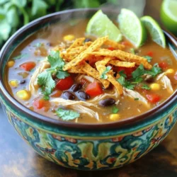 This Instant Pot Chicken Tortilla Soup is packed with flavor and easy to make. You need simple ingredients that come together quickly. In just about 45 minutes, you can enjoy a warm bowl of this tasty soup. It's perfect for busy weeknights or a cozy gathering with friends. - 1 lb boneless, skinless chicken breasts - 1 medium onion, diced - 2 garlic cloves, finely minced - 1 red bell pepper, chopped - 1 can (14 oz) diced tomatoes with green chilies - 4 cups chicken broth - 1 can (15 oz) black beans, thoroughly drained and rinsed - 1 cup frozen sweet corn - 1 tablespoon ground cumin - 1 tablespoon chili powder - 1 teaspoon smoked paprika - Salt and freshly ground black pepper, to taste - 1 fresh lime, juiced - Fresh cilantro, coarsely chopped (for garnish) - Crispy tortilla strips (for topping) You can swap chicken for turkey or use beans for a vegetarian twist. If you don’t have black beans, pinto beans work well too. You can also use fresh corn in place of frozen. For a spicy kick, add jalapeños or hot sauce. If you lack smoked paprika, regular paprika will do. Adjust these ingredients based on what you have at home. This way, you can make the soup your own. This recipe gives you room to explore while keeping the essence of the dish alive. Try it out and see what new flavors you can create! For the complete recipe, check out [Full Recipe]. To start, prepare your chicken. Season 1 pound of boneless, skinless chicken breasts. Use salt, pepper, and half of the cumin and chili powder. Make sure the chicken is well-coated. Next, chop your veggies. Dice 1 medium onion, mince 2 garlic cloves, and chop 1 red bell pepper. These will add great flavor. Now, set your Instant Pot to sauté. Add a splash of olive oil. Once it heats, add the onion, garlic, and bell pepper. Sauté for about 3 to 4 minutes. You want them tender and fragrant. After that, place the seasoned chicken breasts into the pot. Pour in 1 can of diced tomatoes with green chilies. Add 4 cups of chicken broth, 1 can of drained black beans, and 1 cup of frozen corn. Sprinkle in the remaining cumin, chili powder, and 1 teaspoon of smoked paprika. Stir gently to mix everything. Secure the lid on your Instant Pot. Make sure the pressure valve is sealed. Cook on high pressure for 15 minutes. This will let all the flavors meld beautifully. When the cooking time ends, let the pot sit for 5 minutes for a natural pressure release. After that, switch to a quick release for any remaining steam. Carefully open the lid. Now, remove the chicken. Shred it into bite-sized pieces with two forks. Return the shredded chicken to the pot and stir well. Add the juice of 1 fresh lime to the soup. This brightens the flavor. Taste your soup and adjust the seasoning with more salt or pepper if you need to. Ladle the warm soup into bowls. Top with crispy tortilla strips and chopped cilantro for extra color and flavor. Enjoy your soup! For the full recipe, check the section above. To make your Instant Pot chicken tortilla soup just right, follow these tips: - Use Fresh Ingredients: Fresh veggies add more flavor. Use ripe tomatoes and a firm onion. - Don't Skip the Sauté: Sautéing the onion and garlic first enhances the soup's taste. - Season Well: Give the chicken a good rub with salt and spices before cooking. - Cook Time Matters: Stick to 15 minutes under pressure. Overcooking can make the chicken tough. - Release Pressure Carefully: Always allow for a natural release first. This keeps the soup from splattering. When serving your soup, make it special with these ideas: - Garnish Creatively: Top each bowl with crispy tortilla strips and fresh cilantro. - Add Lime: A squeeze of fresh lime brightens the flavor. - Pair with Sides: Serve with warm tortillas or avocado slices for a complete meal. - Vibrant Bowls: Use colorful bowls to make your dish pop. To make your soup even tastier, try these simple tweaks: - Spice It Up: Add more chili powder or fresh jalapeños for heat. - Herbs and Spices: Experiment with fresh herbs like oregano or thyme for depth. - Creamy Touch: Stir in a dollop of sour cream or Greek yogurt before serving. - Cheesy Goodness: Top with shredded cheese like cheddar or queso fresco for richness. Feel free to explore and adjust these tips to fit your taste. Each change can lead to a new favorite flavor! For the full recipe, check the [Full Recipe]. {{image_4}} You can make this soup vegetarian by swapping chicken for veggies or beans. Use 1 can of chickpeas or lentils instead. This adds protein while keeping it hearty. You can also use vegetable broth instead of chicken broth. Add more vegetables like zucchini, carrots, or spinach. This keeps the soup fresh and colorful. Feel free to add extra ingredients for more flavor. Try adding avocado for creaminess or jalapeños for heat. A handful of fresh spinach or kale can boost the nutrients. You can also use fresh herbs like oregano or thyme. These herbs add depth and aroma to the soup. If you don’t have an Instant Pot, no worries! You can make this soup on the stove. Start by sautéing the veggies in a pot. Then add the broth, chicken, and other ingredients. Let it simmer for about 30-40 minutes until the chicken is cooked through. Shred the chicken and enjoy. Slow cookers work well too! Cook on low for 6-8 hours or high for 3-4 hours. The flavors will deepen as it cooks. For the full recipe, check out the [Full Recipe]. After enjoying your Instant Pot Chicken Tortilla Soup, let it cool. Transfer any leftovers to an airtight container. Make sure to cover it tightly. You can store it in the fridge. It will stay fresh for about 3 to 4 days. If you want to keep it longer, consider freezing it. To freeze your soup, follow these steps. First, let it cool completely. Then, pour it into a freezer-safe container. Leave some space at the top. This allows for expansion when it freezes. Seal the container tightly to prevent freezer burn. The soup can last up to 3 months in the freezer. When you're ready to eat, just thaw it in the fridge overnight. Reheating your soup is simple. You can use the stove or microwave. If using the stove, pour the soup into a pot. Heat it over medium heat until warm, stirring occasionally. For the microwave, place the soup in a bowl. Cover it loosely and heat it in short bursts. Stir in between to avoid hot spots. Make sure to check the temperature before serving. Enjoy it warm with your favorite toppings! For the complete recipe, check the Full Recipe. Yes, you can use frozen chicken in this recipe. Just keep in mind that frozen chicken will take longer to cook. You can add about 5 to 10 extra minutes to the pressure cooking time. This way, the chicken will cook evenly and remain juicy. To cook safely, make sure the chicken reaches an internal temperature of 165°F. If you want more heat in your soup, there are a few easy ways to spice it up. You can add more chili powder or cumin. For an extra kick, toss in some diced jalapeños or a splash of hot sauce. You can also use spicy diced tomatoes instead of regular ones. Experiment with your favorite spices to find your perfect heat level. Toppings can really enhance your tortilla soup. Here are some great options: - Crumbled queso fresco or shredded cheese - Sliced avocado for creaminess - Fresh lime wedges for a zesty boost - Chopped green onions for a fresh crunch - Sour cream or Greek yogurt for richness - Extra crispy tortilla strips for texture Feel free to mix and match these toppings to create your own unique dish. For the Full Recipe, refer to the earlier section. Enjoy your soup! This guide covers everything you need for Chicken Tortilla Soup. We examined the ingredients, offered steps to cook it in an Instant Pot, and shared tips for great flavors. I also discussed variations for different diets and gave storage info to keep leftovers fresh. Now, you can make this soup your own. Enjoy the cooking process! Transform your meal with your unique spin and share it with others. Happy cooking!