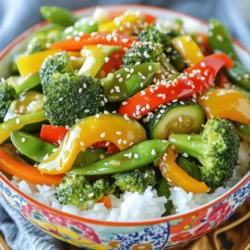 For a tasty and quick veggie stir fry, gather these ingredients: - 1 cup broccoli florets - 1 red bell pepper, thinly sliced - 1 yellow bell pepper, thinly sliced - 1 cup fresh snap peas - 1 medium carrot, julienned - 1 zucchini, sliced into half-moons - 2 tablespoons soy sauce (or tamari for gluten-free) - 1 tablespoon sesame oil - 2 cloves garlic, minced - 1 teaspoon fresh ginger, grated - 1 tablespoon sesame seeds (for garnish) - Salt and pepper to taste These ingredients give your stir fry vibrant colors and delicious flavors. Fresh veggies not only taste better but also pack more nutrients. Don't shy away from mixing in your favorite vegetables; this dish is versatile! You can find the Full Recipe for more details on how to prepare this delightful meal. Remember, having everything chopped and ready before you start cooking makes the process smooth and fun! - Wash and prep the vegetables. - Cut broccoli into small florets. - Thinly slice red and yellow bell peppers. - Julienne the carrot into matchstick pieces. - Slice the zucchini into half-moons. Start by rinsing each vegetable under cold water. This removes dirt and pesticides. Next, cut the broccoli into bite-sized pieces. This helps them cook evenly. Slice the bell peppers thinly to make them tender quickly. Julienne the carrot for a nice crunch. Finally, slice the zucchini into half-moons to ensure they cook at the same rate as the other veggies. - Heat sesame oil in a wok or skillet. - Sauté garlic and ginger. - Add and stir-fry the vegetables in stages. Heat your wok or skillet over medium-high heat. Add the sesame oil and let it shimmer. This shows it is hot enough. Next, add minced garlic and grated ginger. Sauté them for about 30 seconds. This step releases their wonderful flavor. Now, add the broccoli and bell peppers first. Stir-fry them for 3-4 minutes. They should stay bright and slightly crunchy. After that, add the carrot, zucchini, and snap peas. Continue to stir-fry for another 2-3 minutes. You want everything to be tender but vibrant. - Season with soy sauce. - Serve and garnish with sesame seeds. Once your veggies look perfect, drizzle soy sauce over them. Stir everything for another minute to blend the flavors. Taste and adjust with salt and pepper as needed. Finally, turn off the heat. Transfer the stir fry to a serving bowl and garnish with sesame seeds. This adds a nice crunch and a touch of elegance. Enjoy your vibrant veggie stir fry! For the full recipe, check the earlier section. For the best stir fry, keep your veggies crisp. Cook broccoli, peppers, and carrots for 3-4 minutes. Snap peas and zucchini need just 2-3 more minutes. Fresh ingredients matter too. Use colorful, firm veggies for a great taste. Want to spice it up? Try adding chili flakes for heat or a splash of lime juice for zest. Marinades can boost flavor, too. A mix of soy sauce and sesame oil adds depth to your dish. Serve your stir fry over rice or quinoa for a complete meal. Use colorful bowls to make the dish pop. A sprinkle of sesame seeds on top adds a nice crunch and makes it look even better. For the full recipe, check out the vibrant veggie stir fry section! {{image_4}} You can easily switch out vegetables based on the season. Try using asparagus in spring or squash in fall. Seasonal veggies not only taste better, but they also support local farms. For added protein, consider using tofu or tempeh. These options soak up flavors well and make the dish heartier. To give your stir fry a new twist, try different sauces. Teriyaki and hoisin add a sweet and savory touch. You can also experiment with other sauces like sweet chili or garlic sauce. If you want to change how you cook, think about grilling or roasting the veggies. This method adds a smoky flavor that’s simply delicious. Making your stir fry gluten-free is easy. Just swap regular soy sauce for tamari, which has no gluten. If you're looking for vegan options, all the ingredients in this dish are plant-based. Just ensure that any sauces you use are also vegan-friendly. This way, everyone at your table can enjoy a tasty meal. To keep your Easy Veggie Stir Fry fresh, refrigerate leftovers in an airtight container. This helps maintain flavor and texture. You can store it for up to three days. After that, the veggies may lose their crunch and taste. When reheating, I recommend using a skillet or wok. Heat it on medium-low. This method warms the stir fry without making it soggy. Add a splash of water or broth to restore moisture. Stir frequently for even heating. If you want more flavor, drizzle a bit of soy sauce while reheating. Yes, you can freeze the stir fry! To freeze, let it cool completely. Transfer it to a freezer-safe bag or container. Squeeze out any air to prevent freezer burn. It can last up to three months in the freezer. When ready to eat, thaw it overnight in the fridge. Reheat in a skillet over medium heat for best results. Cooking Easy Veggie Stir Fry is quick. It takes about 10 minutes to prep and 5 minutes to cook. In total, you need about 15 minutes. This quick time makes it a perfect meal for busy days. You can enjoy a fresh and healthy dish in no time. Yes, you can prepare Easy Veggie Stir Fry ahead of time. Chop your vegetables and store them in an airtight container in the fridge. You can do this the night before or even a few days in advance. Cook the stir fry when you're ready to eat. This method saves time and keeps your veggies fresh. For the best stir fry, use fresh, colorful veggies. Here are my top picks: - Broccoli florets for crunch - Bell peppers for sweetness - Carrots for color - Snap peas for a crisp bite - Zucchini for tenderness These vegetables offer great flavor and texture. Feel free to mix in others that you enjoy! Yes, you can use frozen vegetables for stir fry. They are convenient and often pre-washed and chopped. However, frozen veggies can be softer than fresh. To use frozen veggies, thaw them and pat them dry before cooking. This helps keep your stir fry from getting watery. Soy sauce is a classic choice for stir fry. It adds a rich, savory flavor. You can also try these options: - Teriyaki sauce for sweetness - Hoisin sauce for a unique twist - Oyster sauce for depth Feel free to mix sauces to find your favorite flavor! To make Easy Veggie Stir Fry gluten-free, use tamari instead of soy sauce. Tamari has a similar taste but is made without wheat. Always check labels for gluten-free options. Most fresh veggies and spices are naturally gluten-free, making it easy to enjoy this dish! For the full recipe, check out the vibrant veggie stir fry section above. Enjoy your cooking! In this blog post, I shared a simple recipe for Easy Veggie Stir Fry. We outlined fresh ingredients, provided step-by-step cooking instructions, and offered tips for flavor and presentation. You can swap veggies, adjust for dietary needs, and even freeze leftovers. This dish is quick, healthy, and adaptable to your taste. Enjoy experimenting in the kitchen while keeping it fun and fresh. Happy cooking!