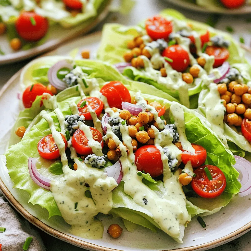 - 1 large head of iceberg lettuce - 1 cup cherry tomatoes, halved - ½ cup red onion, thinly sliced The main stars of the classic wedge salad are fresh and crisp. Iceberg lettuce gives a great crunch. Cherry tomatoes add a sweet burst. Red onion brings a sharp flavor that contrasts nicely. Together, they make a perfect base for this dish. - ½ cup sour cream - ¼ cup mayonnaise - 2 tablespoons fresh lemon juice This dressing is creamy and tangy. Sour cream gives richness, while mayonnaise adds smoothness. Fresh lemon juice brightens the flavor. Mix these well to create a dressing that coats the salad perfectly. You can taste it as you mix to find your ideal balance. - 1 cup crispy chickpeas (cooked and roasted) - ½ cup blue cheese, crumbled - Fresh chives, finely chopped The toppings are key for texture and flavor. Crispy chickpeas add crunch and protein. Blue cheese gives a salty richness that is hard to beat. Fresh chives add a mild onion flavor and color. These components make your wedge salad look and taste gourmet. For the full recipe, check out the details to create this delightful dish. - Start by slicing the iceberg lettuce into four wedges. - Rinse each wedge gently under cold water. - Pat dry each wedge with paper towels to keep them crisp. The key to a great wedge salad is the freshness of the lettuce. Iceberg lettuce gives a nice crunch that complements the creamy dressing. - In a mixing bowl, combine sour cream, mayonnaise, lemon juice, and garlic. - Whisk the mixture until it is smooth and creamy. This dressing brings a rich flavor to the salad. You can adjust the taste by adding more lemon juice or salt as needed. - Arrange the wedges on serving plates, standing them upright. - Drizzle the creamy dressing over each wedge. Make sure the dressing dribbles down the sides for a beautiful look. - Top the dressed wedges with halved cherry tomatoes and thinly sliced red onion. - Sprinkle crispy chickpeas over the wedges for crunch. - Finish with crumbled blue cheese and chopped chives for a fresh touch. The colorful toppings make the salad not just tasty, but also a feast for the eyes. For the full recipe, check out the details above. To keep your iceberg lettuce crisp, start with a fresh head. Rinse the head gently under cold water. This removes dirt while keeping it intact. After rinsing, dry each wedge carefully with paper towels. This step is key. Any moisture can make the lettuce soggy. For crispy chickpeas, drain and rinse canned chickpeas. Spread them on a towel to dry. Toss them with olive oil, salt, and your favorite spices. Roast them in your oven until they turn golden brown. This gives them that perfect crunch. You can customize the dressing to fit your taste. For a zesty kick, add more lemon juice or some hot sauce. Want a creamier texture? Increase the sour cream or mayo. Always taste as you go. This helps you find the perfect balance of flavors. Balancing acidity and creaminess is key. If your dressing is too tangy, add more sour cream. If it’s too creamy, a splash of lemon juice can help. Adjust until it sings in your mouth. When serving, arrange the wedges on individual plates. This makes each serving special. Drizzle the dressing artfully over the wedges. Let it dribble down the sides for a stunning look. For garnishes, consider adding fresh herbs or additional veggies. Chopped chives or parsley add color and flavor. You can also place a lemon wedge on the side for a bright touch. Each detail enhances the overall appeal of your salad. For the full recipe, click here to make your own version of this classic dish! {{image_4}} To make a lighter dressing, swap sour cream for Greek yogurt. This change keeps the creaminess but cuts calories. You can also reduce the mayonnaise by half. For a fresh twist, add a splash of vinegar or a dash of mustard. If blue cheese isn't your favorite, you can try feta or goat cheese. Both add a creamy texture and unique flavor. You can also use nutritional yeast for a cheesy taste without the dairy. For extra crunch, add crispy bacon bits or creamy avocado slices. Both of these toppings add great flavor and texture. Seasonal vegetables like radishes or cucumbers can brighten the salad. Fresh herbs like parsley or dill also enhance the taste. To make your salad unique, try adding fresh herbs like basil or cilantro. A sprinkle of smoked paprika can give a smoky flavor. You might also consider tossing in some chili flakes for heat. Explore dressings beyond the classic version. A balsamic vinaigrette or a citrus dressing can add a bright note. You can also try a tahini-based dressing for a nutty twist. For the full recipe, check out the Crisp & Creamy Wedge Salad section. To keep your wedge salad fresh, store salad and dressing separately. This way, the lettuce stays crisp, and the dressing does not make it soggy. Use airtight containers for both. A glass container works well for the salad. A small bowl with a lid is great for the dressing. The salad components can last about three days in the fridge. However, the lettuce may start to wilt after two days. If you see brown spots or slimy leaves, it’s time to toss it. The crispy chickpeas stay crunchy for two to three days, while the dressing lasts up to a week. Wedge salad is best enjoyed cold. It retains its crunch and fresh taste. If you want to reheat any toppings, like crispy chickpeas, do it in the oven. Heat them at 350°F for about five minutes. This keeps them from getting soggy. Enjoy the salad as it is for the best experience. For the full recipe, check out the details above. A wedge salad stays fresh for about 1 to 2 days in the fridge. The main factors that affect freshness include the type of lettuce used and the added toppings. Iceberg lettuce, the star of this dish, holds up well for a few days. However, once you add toppings and dressing, the shelf life shortens. Toppings like tomatoes and crispy chickpeas can make the salad soggy. To keep it fresh, store the dressing and toppings separately. This way, you can enjoy crisp lettuce and crunchy toppings whenever you want. Yes, you can use other types of lettuce. While iceberg is classic, romaine and butter lettuce are great alternatives. Romaine offers a nice crunch, while butter lettuce adds a soft texture. If you want a mix of flavors, try adding kale or arugula. Each type gives a different taste and feel. Just keep in mind that different lettuces have varying shelf lives. So, pick what works best for your meal plan. The wedge salad has roots in American cuisine. It became popular in the 1960s in upscale restaurants. The dish showcases simple ingredients in a fun way. People love the way the big lettuce wedge stands on its own. It is both a salad and a showpiece! This dish often appears in steakhouses, making it a classic choice for any hearty meal. The wedge salad represents a time when fresh ingredients took center stage in dining. The wedge salad combines fresh ingredients like crisp iceberg lettuce, cherry tomatoes, and creamy dressing. You learned how to prepare the salad step by step, from cutting the lettuce to making a silky dressing. I shared tips to keep everything fresh and offered tasty variations. This salad is not just a side dish; it adds fun to any meal. I hope you try making it and enjoy your delicious creation!