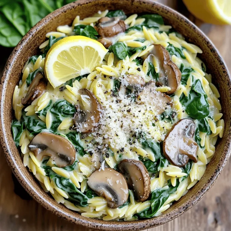 - Orzo pasta and vegetables - 1 cup orzo pasta - 2 cups fresh spinach, chopped - 1 cup mushrooms, sliced (cremini or button mushrooms work beautifully) - 1 small onion, finely chopped - 2 cloves garlic, minced - Creamy elements and seasonings - 1 cup vegetable broth - 1 cup heavy cream or coconut cream (for a dairy-free alternative) - ½ cup grated Parmesan cheese (optional but recommended) - 2 tablespoons olive oil - Salt and pepper, to taste - 1 teaspoon dried thyme or Italian seasoning - 1 tablespoon lemon juice - Optional toppings and garnishes - Extra grated Parmesan for topping - Fresh black pepper - Lemon wedges for garnish - Fresh spinach leaves to brighten the dish This creamy spinach mushroom orzo brings a lot of joy to dinner. You get a mix of flavors and textures in every bite. You can use fresh or frozen spinach, but I love the taste of fresh. The mushrooms add a nice earthiness that works well with the cream. The lemon juice brightens the dish, making it taste fresh. The orzo pasta is the star here. It cooks quickly and absorbs all the flavors. Make sure to cook it al dente. This keeps the orzo firm and adds a nice bite to your meal. The heavy cream makes it rich and creamy. If you're looking for a lighter option, coconut cream is a fantastic choice. You can adjust the seasoning to fit your taste. Don’t forget the Parmesan cheese! It adds a lovely salty note that rounds out the dish. This recipe is perfect for a cozy night in or a gathering with friends. If you want to see the full process, check out the Full Recipe. Start by bringing a large pot of salted water to a rolling boil. Once you see bubbles, add 1 cup of orzo pasta. Cook it according to the package instructions until it reaches an al dente texture. This means it should be firm but not hard. After cooking, drain the orzo and set it aside to prevent it from getting sticky. Next, in the same pot, heat 2 tablespoons of olive oil over medium heat. Add 1 small chopped onion and cook until it turns translucent, about 3 to 4 minutes. Then, toss in 2 cloves of minced garlic and 1 cup of sliced mushrooms. Cook this mix for 5 to 6 minutes, stirring often. You want the mushrooms to brown nicely and become tender. This step builds a rich flavor base for your dish. Now it's time to add 2 cups of chopped spinach to the pot. Stir it in and let it wilt for about 2 minutes. Then, pour in 1 cup of vegetable broth and 1 cup of heavy cream or coconut cream. Stir everything together gently. Wait for the mixture to come to a gentle simmer. This is where the magic happens, making it creamy and flavorful. Once you see bubbling, return the cooked orzo to the pot. Mix in ½ cup of grated Parmesan cheese, if you want that extra cheesy goodness. Add 1 teaspoon of dried thyme or Italian seasoning, and squeeze in 1 tablespoon of lemon juice. Season generously with salt and pepper. Cook everything together for another 2 to 3 minutes. Stir frequently until the dish is hot and creamy. Taste and adjust the seasoning if needed, then serve your creamy spinach mushroom orzo hot. For the full recipe, check out the details above. To get the best texture in your creamy spinach mushroom orzo, sauté your onions and garlic until they are soft. This brings out their sweet flavor. Use medium heat to avoid burning. When you add the mushrooms, cook them until they turn golden brown. This step adds depth to the dish. Balancing creaminess with acidity is key. Fresh lemon juice adds a bright note. It cuts through the richness of the cream. If you want a lighter touch, you can use coconut cream. It adds a hint of sweetness that pairs well with the savory ingredients. For a beautiful presentation, serve the creamy orzo in individual bowls. Top each bowl with extra Parmesan cheese. A sprinkle of fresh black pepper enhances the look and taste. Add a lemon wedge for a splash of color and a fresh kick. A few fresh spinach leaves on top make it pop. Pair this dish with a simple green salad. The crisp greens contrast nicely with the creamy orzo. Grilled chicken or shrimp also works great alongside. Their flavors blend well without overpowering the main dish. Feel free to explore these ideas to make your meal even more special. For the full recipe, check out the details above. {{image_4}} You can easily adapt this creamy spinach mushroom orzo to fit different diets. For a vegan version, simply swap heavy cream for coconut cream. It adds a rich texture and taste. Use nutritional yeast instead of Parmesan for a cheesy flavor without dairy. If you need a gluten-free option, look for gluten-free orzo. Many brands offer this today. Just check the label to ensure it meets your needs. You can also use rice or quinoa as substitutes. These grains take on the creamy sauce well. Let’s kick up the flavor! You can add fresh herbs like basil, parsley, or dill. They bring a bright taste to the dish. A pinch of red pepper flakes adds heat if you like spice. Don’t hesitate to play with vegetables, too. Add bell peppers, zucchini, or sun-dried tomatoes for new textures and flavors. You can even toss in some frozen peas or corn for a sweet touch. These variations keep the dish exciting and fresh every time you make it. For the full recipe, check out the details above. To keep your creamy spinach mushroom orzo fresh, use airtight containers. Glass or BPA-free plastic containers work best. Make sure to cool the dish before sealing it. This helps prevent condensation that can make the orzo soggy. Store it in the fridge for up to three days. If you want to keep it longer, consider freezing it. However, be aware that freezing may change the texture. When you’re ready to enjoy your leftovers, reheat them gently. Use a stovetop pan for best results. Add a splash of vegetable broth or water to help with moisture. Heat on low, stirring often to prevent sticking. If you prefer the microwave, use a microwave-safe bowl. Heat in short bursts, about one minute at a time, stirring in between. This way, you avoid hot spots and keep the texture nice. Aim for a temperature of 165°F (74°C) before serving. Enjoy your delicious meal again! For the full recipe, you can refer to the Creamy Spinach Mushroom Orzo Delight. You can easily make this dish gluten-free by using gluten-free orzo. Here are some brands I recommend: - Banza - Tinkyada - DeLallo These brands offer great taste and texture. Always check labels to avoid cross-contamination. Yes, you can prep this dish ahead. Cook the orzo and store it in the fridge. Keep the creamy sauce separate. - Combine both just before serving. - This keeps the orzo from getting mushy. If you want a lighter option, use these alternatives: - Coconut cream for a dairy-free choice. - Greek yogurt for a tangy flavor. - Cashew cream for a nutty twist. These substitutes work well and keep the dish creamy. To scale the recipe, it's simple. Just multiply each ingredient by the number of servings you need. For larger gatherings: - Double the ingredients for eight servings. - Tripling it is great for parties. This way, everyone enjoys this creamy spinach mushroom orzo. For the full recipe, check the section above. This article covered how to make a tasty creamy spinach mushroom orzo dish. We explored the main ingredients, cooking methods, and variations to fit any diet. I shared tips for perfect texture and flavor, plus how to store leftovers. You can create a healthy meal that impresses everyone, so have fun with it. Remember, cooking is all about enjoying the process and sharing great food. Now, go ahead and make this dish your own!