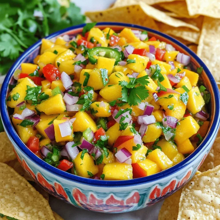 - Ripe mango - Ripe peaches - Red bell pepper - Red onion - Jalapeño - Lime juice - Fresh cilantro - Salt - Honey (optional) Fresh mango and ripe peaches are the stars of this dish. Their sweetness makes the salsa bright and lively. When picking mangoes, look for fruit that gives slightly when pressed. For peaches, choose those with a sweet scent and slight softness. Next, we add red bell pepper and red onion. These add crunch and color. The red onion gives a sharp bite, while the bell pepper stays sweet. Jalapeño brings heat to the salsa. If you like it spicy, add more. If not, use less or skip it. Lime juice adds zest and freshness. It also helps keep the colors vivid. Fresh cilantro adds an herbal note. The salt enhances all the flavors. Honey is optional but can balance the heat from the jalapeño. This salsa is easy to make and perfect for summer. You can enjoy it with tortilla chips, grilled chicken, or fish. For the full recipe, check out the vibrant mango peach salsa section. 1. Start with your ripe mango and peaches. Dice them into small cubes. Aim for size uniformity to ensure even flavor in every bite. 2. Next, grab your red bell pepper and red onion. Chop them finely. These add a nice crunch and color to your salsa. 3. Now, take your jalapeño. Seed it and mince it well. This step is key if you want to control the heat level. 1. In a large mixing bowl, combine the diced mango and peaches with the chopped red bell pepper and onion. Stir gently to mix. 2. Squeeze the juice of one lime over the mixture. This not only adds tang but also keeps the fruit fresh and vibrant. 3. Toss in the chopped cilantro. This herb adds a lovely aroma and enhances the salsa's flavor. 4. If you prefer a touch of sweetness, add a teaspoon of honey. Mix well to combine all the flavors. 5. Season with salt to taste. Make sure to mix gently to avoid mashing the fruit pieces. 1. Let your salsa sit at room temperature for about 15 minutes. This time allows the flavors to meld together, creating a more delicious dish. 2. After resting, your salsa will be ready to serve. Enjoy it with tortilla chips or as a topping for grilled meats. For the full recipe, check the previous section! To make the best mango peach salsa, you need ripe mangoes and peaches. Look for mangoes that feel slightly soft when you press them. The skin should have a nice yellow hue. This shows they are sweet inside. Peaches should also yield to a gentle touch. A fragrant aroma is a good sign of ripeness. When it comes to spice, jalapeño is a great choice. If you want less heat, remove the seeds. This will tone down the spice. For more heat, add more chopped jalapeño. Always taste as you go to find the right balance for you. Serving your salsa in a bright bowl makes it pop. It should catch the eye. Garnish with a sprig of fresh cilantro on top. This adds a nice touch. You can serve this salsa with crispy tortilla chips. It also works well on grilled chicken or fish. Its bright, fruity flavor enhances any meal. For a fun twist, try using it in tacos or on top of a salad. For the full recipe, check out the complete guide above. {{image_4}} You can switch up the fruits in your salsa. Pineapple adds a nice tang. It pairs well with mango and peach. You can also use avocado for a creamy texture. It adds richness and blends nicely with the other flavors. When it comes to herbs, mint is a great choice. Mint brings a fresh taste that brightens the salsa. You can use it instead of cilantro for a different twist. Adding spices can elevate your salsa. Cumin gives a warm, earthy flavor. Just a pinch can change the whole dish. Garlic adds a punch too. Use fresh garlic for the best taste. You can also adjust the acidity with vinegar. A splash of apple cider vinegar can add depth. This brings a nice balance to the sweetness of the fruit. These variations let you customize your salsa. Feel free to explore and find what you love best! For the complete recipe, check out the Full Recipe section. To keep your fresh mango peach salsa tasty, store it in an airtight container. This helps keep air out and preserves its bright flavors. If you don't have a container, wrap the salsa tightly with plastic wrap. Make sure it seals well to prevent any air from sneaking in. In the fridge, your salsa stays fresh for about 3 to 5 days. Check for signs of spoilage before using it. If the salsa gets slimy or changes color, it's time to toss it. A sour smell is another clear sign that your salsa has gone bad. Always trust your senses; they guide you well in the kitchen! Can I use frozen fruit for salsa? Yes, you can use frozen fruit. However, fresh fruit gives the best taste and texture. If you choose frozen, let it thaw and drain excess water. This helps keep your salsa from getting too watery. How spicy is this mango peach salsa? The spice level depends on the jalapeño. You can adjust it by adding less or more. For a milder salsa, remove the seeds and ribs of the jalapeño. For more heat, add extra jalapeño or a hotter pepper. What can I serve this salsa with? This salsa pairs well with many dishes. Serve it with crispy tortilla chips for a snack. You can also use it as a fresh topping on grilled chicken, fish, or tacos. It adds a bright flavor to any meal. Where to buy fresh mango and peaches You can find fresh mangoes and peaches at local farmers' markets or grocery stores. Look for ripe fruit with no bruises or dark spots. Seasonal fruit tastes best, so check what’s fresh in your area. Recommended tools for easy salsa preparation To make salsa prep easier, use a sharp knife for dicing. A cutting board is essential for safety and ease. A mixing bowl helps combine all the ingredients. A zester or juicer can help with lime juice extraction, making it quick and simple. This blog post covered how to make fresh mango peach salsa. We explored key ingredients like ripe mangoes, peaches, and jalapeños. I shared step-by-step instructions to prepare and mix your salsa. Helpful tips showed you how to choose the best produce and garnish your dish. You learned about variations and proper storage. Remember, fresh salsa brings joy to meals. With these easy steps, you can create a tasty dip that impresses everyone. Enjoy your salsa creation!