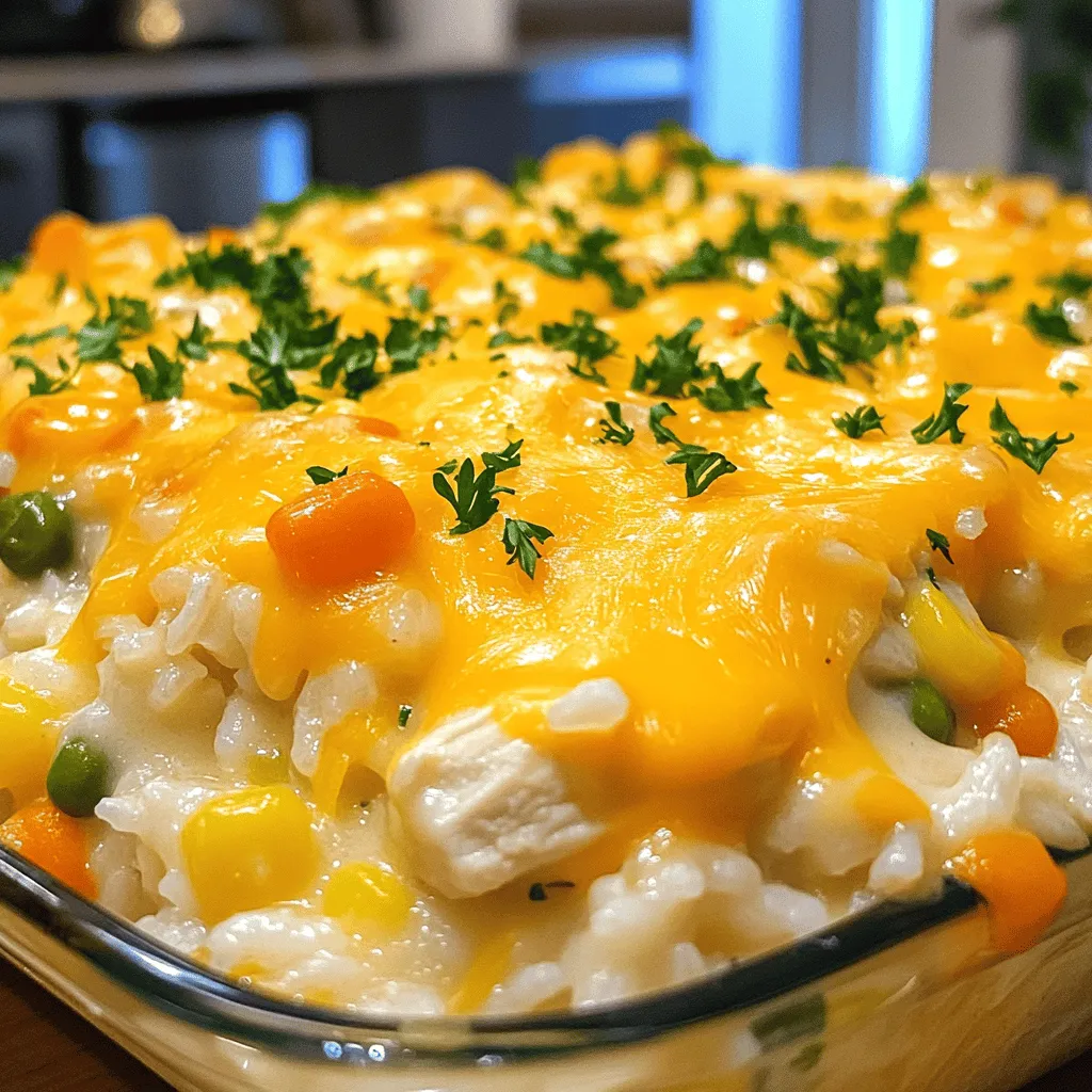 To make this easy chicken and rice casserole, you will need the following: - 2 cups cooked white rice - 1 lb boneless, skinless chicken breasts, diced into bite-sized pieces - 1 can (10.5 oz) cream of mushroom soup - 1 cup shredded sharp cheddar cheese - 1 cup frozen mixed vegetables (peas, carrots, corn blend) - 1/2 cup low-sodium chicken broth - 1 teaspoon garlic powder - 1 teaspoon onion powder - Salt and freshly ground black pepper, to taste - 1 tablespoon extra virgin olive oil - Fresh parsley, finely chopped (for garnish) You can swap some ingredients if you need to. Here are a few ideas: - Use brown rice instead of white rice for a healthier option. - Swap cream of mushroom soup with cream of chicken soup if you prefer. - Change the cheese to mozzarella or pepper jack for a different flavor. - Replace chicken with cooked turkey or tofu for a vegetarian dish. - Use fresh veggies instead of frozen if you have them on hand. Choosing fresh ingredients can make your dish even better. Here are some tips: - For chicken, look for meat that is pink and firm with no bad smell. - Choose rice that is dry and free of any holes or discoloration. - Select fresh vegetables that are bright in color and firm to the touch. - When buying cheese, opt for blocks over pre-shredded for better melting. - Always check the expiration dates on canned goods like soup. With these ingredients and tips, you can create a tasty chicken and rice casserole. For the full recipe, check out the details above. First, gather all your ingredients. You need: - 2 cups cooked white rice - 1 lb boneless, skinless chicken breasts, diced into bite-sized pieces - 1 can (10.5 oz) cream of mushroom soup - 1 cup shredded sharp cheddar cheese - 1 cup frozen mixed vegetables - 1/2 cup low-sodium chicken broth - 1 teaspoon garlic powder - 1 teaspoon onion powder - Salt and pepper, to taste - 1 tablespoon extra virgin olive oil - Fresh parsley for garnish Next, preheat your oven to 350°F (175°C). This step makes sure your casserole cooks evenly. In a large skillet, heat the olive oil over medium heat. Once hot, add the diced chicken. Cook until the chicken is no longer pink, about 5-7 minutes. Season the chicken with garlic powder, onion powder, salt, and pepper. Stir well to coat the chicken evenly. In a large mixing bowl, combine the cooked rice, cream of mushroom soup, cheddar cheese, frozen veggies, and chicken broth. Mix everything well until all ingredients blend together. Now, add the cooked chicken from the skillet into this mixture. Gently stir until the chicken is evenly distributed throughout. Pour the entire mixture into a greased 9x13-inch casserole dish. Spread it out evenly to help it cook uniformly. Cover the dish tightly with aluminum foil. Place it in the preheated oven and bake for 25 minutes. This allows the flavors to meld together. After 25 minutes, carefully remove the foil and bake for another 10-15 minutes. Look for a golden brown and bubbly top. When done, take it out and let it cool for about 5 minutes. Garnish with chopped parsley before serving. Enjoy your Easy Chicken and Rice Casserole, simple and satisfying! To get the best texture in your casserole, use cooked white rice. This rice stays fluffy and absorbs flavors well. If you use raw rice, it may become mushy. Always sauté the chicken until it’s fully cooked. This step keeps the chicken juicy and tender. Mixing in the cheese at the right time melts it perfectly. Add garlic powder and onion powder for depth. These spices boost the savory notes in your dish. A pinch of salt and fresh black pepper brings everything together. You can try adding herbs like thyme or rosemary for an extra kick. For a creamy touch, use cream of mushroom soup, which adds richness and flavor. Prep your ingredients ahead of time. Dice the chicken and chop veggies the night before. This makes cooking faster. Use frozen mixed vegetables to save time on chopping. You can also use leftover chicken or rotisserie chicken for quick use. This way, your casserole comes together in no time, allowing you to enjoy a delicious meal without a lot of fuss. For the complete recipe, check out the [Full Recipe]. {{image_4}} To make a vegetarian version of this casserole, swap the chicken for hearty vegetables. You can use mushrooms, zucchini, and bell peppers. This adds flavor and texture. Use vegetable broth instead of chicken broth. Replace cream of mushroom soup with a homemade or store-bought vegetarian option. You can also add more cheese or use plant-based cheese for a rich taste. If you like heat, add spices to kick up the flavor. Try mixing in some diced jalapeños or crushed red pepper flakes. You can also use spicy sausage instead of chicken for a bold twist. A dash of hot sauce in the mix gives it an extra kick. Just remember to adjust the other seasonings so they balance out the heat. You can easily change the protein in this dish. Use diced turkey or cooked shrimp for a different taste. If you want a plant-based option, chickpeas or lentils work well too. These swaps keep the dish filling and tasty. Just ensure your substitutes are cooked before mixing them in. For added flavor, marinate the proteins ahead of time. These variations make the Easy Chicken and Rice Casserole fun and adaptable. Explore these ideas and enjoy your cooking journey! For the full recipe, check out the Cheesy Chicken Rice Delight . Once you finish your meal, cool the casserole to room temperature. Then, cover it tightly with plastic wrap or aluminum foil. You can also transfer it to an airtight container. This keeps the dish fresh. Store it in the fridge. It will last for 3 to 4 days. If you want to save some for later, freezing works well. Make sure the casserole cools completely first. Then, cut it into portions for easy reheating. Wrap each piece in plastic wrap, then aluminum foil to prevent freezer burn. You can freeze it for up to 3 months. Label your packages with the date. To reheat, simply take out a portion from the fridge or freezer. If it's frozen, let it thaw overnight in the fridge. Preheat your oven to 350°F (175°C). Place the casserole in an oven-safe dish and cover it with foil. Bake for about 20-25 minutes until heated through. You can also use the microwave for faster results. Just heat in short intervals, stirring in between. Enjoy your cheesy chicken rice delight again! For more details, refer to the Full Recipe. Homemade chicken and rice casserole can last about 3-4 days in the fridge. Make sure to store it in an airtight container. If you want to keep it longer, consider freezing it. It will stay good for about 2-3 months in the freezer if wrapped well. Yes, you can make this casserole ahead of time. Prepare the dish up to the baking step, cover it, and store it in the fridge. When ready, simply bake it as directed. This saves time on busy nights. Several side dishes go well with chicken and rice casserole. Here are a few ideas: - A simple green salad with vinaigrette - Steamed broccoli or green beans - Roasted carrots or zucchini - Garlic bread for some crunch Yes, you can make this dish gluten-free. Use gluten-free cream of mushroom soup and check your chicken broth for gluten. These swaps keep the flavors strong without gluten. You can use brown rice, but it requires some changes. Brown rice takes longer to cook, so you might need to pre-cook it for about 20-25 minutes before adding it to the casserole. This helps ensure everything cooks evenly in the oven. For the full recipe, check the instructions above. In this post, we explored the key ingredients for chicken and rice casserole. We covered how to pick fresh items, make substitutions, and follow clear steps to cook it right. Tips and variations made the meal adaptable for everyone. Lastly, we discussed storage and answered common questions. I hope you feel ready to make a delicious casserole packed with flavor. Enjoy your cooking!