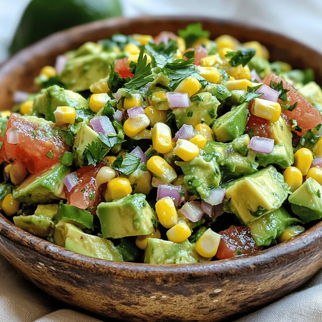 - 2 ripe avocados - 1 cup fresh corn kernels - 1 small red onion - 1 medium tomato - 1 jalapeño pepper (optional) - 1/4 cup fresh cilantro - 2 tablespoons lime juice - Sea salt and black pepper When you gather these ingredients, you set the stage for a tasty dip. Each item plays a key role in creating a fresh and zesty flavor. - Calories per serving: About 150 calories. - Breakdown of macronutrients: - Carbohydrates: 20g - Protein: 3g - Fats: 8g This salsa is not just yummy; it also brings good nutrition. The calories come mainly from the healthy fats in avocados. - Nutritional benefits of avocados: Avocados are rich in heart-healthy fats. They provide fiber and vitamins like E and K. These nutrients support skin health and digestion. - Health benefits of fresh corn: Fresh corn is a great source of fiber, which helps digestion. It also contains vitamins B and C, which boost energy and immunity. Using fresh and ripe ingredients makes this salsa both delicious and healthy. For the full recipe, check [Full Recipe]. - Cooking corn on the cob: Start by boiling a pot of salted water. Once boiling, add the corn on the cob. Cook for 3-5 minutes until the kernels feel tender. Remove the corn and let it cool. Once cool, slice the kernels off the cob and place them in a large bowl. This fresh corn brings a sweet crunch to your salsa. - Dicing avocados and vegetables: Dice the ripe avocados into bite-sized pieces. Chop the red onion and tomato finely. If you like some heat, mince the jalapeño. Be sure to keep your avocado pieces nice and chunky. This adds a lovely texture to the salsa. - Order of mixing ingredients: Add the diced avocados and chopped vegetables into the bowl with corn. Gently fold these ingredients together. This keeps the avocado intact and prevents it from mashing up too much. - Tips for maintaining avocado texture: To keep your avocados fresh, mix gently and avoid stirring too vigorously. This way, you’ll have beautiful green chunks that pop in every bite. - Importance of lime juice: Squeeze fresh lime juice over the salsa. This adds a bright flavor and keeps the avocados from browning. Lime juice is key to a zesty kick! - Recommended resting time for flavors: Let your salsa sit for about 15 minutes at room temperature. This time allows the flavors to blend beautifully. You’ll notice a big difference in taste after it rests. For the full recipe, check out the detailed steps in the Full Recipe section. To pick the best avocados, feel for ripeness. Gently press the skin. If it yields slightly, it's ready. Dark green or black skin can mean ripeness. Avoid ones with deep dents or brown spots. Store avocados at room temperature if they are hard. Once ripe, keep them in the fridge. This slows down spoilage. Eat them within a few days for the best flavor. You can boost the flavor of your salsa by adding spices. Cumin or smoked paprika can add warmth. Fresh herbs like dill or basil also work well. For a spicy kick, add minced jalapeño. Adjust the amount based on your heat preference. Remember, you can always add more heat, but you cannot take it out! For a fun gathering, serve your Avocado Corn Salsa in a bright bowl. Use a colorful plate to catch the eye. Garnish with extra cilantro leaves and lime wedges. This adds a fresh touch and color. Serve it with tortilla chips or use it as a topping for grilled meats or tacos. It makes everything taste better! {{image_4}} You can make avocado corn salsa heartier by adding proteins. Consider incorporating black beans or chickpeas. They boost fiber and protein in your dip. Simply rinse and drain canned beans before mixing them in. If you like seafood, shrimp is a great option too. Cook the shrimp until pink and tender, then chop and add them. This gives a tasty twist to your salsa. To change the flavor profile, try adding Southwest-inspired ingredients. Chopped bell peppers or corn can enhance the taste. You might also add cumin for a warm spice. For a Mediterranean twist, use feta cheese and olives. The salty flavors will balance well with the avocado's creaminess. Fresh herbs like basil or oregano will add brightness to your dish. You can switch up how you prepare the corn for added depth. Grilling the corn gives a smoky taste. Brush the corn with olive oil, then grill until charred. Cut the kernels off the cob once cooled. Roasted peppers are another great addition. Roast them until soft and slightly charred, then chop them finely. This will add a rich flavor to your salsa. For the full recipe, check out the [Full Recipe]. To keep your Avocado Corn Salsa fresh, store leftovers in the refrigerator. Use airtight containers to seal in flavor and moisture. This step helps prevent the avocados from browning quickly. Avocado Corn Salsa lasts about 2 to 3 days in the fridge. Keep an eye out for signs that it has gone bad. If you see browning on the avocados or a sour smell, it's time to toss it. Can you freeze Avocado Corn Salsa? I recommend not freezing it. Freezing can change the texture of the avocados. However, if you really want to freeze it, try freezing just the corn and onions. When you thaw them, mix in fresh avocados and other ingredients for the best taste. Yes, you can make this salsa ahead of time. To keep it fresh, follow these steps: - Prep the ingredients: Chop all the fresh items, like avocados and tomatoes. - Mix everything: Combine them but hold off on adding lime juice. - Store properly: Place it in an airtight container. Use plastic wrap to cling to the salsa. - Add lime juice later: When you are ready to serve, add the lime juice. This keeps the colors bright. Yes, you can create a tasty salsa without corn. Here are some ideas: - Use diced bell peppers: They add crunch and sweetness. - Try black beans: They give protein and a nice texture. - Add diced mango: This offers sweetness and pairs well with avocado. Avocado Corn Salsa pairs well with many dishes. Here are some tasty options: - Tortilla chips: Perfect for dipping at parties or gatherings. - Grilled chicken or fish: This salsa adds a fresh touch to your main dish. - Tacos: Use it as a topping for extra flavor. - Burgers: It makes a great side or topping for your burger. Yes, frozen corn works well in this recipe. Here are some tips for using it: - Thaw the corn first: Let it sit at room temperature or use a microwave. - Drain excess water: Make sure it is dry to avoid watery salsa. - Add it at the end: Mix it in last to keep it crisp. For the full recipe, check out the [Full Recipe]. In this article, we explored how to make Avocado Corn Salsa. We discussed the simple ingredients, preparation steps, and key benefits of each. The tips and tricks provided can elevate your salsa and keep it fresh. Consider the variations for a unique spin or to fit your taste. Remember, storing your salsa properly helps maintain its flavor. With these insights, you can now enjoy a delicious, healthy dish at your next gathering. Dive in and let your creativity shine!