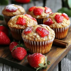 - 1 cup rolled oats - 1 cup all-purpose flour - 1/2 cup packed brown sugar - 2 teaspoons baking powder - 1/2 teaspoon baking soda - 1/4 teaspoon salt - 1 teaspoon ground cinnamon - 2 ripe bananas, mashed - 1/2 cup Greek yogurt (or applesauce) - 1/4 cup honey or maple syrup - 1/4 cup vegetable oil or melted coconut oil - 1 teaspoon pure vanilla extract - 1 cup fresh strawberries, chopped - Optional: 1/2 cup chopped nuts For the perfect strawberry banana oat muffins, I recommend using fresh, ripe ingredients. The oats provide a hearty base. They add fiber and texture. The bananas must be very ripe for natural sweetness. They also make the muffins moist. Greek yogurt adds creaminess and protein. If you prefer, you can swap it with applesauce. It will still keep your muffins moist. Honey or maple syrup gives a lovely sweetness. Use the one you like more. You can also add chopped nuts for a crunch. Walnuts or pecans work great in this recipe. They add flavor and a nice bite. - Substituting Greek yogurt for applesauce - Using different sweeteners like agave syrup If you want a lighter option, use applesauce instead of Greek yogurt. This swap keeps the muffins tasty and moist. You can also try agave syrup as a sweetener. It has a lower glycemic index than regular sugar. - Muffin tin and liners - Mixing bowls and whisk - Measuring cups and spoons You will need a muffin tin lined with paper liners. This helps to remove the muffins easily after baking. A mixing bowl and whisk are essential for combining ingredients. Measuring cups and spoons ensure your ingredients are spot on. These tools make the process smooth and fun. Enjoy baking your muffins! 1. Preheat your oven to 350°F (175°C). This helps the muffins bake evenly. 2. Prepare your muffin tin by lining it with paper liners. You can also lightly grease it with cooking spray or oil. 3. In a large bowl, mix together the dry ingredients: rolled oats, all-purpose flour, brown sugar, baking powder, baking soda, salt, and cinnamon. Whisk them until they blend well. 4. In another bowl, mash the ripe bananas until smooth. Then, stir in the Greek yogurt or applesauce, honey or maple syrup, vegetable oil, and vanilla extract. Mix until smooth. 5. Pour the wet mixture into the bowl with dry ingredients. Use a spatula to fold them together gently. Don’t overmix; it's okay if some lumps remain. 6. Now, add the chopped strawberries and optional nuts to the batter. Fold them in carefully, so they distribute evenly without breaking apart. 7. Fill each muffin cup about two-thirds full with the batter. This gives the muffins space to rise. 8. Place the muffin tin in the preheated oven. Bake for 18 to 20 minutes. The muffins should be golden brown. 9. To check if they are done, insert a toothpick into the center of a muffin. If it comes out clean or with a few crumbs, your muffins are ready! 10. Let the muffins cool in the tin for about 5 minutes. After that, transfer them to a wire rack. This helps them cool completely and keeps them from getting soggy. To make your muffins fluffy, avoid overmixing the batter. When you mix wet and dry ingredients, stop when you see a few lumps. This keeps the muffins light. Use ripe bananas for the best sweetness and moisture. The riper they are, the better they taste. Add a dash of vanilla or almond extract for extra flavor. It makes the muffins smell amazing. Fresh strawberries taste best, but you can use frozen ones too. If using frozen, let them thaw first to avoid too much moisture. Baking times can change based on your oven type. Keep an eye on your muffins in the last few minutes. To store muffins, let them cool, then place them in an airtight container. This keeps them fresh for several days. If you want to save them longer, freeze them. Just thaw when you want a tasty treat. You can find the full recipe [Full Recipe]. {{image_4}} You can mix up your muffins by using different fruits. Here are two fun ideas: - Blueberry Banana Oat Muffins: Swap strawberries for blueberries. They add a sweet burst of flavor and pair well with bananas. - Apple Cinnamon Oat Muffins: Change it up by adding chopped apples and extra cinnamon. This option gives a cozy taste that feels like fall. If you have dietary needs, there are easy swaps for this recipe: - Gluten-free alternatives for flour: Try using almond flour or oat flour instead of all-purpose flour. Both give a great texture without gluten. - Vegan substitutes for yogurt and honey: Use almond yogurt or coconut yogurt in place of Greek yogurt. For honey, agave syrup works well and keeps it vegan-friendly. You can make your muffins even more exciting with a few extras: - Adding chocolate chips or spices: Toss in some dark chocolate chips for a sweet touch. You can also sprinkle in nutmeg or cardamom for warmth. - Introducing seeds like chia or flaxseed: Adding a tablespoon of chia or flaxseed boosts nutrition. They add fiber and healthy fats without changing the taste. For more details on how to bake these muffins, check out the Full Recipe. To keep your strawberry banana oat muffins fresh at room temperature, place them in an airtight container. This helps maintain moisture. You can also line the container with paper towels. This absorbs excess moisture, which keeps the muffins soft. Store them away from direct sunlight. They will stay good for about three days. If you want to save muffins for later, freezing is a great option. First, let them cool completely. Then, wrap each muffin tightly in plastic wrap. After that, place them in a freezer bag. Be sure to remove as much air as you can. This way, they can last for up to three months in the freezer. When you're ready to enjoy a muffin, reheating is easy. The best method is to use a microwave. Just place a muffin on a microwave-safe plate. Heat it for about 15 to 20 seconds. Check to see if it's warmed through. You can also use an oven. Preheat it to 350°F (175°C). Place the muffins on a baking sheet for about 5 to 10 minutes. This method gives a nice crisp outside. After reheating, serve them warm. You can add a pat of butter or a sprinkle of cinnamon for extra flavor. Muffins last different amounts of time based on how you store them. At room temperature, they last about three days. If you keep them in the fridge, they can last up to a week. In the freezer, as mentioned, they stay fresh for three months. Look for signs of spoilage. If you see mold or notice an off smell, it’s best to toss them out. A dry or hard texture also means they are past their prime. Enjoy your muffins while they are still fresh and tasty! For the full recipe, check out the details above. Yes, you can use whole wheat flour. It adds a nutty flavor and more fiber. You might need less liquid, as whole wheat absorbs more moisture. Start with the same amount, but check the batter. If it seems dry, add a little milk or water. Whole wheat flour makes your muffins heartier and more filling. You can add many fun ingredients! Consider mixing in: - Chopped nuts like walnuts or pecans for crunch. - Seeds such as sunflower or pumpkin seeds for extra nutrition. - Dried fruits like raisins or cranberries for sweetness. These add-ins boost flavor and texture, making your muffins even better. To help muffins rise, follow these steps: - Use fresh baking powder and baking soda; they lose power over time. - Don’t overmix the batter. A few lumps are okay; mixing too much makes them dense. - Fill muffin cups about two-thirds full. Too little or too much batter affects the rise. These tips will help you bake perfect, fluffy muffins every time. For the complete recipe, check the Full Recipe section. You now have a full guide to make delicious muffins. We covered essential ingredients, preparation steps, and clever tips to enhance flavor and texture. Remember, ripe bananas and careful mixing are key to success. Explore variations and dietary modifications to suit your needs. With proper storage, your muffins will stay fresh longer. Enjoy your baking journey and experiment with flavors. Muffins should be fun and tasty, so get creative! Happy baking, and enjoy every bite!