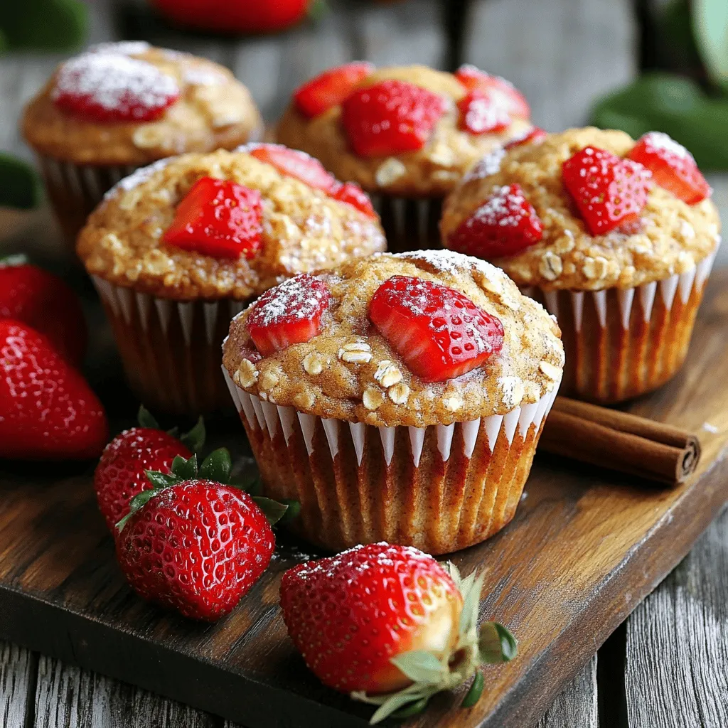 - 1 cup rolled oats - 1 cup all-purpose flour - 1/2 cup packed brown sugar - 2 teaspoons baking powder - 1/2 teaspoon baking soda - 1/4 teaspoon salt - 1 teaspoon ground cinnamon - 2 ripe bananas, mashed - 1/2 cup Greek yogurt (or applesauce) - 1/4 cup honey or maple syrup - 1/4 cup vegetable oil or melted coconut oil - 1 teaspoon pure vanilla extract - 1 cup fresh strawberries, chopped - Optional: 1/2 cup chopped nuts For the perfect strawberry banana oat muffins, I recommend using fresh, ripe ingredients. The oats provide a hearty base. They add fiber and texture. The bananas must be very ripe for natural sweetness. They also make the muffins moist. Greek yogurt adds creaminess and protein. If you prefer, you can swap it with applesauce. It will still keep your muffins moist. Honey or maple syrup gives a lovely sweetness. Use the one you like more. You can also add chopped nuts for a crunch. Walnuts or pecans work great in this recipe. They add flavor and a nice bite. - Substituting Greek yogurt for applesauce - Using different sweeteners like agave syrup If you want a lighter option, use applesauce instead of Greek yogurt. This swap keeps the muffins tasty and moist. You can also try agave syrup as a sweetener. It has a lower glycemic index than regular sugar. - Muffin tin and liners - Mixing bowls and whisk - Measuring cups and spoons You will need a muffin tin lined with paper liners. This helps to remove the muffins easily after baking. A mixing bowl and whisk are essential for combining ingredients. Measuring cups and spoons ensure your ingredients are spot on. These tools make the process smooth and fun. Enjoy baking your muffins! 1. Preheat your oven to 350°F (175°C). This helps the muffins bake evenly. 2. Prepare your muffin tin by lining it with paper liners. You can also lightly grease it with cooking spray or oil. 3. In a large bowl, mix together the dry ingredients: rolled oats, all-purpose flour, brown sugar, baking powder, baking soda, salt, and cinnamon. Whisk them until they blend well. 4. In another bowl, mash the ripe bananas until smooth. Then, stir in the Greek yogurt or applesauce, honey or maple syrup, vegetable oil, and vanilla extract. Mix until smooth. 5. Pour the wet mixture into the bowl with dry ingredients. Use a spatula to fold them together gently. Don’t overmix; it's okay if some lumps remain. 6. Now, add the chopped strawberries and optional nuts to the batter. Fold them in carefully, so they distribute evenly without breaking apart. 7. Fill each muffin cup about two-thirds full with the batter. This gives the muffins space to rise. 8. Place the muffin tin in the preheated oven. Bake for 18 to 20 minutes. The muffins should be golden brown. 9. To check if they are done, insert a toothpick into the center of a muffin. If it comes out clean or with a few crumbs, your muffins are ready! 10. Let the muffins cool in the tin for about 5 minutes. After that, transfer them to a wire rack. This helps them cool completely and keeps them from getting soggy. To make your muffins fluffy, avoid overmixing the batter. When you mix wet and dry ingredients, stop when you see a few lumps. This keeps the muffins light. Use ripe bananas for the best sweetness and moisture. The riper they are, the better they taste. Add a dash of vanilla or almond extract for extra flavor. It makes the muffins smell amazing. Fresh strawberries taste best, but you can use frozen ones too. If using frozen, let them thaw first to avoid too much moisture. Baking times can change based on your oven type. Keep an eye on your muffins in the last few minutes. To store muffins, let them cool, then place them in an airtight container. This keeps them fresh for several days. If you want to save them longer, freeze them. Just thaw when you want a tasty treat. You can find the full recipe [Full Recipe]. {{image_4}} You can mix up your muffins by using different fruits. Here are two fun ideas: - Blueberry Banana Oat Muffins: Swap strawberries for blueberries. They add a sweet burst of flavor and pair well with bananas. - Apple Cinnamon Oat Muffins: Change it up by adding chopped apples and extra cinnamon. This option gives a cozy taste that feels like fall. If you have dietary needs, there are easy swaps for this recipe: - Gluten-free alternatives for flour: Try using almond flour or oat flour instead of all-purpose flour. Both give a great texture without gluten. - Vegan substitutes for yogurt and honey: Use almond yogurt or coconut yogurt in place of Greek yogurt. For honey, agave syrup works well and keeps it vegan-friendly. You can make your muffins even more exciting with a few extras: - Adding chocolate chips or spices: Toss in some dark chocolate chips for a sweet touch. You can also sprinkle in nutmeg or cardamom for warmth. - Introducing seeds like chia or flaxseed: Adding a tablespoon of chia or flaxseed boosts nutrition. They add fiber and healthy fats without changing the taste. For more details on how to bake these muffins, check out the Full Recipe. To keep your strawberry banana oat muffins fresh at room temperature, place them in an airtight container. This helps maintain moisture. You can also line the container with paper towels. This absorbs excess moisture, which keeps the muffins soft. Store them away from direct sunlight. They will stay good for about three days. If you want to save muffins for later, freezing is a great option. First, let them cool completely. Then, wrap each muffin tightly in plastic wrap. After that, place them in a freezer bag. Be sure to remove as much air as you can. This way, they can last for up to three months in the freezer. When you're ready to enjoy a muffin, reheating is easy. The best method is to use a microwave. Just place a muffin on a microwave-safe plate. Heat it for about 15 to 20 seconds. Check to see if it's warmed through. You can also use an oven. Preheat it to 350°F (175°C). Place the muffins on a baking sheet for about 5 to 10 minutes. This method gives a nice crisp outside. After reheating, serve them warm. You can add a pat of butter or a sprinkle of cinnamon for extra flavor. Muffins last different amounts of time based on how you store them. At room temperature, they last about three days. If you keep them in the fridge, they can last up to a week. In the freezer, as mentioned, they stay fresh for three months. Look for signs of spoilage. If you see mold or notice an off smell, it’s best to toss them out. A dry or hard texture also means they are past their prime. Enjoy your muffins while they are still fresh and tasty! For the full recipe, check out the details above. Yes, you can use whole wheat flour. It adds a nutty flavor and more fiber. You might need less liquid, as whole wheat absorbs more moisture. Start with the same amount, but check the batter. If it seems dry, add a little milk or water. Whole wheat flour makes your muffins heartier and more filling. You can add many fun ingredients! Consider mixing in: - Chopped nuts like walnuts or pecans for crunch. - Seeds such as sunflower or pumpkin seeds for extra nutrition. - Dried fruits like raisins or cranberries for sweetness. These add-ins boost flavor and texture, making your muffins even better. To help muffins rise, follow these steps: - Use fresh baking powder and baking soda; they lose power over time. - Don’t overmix the batter. A few lumps are okay; mixing too much makes them dense. - Fill muffin cups about two-thirds full. Too little or too much batter affects the rise. These tips will help you bake perfect, fluffy muffins every time. For the complete recipe, check the Full Recipe section. You now have a full guide to make delicious muffins. We covered essential ingredients, preparation steps, and clever tips to enhance flavor and texture. Remember, ripe bananas and careful mixing are key to success. Explore variations and dietary modifications to suit your needs. With proper storage, your muffins will stay fresh longer. Enjoy your baking journey and experiment with flavors. Muffins should be fun and tasty, so get creative! Happy baking, and enjoy every bite!